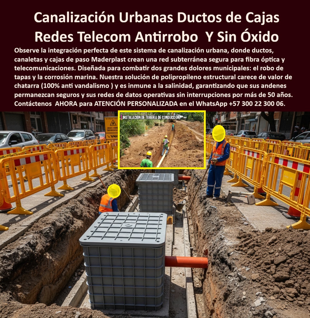 Canalizaciones Caja Tapa Marcos Urbanismo Canales Ductos Canaletas Maderplast 0 Canalizaciones con caja tapa marcos urbanismo moderno Cajas de paso redes subterráneas Telecom y fibra óptica Caja de inspección resistente a salinidad mar costa