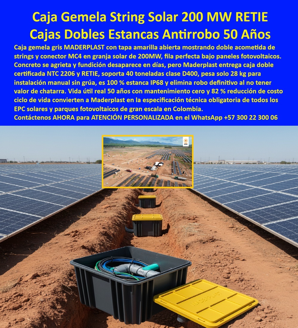 Proyectos Solares Caja Plástica Cámara Conexiones Granjas Solares Maderplast 0 caja gemela string solar 200 MW caja doble acometida solar RETIE caja parques solares 40 ton caja string double instalación 28 kg caja gemela solar 82 ahorro PP