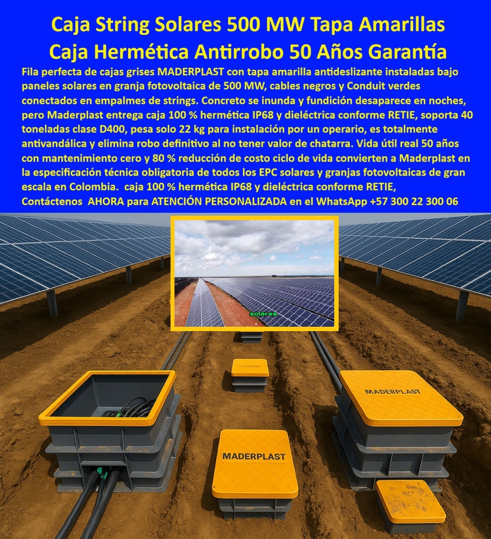 Proyectos Solares Caja Plástica Cámara Conexiones Granjas Solares Maderplast 0 caja string solar 500 MW tapa amarilla caja empalmes fotovoltaica hermética caja paso solar 40 toneladas antivandálica caja string granja solar 80 ahorro Retie