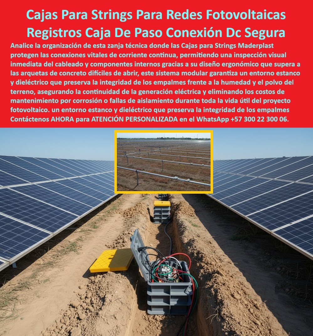 Strings Pozos Parques Solares Cajas Fotovoltaicas Caja Energía Solar Maderplast 0 Cajas strings solares fotovoltaicos subterráneas Registro subterráneo energía solar DC estanco Caja paso con tapa amarilla seguridad eléctrica Arqueta eléctrica