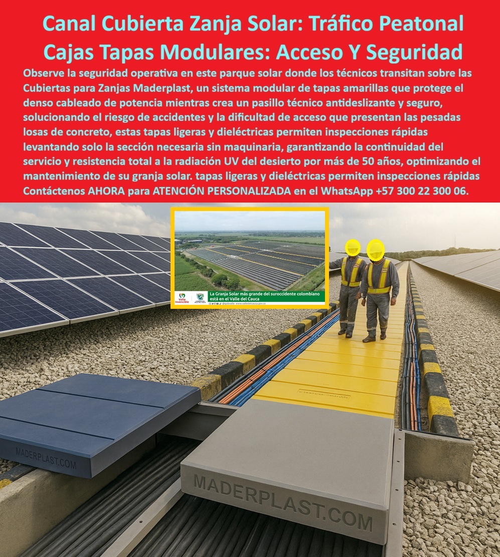 Strings Pozos Parques Solares Cajas Fotovoltaicas Caja Energía Solar Maderplast 0 Cubiertas para zanjas de cables en parques solares Tapas modulares tráfico peatonal fotovoltaica Pasillo técnico solar antideslizante seguridad Caja subterránea