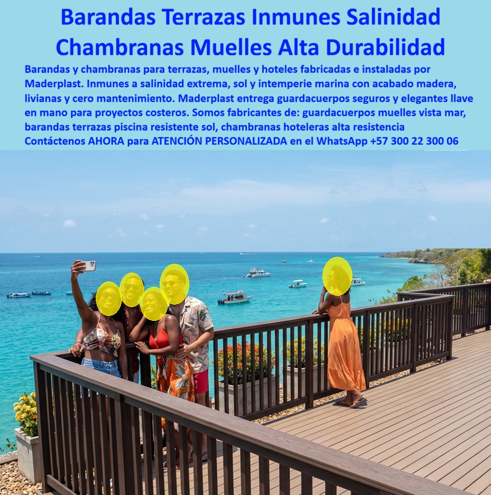 Barandas Terrazas Inmunes A La Salinidad Baranda Madera Maderplast Chambranas muelles de alta resistencia al sol extremo Guardacuerpos con Vista al Mar Livianos Alta Durabilidad Vallado Perimetral Terraza Hotel Resistente Intemperie Marina a