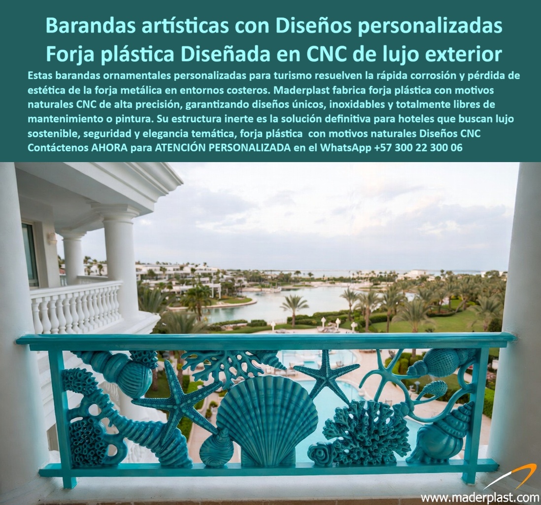 Forja Artística Plástica CNC Barandales artísticos personalizados Maderplast Barandas Ornamentales Personalizadas Para Turismo Forja Plástica con Motivos Naturales CNC para Barandales y Divisiones Cerramientos forjados modernos acero plástico