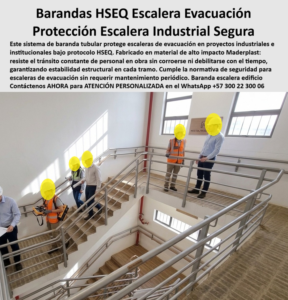 Pasamanos Escaleras De Emergencia Baranda Edificio Maderplast Sistemas De Protección Escaleras HSEQ Barandales HSEQ Escaleras De Evacuación Protecciones de evacuación seguras sin mantenimiento Barandas De Seguridad Escaleras Industriales PP