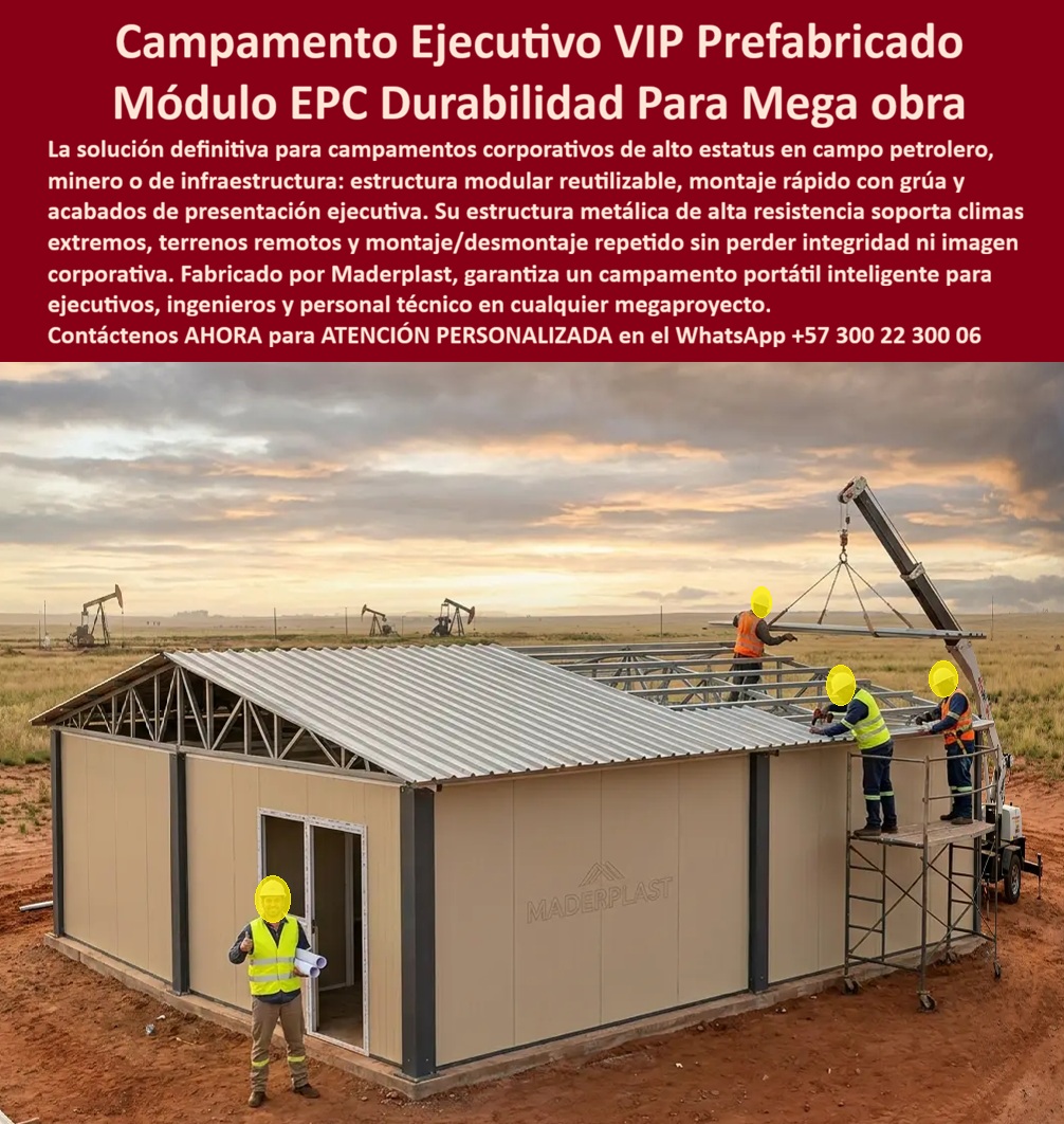 Campamentos Portátiles Inteligentes Campamentos Ejecutivos VIP Maderplast - Campamentos Ejecutivos VIP Prefabricados: Infraestructura Corporativa Modular para Megaobras, Minería, Petróleo y Proyectos EPC La imagen presenta un campamento ejecutivo VIP prefabricado desarrollado para convertirse en el centro administrativo y operativo de proyectos de gran envergadura. Se observa una estructura modular durante su proceso de ensamblaje, donde la rapidez de instalación, la precisión industrial y la calidad arquitectónica permiten disponer en pocos días de instalaciones corporativas listas para operar. Este tipo de infraestructura responde a las necesidades de empresas EPC (Engineering, Procurement and Construction), compañías mineras, petroleras, energéticas, constructoras y concesionarias que requieren espacios administrativos de alto nivel en lugares remotos, manteniendo la imagen corporativa, la comodidad del personal directivo y la eficiencia operativa desde el inicio del proyecto. En una megaobra, el campamento ejecutivo es mucho más que una oficina temporal. Es el lugar donde se toman decisiones técnicas, se realizan reuniones con clientes, interventores y entidades gubernamentales, se administra la logística del proyecto y se coordina el trabajo de cientos o miles de personas. Por ello, los campamentos portátiles inteligentes, los campamentos ejecutivos VIP, los campamentos corporativos para megaobras, los módulos administrativos EPC, las oficinas modulares premium, los campamentos reutilizables de alto estatus, los edificios administrativos transportables y las estructuras modulares de alta durabilidad representan una solución estratégica para compañías que buscan combinar eficiencia, imagen institucional y rentabilidad de largo plazo. Uno de los principales beneficios de esta tecnología consiste en la velocidad de implementación. Mientras una oficina convencional puede requerir largos periodos de construcción, un módulo ejecutivo desarrollado por Maderplast puede fabricarse industrialmente, transportarse hasta el sitio del proyecto e instalarse mediante equipos de izaje en un tiempo considerablemente menor. Esta rapidez permite iniciar actividades administrativas desde las primeras etapas de la obra, reduciendo tiempos improductivos y facilitando la coordinación integral del proyecto. La verdadera diferencia aparece cuando se analiza la vida útil de la infraestructura. Al finalizar una obra, el campamento no pierde su valor. Su diseño modular permite desmontarlo, transportarlo y utilizarlo en un nuevo proyecto sin necesidad de construir nuevamente toda la infraestructura administrativa. Esta capacidad convierte al campamento en un activo reutilizable que acompaña el crecimiento de la empresa durante múltiples contratos, reduciendo significativamente la inversión acumulada en oficinas temporales y mejorando el retorno del capital. Desde el punto de vista técnico, los materiales de ingeniería desarrollados por Maderplast ofrecen excelente comportamiento frente a humedad, radiación ultravioleta, ambientes corrosivos, insectos, termitas y condiciones climáticas severas. Esta resistencia disminuye considerablemente los costos de mantenimiento y permite que la infraestructura conserve su apariencia ejecutiva aun después de numerosos procesos de transporte, montaje y desmontaje. Para proyectos ubicados en zonas petroleras, mineras, selvas, costas, desiertos o regiones montañosas, esta característica representa una ventaja operacional y económica de gran importancia. La flexibilidad del sistema permite desarrollar configuraciones completamente personalizadas. Los módulos pueden incorporar oficinas gerenciales, salas de juntas, centros de control, áreas de ingeniería, recepción, auditorios, dormitorios ejecutivos, comedores VIP, salas de capacitación, centros médicos, laboratorios, módulos de telecomunicaciones y espacios especializados, integrando todos los servicios necesarios dentro de una infraestructura moderna, eficiente y fácilmente ampliable conforme evolucionan las necesidades del proyecto. Para empresas constructoras, compañías EPC, operadores mineros, petroleros y desarrolladores de infraestructura, la decisión debe evaluarse desde el costo total de propiedad. Un campamento reutilizable, transportable y de alta durabilidad reduce inversiones repetitivas, disminuye tiempos de instalación, minimiza mantenimientos y mantiene una excelente imagen corporativa durante muchos años. Bajo este enfoque, la infraestructura deja de ser un gasto temporal para convertirse en un activo estratégico que genera valor proyecto tras proyecto. Maderplast desarrolla estos campamentos ejecutivos VIP mediante procesos industriales especializados, diseño modular propio y fabricación personalizada de soluciones para grandes proyectos. La empresa opera bajo sistemas certificados ISO 9001 para gestión de calidad e ISO 14001 para gestión ambiental, ofreciendo diseño arquitectónico, ingeniería, fabricación, transporte, instalación y acompañamiento técnico integral. Cada campamento puede adaptarse al número de usuarios, condiciones climáticas, ubicación geográfica y requerimientos específicos del cliente, garantizando una solución completamente personalizada. Diversas compañías de infraestructura, minería, energía, hidrocarburos y construcción han implementado soluciones modulares desarrolladas por Maderplast buscando reducir tiempos de movilización y optimizar sus costos operativos. Por acuerdos de confidencialidad no se publican todos los proyectos ejecutados, pero la empresa puede presentar referencias comerciales, antecedentes de suministro, renders, planos arquitectónicos, modelos tridimensionales y propuestas técnicas específicas para cada proyecto. Además, puede desarrollar soluciones llave en mano que integren todas las áreas administrativas y operativas requeridas para una megaobra. Invertir en campamentos portátiles inteligentes, campamentos ejecutivos VIP, oficinas modulares corporativas, estructuras reutilizables para megaobras, módulos administrativos EPC y campamentos premium de alta durabilidad significa dotar a la organización de una infraestructura preparada para crecer junto con sus proyectos. Más que construir una oficina temporal, representa adquirir una plataforma corporativa reutilizable que reduce costos, acelera el inicio de operaciones, fortalece la imagen institucional y acompaña a la empresa durante muchos años. Para organizaciones que buscan eficiencia, movilidad, presentación ejecutiva y rentabilidad sostenida, las soluciones modulares desarrolladas por Maderplast constituyen una inversión respaldada por ingeniería, innovación y fabricación especializada. Descripción Ficha técnica Resumida del producto: Campamentos ejecutivos VIP prefabricados, oficinas modulares EPC, campamentos corporativos reutilizables, estructuras portátiles inteligentes y módulos administrativos para minería, petróleo, energía y megaobras. Soluciones Maderplast con rápida instalación, alta durabilidad, excelente presentación corporativa y reutilización para múltiples proyectos. Contáctenos ahora mismo por WhatsApp y reciba atención personalizada de un asesor especializado: +57 300 22 300 06. Campamentos de obra reutilizables de alto estatus y presentación corporativa, Campamentos Portátiles de Alta Durabilidad, Campamentos Corporativos Megaobras, VIPs Campamentos Portátiles Inteligentes Campamentos Ejecutivos VIP Maderplast Campamentos de obra reutilizables de alto estatus y presentación corporativa Campamentos Portátiles de Alta Durabilidad Campamentos Corporativos Megaobras VIPs Campamentos Ejecutivos VIP Prefabricados: Infraestructura Corporativa Modular para Megaobras, Minería, Petróleo y Proyectos EPC La imagen presenta un campamento ejecutivo VIP prefabricado desarrollado para convertirse en el centro administrativo y operativo de proyectos de gran envergadura. Se observa una estructura modular durante su proceso de ensamblaje, donde la rapidez de instalación, la precisión industrial y la calidad arquitectónica permiten disponer en pocos días de instalaciones corporativas listas para operar. Este tipo de infraestructura responde a las necesidades de empresas EPC (Engineering, Procurement and Construction), compañías mineras, petroleras, energéticas, constructoras y concesionarias que requieren espacios administrativos de alto nivel en lugares remotos, manteniendo la imagen corporativa, la comodidad del personal directivo y la eficiencia operativa desde el inicio del proyecto. En una megaobra, el campamento ejecutivo es mucho más que una oficina temporal. Es el lugar donde se toman decisiones técnicas, se realizan reuniones con clientes, interventores y entidades gubernamentales, se administra la logística del proyecto y se coordina el trabajo de cientos o miles de personas. Por ello, los campamentos portátiles inteligentes, los campamentos ejecutivos VIP, los campamentos corporativos para megaobras, los módulos administrativos EPC, las oficinas modulares premium, los campamentos reutilizables de alto estatus, los edificios administrativos transportables y las estructuras modulares de alta durabilidad representan una solución estratégica para compañías que buscan combinar eficiencia, imagen institucional y rentabilidad de largo plazo. Uno de los principales beneficios de esta tecnología consiste en la velocidad de implementación. Mientras una oficina convencional puede requerir largos periodos de construcción, un módulo ejecutivo desarrollado por Maderplast puede fabricarse industrialmente, transportarse hasta el sitio del proyecto e instalarse mediante equipos de izaje en un tiempo considerablemente menor. Esta rapidez permite iniciar actividades administrativas desde las primeras etapas de la obra, reduciendo tiempos improductivos y facilitando la coordinación integral del proyecto. La verdadera diferencia aparece cuando se analiza la vida útil de la infraestructura. Al finalizar una obra, el campamento no pierde su valor. Su diseño modular permite desmontarlo, transportarlo y utilizarlo en un nuevo proyecto sin necesidad de construir nuevamente toda la infraestructura administrativa. Esta capacidad convierte al campamento en un activo reutilizable que acompaña el crecimiento de la empresa durante múltiples contratos, reduciendo significativamente la inversión acumulada en oficinas temporales y mejorando el retorno del capital. Desde el punto de vista técnico, los materiales de ingeniería desarrollados por Maderplast ofrecen excelente comportamiento frente a humedad, radiación ultravioleta, ambientes corrosivos, insectos, termitas y condiciones climáticas severas. Esta resistencia disminuye considerablemente los costos de mantenimiento y permite que la infraestructura conserve su apariencia ejecutiva aun después de numerosos procesos de transporte, montaje y desmontaje. Para proyectos ubicados en zonas petroleras, mineras, selvas, costas, desiertos o regiones montañosas, esta característica representa una ventaja operacional y económica de gran importancia. La flexibilidad del sistema permite desarrollar configuraciones completamente personalizadas. Los módulos pueden incorporar oficinas gerenciales, salas de juntas, centros de control, áreas de ingeniería, recepción, auditorios, dormitorios ejecutivos, comedores VIP, salas de capacitación, centros médicos, laboratorios, módulos de telecomunicaciones y espacios especializados, integrando todos los servicios necesarios dentro de una infraestructura moderna, eficiente y fácilmente ampliable conforme evolucionan las necesidades del proyecto. Para empresas constructoras, compañías EPC, operadores mineros, petroleros y desarrolladores de infraestructura, la decisión debe evaluarse desde el costo total de propiedad. Un campamento reutilizable, transportable y de alta durabilidad reduce inversiones repetitivas, disminuye tiempos de instalación, minimiza mantenimientos y mantiene una excelente imagen corporativa durante muchos años. Bajo este enfoque, la infraestructura deja de ser un gasto temporal para convertirse en un activo estratégico que genera valor proyecto tras proyecto. Maderplast desarrolla estos campamentos ejecutivos VIP mediante procesos industriales especializados, diseño modular propio y fabricación personalizada de soluciones para grandes proyectos. La empresa opera bajo sistemas certificados ISO 9001 para gestión de calidad e ISO 14001 para gestión ambiental, ofreciendo diseño arquitectónico, ingeniería, fabricación, transporte, instalación y acompañamiento técnico integral. Cada campamento puede adaptarse al número de usuarios, condiciones climáticas, ubicación geográfica y requerimientos específicos del cliente, garantizando una solución completamente personalizada. Diversas compañías de infraestructura, minería, energía, hidrocarburos y construcción han implementado soluciones modulares desarrolladas por Maderplast buscando reducir tiempos de movilización y optimizar sus costos operativos. Por acuerdos de confidencialidad no se publican todos los proyectos ejecutados, pero la empresa puede presentar referencias comerciales, antecedentes de suministro, renders, planos arquitectónicos, modelos tridimensionales y propuestas técnicas específicas para cada proyecto. Además, puede desarrollar soluciones llave en mano que integren todas las áreas administrativas y operativas requeridas para una megaobra. Invertir en campamentos portátiles inteligentes, campamentos ejecutivos VIP, oficinas modulares corporativas, estructuras reutilizables para megaobras, módulos administrativos EPC y campamentos premium de alta durabilidad significa dotar a la organización de una infraestructura preparada para crecer junto con sus proyectos. Más que construir una oficina temporal, representa adquirir una plataforma corporativa reutilizable que reduce costos, acelera el inicio de operaciones, fortalece la imagen institucional y acompaña a la empresa durante muchos años. Para organizaciones que buscan eficiencia, movilidad, presentación ejecutiva y rentabilidad sostenida, las soluciones modulares desarrolladas por Maderplast constituyen una inversión respaldada por ingeniería, innovación y fabricación especializada. Descripción Ficha técnica Resumida del producto: Campamentos ejecutivos VIP prefabricados, oficinas modulares EPC, campamentos corporativos reutilizables, estructuras portátiles inteligentes y módulos administrativos para minería, petróleo, energía y megaobras. Soluciones Maderplast con rápida instalación, alta durabilidad, excelente presentación corporativa y reutilización para múltiples proyectos. Contáctenos ahora mismo por WhatsApp y reciba atención personalizada de un asesor especializado: +57 300 22 300 06.