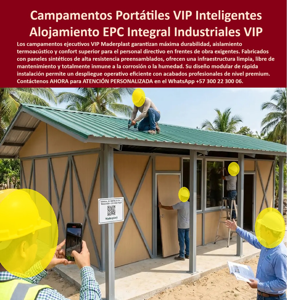Campamentos Portátiles Inteligentes Campamentos Ejecutivos VIP Maderplast - Campamentos portátiles VIP inteligentes resuelven una necesidad distinta a la del campamento operativo estándar de una obra: alojar y dar oficina digna al personal directivo y ejecutivo que visita o permanece en un frente de obra exigente, sin que la comodidad quede subordinada a la lógica de "es temporal, así que no importa el acabado". El sistema modular Maderplast está diseñado exactamente para esa exigencia, con paneles preensamblados de alta resistencia que entregan un acabado profesional de nivel premium desde el primer día de instalación. La diferencia frente a un campamento improvisado en madera, lámina o contenedor reciclado es evidente en el detalle: estructura con paneles sintéticos que no absorben humedad ni se deforman con el calor, techo con cubierta de fijación segura para climas de alta radiación solar, y un ensamble documentado —el mismo módulo incluye su manual de instalación y traslado con código QR, permitiendo que la cuadrilla arme la estructura siguiendo un procedimiento estandarizado, sin depender de mano de obra altamente especializada ni de conocimiento no documentado que se pierde cuando cambia el personal de montaje. Para el personal directivo que pasa semanas o meses en un frente de obra remoto, el confort no es un lujo accesorio, es una condición que afecta directamente el desempeño y la retención del talento técnico en proyectos exigentes. Un campamento con buen desempeño térmico y acústico, altamente resistente a la corrosión y la humedad, y con acabados limpios y uniformes, cambia radicalmente la experiencia de habitar un campamento de obra frente a la alternativa tradicional de estructuras metálicas o de madera que se deterioran rápido y ofrecen poco confort real. Este mismo estándar de calidad aplica tanto para alojamiento ejecutivo como para oficinas de campo, permitiendo que un proyecto EPC mantenga una imagen profesional consistente frente a clientes, interventoría o visitantes externos que evalúan el proyecto también por la calidad de su infraestructura temporal — un detalle que en licitaciones y auditorías de gran escala sí se tiene en cuenta. Para el personal directivo que pasa semanas o meses en un frente de obra remoto, el confort no es un lujo accesorio, es una condición que afecta directamente el desempeño y la retención del talento técnico en proyectos exigentes. El polipropileno de alta densidad que utiliza Maderplast está respaldado en ensayo documentado como aislante térmico y acústico real, no solo como propiedad teórica del material: en prueba de aislamiento acústico con micrófono de alta sensibilidad a campo abierto, una barrera de este polipropileno redujo el nivel de sonido de 120 a 80 decibeles, una atenuación considerable en términos de percepción auditiva real. En prueba de aislamiento térmico, un recinto llevado a 70 grados centígrados en su interior mantuvo esa temperatura interna estable durante horas, mientras la superficie exterior de la barrera de polipropileno se mantuvo entre 21 y 35 grados centígrados, evidenciando una capacidad de aislamiento térmico consistente en el tiempo, no solo en el instante inicial de contacto. Aplicado al panel de un campamento, esto se traduce en interiores que no absorben el calor extremo de la cubierta ni transmiten el ruido de la actividad de obra con la intensidad de una estructura metálica convencional, altamente resistente además a la corrosión y la humedad, con acabados limpios y uniformes que cambian radicalmente la experiencia de habitar un campamento de obra frente a la alternativa tradicional. Cuando su proyecto requiera campamentos ejecutivos VIP o alojamiento de personal directivo en frentes de obra industriales, nuestro equipo de ingeniería puede diseñar la configuración de confort y acabado que su equipo directivo necesita. Escríbenos: (+57) 300 22 300 06 — ingenieria@maderplast.co. Maderplast: infraestructura temporal con estándar de acabado permanente, para el personal que dirige sus proyectos más exigentes. Video sugerido para este bloque: Casa plástica Maderplast — https://www.youtube.com/watch?v=TbUhZ6y9vrM Sistemas Integrales de Campamentos Industriales, Campamentos con Acabado Profesional, Campamentos de obra termoacústicos con acabados limpios listos para usar VIP Campamentos Portátiles Inteligentes Campamentos Ejecutivos VIP Maderplast Sistemas Integrales de Campamentos Industriales Campamentos con Acabado Profesional Campamentos de obra termoacústicos con acabados limpios listos para usar VIP Campamentos portátiles VIP inteligentes resuelven una necesidad distinta a la del campamento operativo estándar de una obra: alojar y dar oficina digna al personal directivo y ejecutivo que visita o permanece en un frente de obra exigente, sin que la comodidad quede subordinada a la lógica de "es temporal, así que no importa el acabado". El sistema modular Maderplast está diseñado exactamente para esa exigencia, con paneles preensamblados de alta resistencia que entregan un acabado profesional de nivel premium desde el primer día de instalación. La diferencia frente a un campamento improvisado en madera, lámina o contenedor reciclado es evidente en el detalle: estructura con paneles sintéticos que no absorben humedad ni se deforman con el calor, techo con cubierta de fijación segura para climas de alta radiación solar, y un ensamble documentado —el mismo módulo incluye su manual de instalación y traslado con código QR, permitiendo que la cuadrilla arme la estructura siguiendo un procedimiento estandarizado, sin depender de mano de obra altamente especializada ni de conocimiento no documentado que se pierde cuando cambia el personal de montaje. Para el personal directivo que pasa semanas o meses en un frente de obra remoto, el confort no es un lujo accesorio, es una condición que afecta directamente el desempeño y la retención del talento técnico en proyectos exigentes. Un campamento con buen desempeño térmico y acústico, altamente resistente a la corrosión y la humedad, y con acabados limpios y uniformes, cambia radicalmente la experiencia de habitar un campamento de obra frente a la alternativa tradicional de estructuras metálicas o de madera que se deterioran rápido y ofrecen poco confort real. Este mismo estándar de calidad aplica tanto para alojamiento ejecutivo como para oficinas de campo, permitiendo que un proyecto EPC mantenga una imagen profesional consistente frente a clientes, interventoría o visitantes externos que evalúan el proyecto también por la calidad de su infraestructura temporal — un detalle que en licitaciones y auditorías de gran escala sí se tiene en cuenta. Para el personal directivo que pasa semanas o meses en un frente de obra remoto, el confort no es un lujo accesorio, es una condición que afecta directamente el desempeño y la retención del talento técnico en proyectos exigentes. El polipropileno de alta densidad que utiliza Maderplast está respaldado en ensayo documentado como aislante térmico y acústico real, no solo como propiedad teórica del material: en prueba de aislamiento acústico con micrófono de alta sensibilidad a campo abierto, una barrera de este polipropileno redujo el nivel de sonido de 120 a 80 decibeles, una atenuación considerable en términos de percepción auditiva real. En prueba de aislamiento térmico, un recinto llevado a 70 grados centígrados en su interior mantuvo esa temperatura interna estable durante horas, mientras la superficie exterior de la barrera de polipropileno se mantuvo entre 21 y 35 grados centígrados, evidenciando una capacidad de aislamiento térmico consistente en el tiempo, no solo en el instante inicial de contacto. Aplicado al panel de un campamento, esto se traduce en interiores que no absorben el calor extremo de la cubierta ni transmiten el ruido de la actividad de obra con la intensidad de una estructura metálica convencional, altamente resistente además a la corrosión y la humedad, con acabados limpios y uniformes que cambian radicalmente la experiencia de habitar un campamento de obra frente a la alternativa tradicional. Cuando su proyecto requiera campamentos ejecutivos VIP o alojamiento de personal directivo en frentes de obra industriales, nuestro equipo de ingeniería puede diseñar la configuración de confort y acabado que su equipo directivo necesita. Escríbenos: (+57) 300 22 300 06 — ingenieria@maderplast.co. Maderplast: infraestructura temporal con estándar de acabado permanente, para el personal que dirige sus proyectos más exigentes. Video sugerido para este bloque: Casa plástica Maderplast — https://www.youtube.com/watch?v=TbUhZ6y9vrM