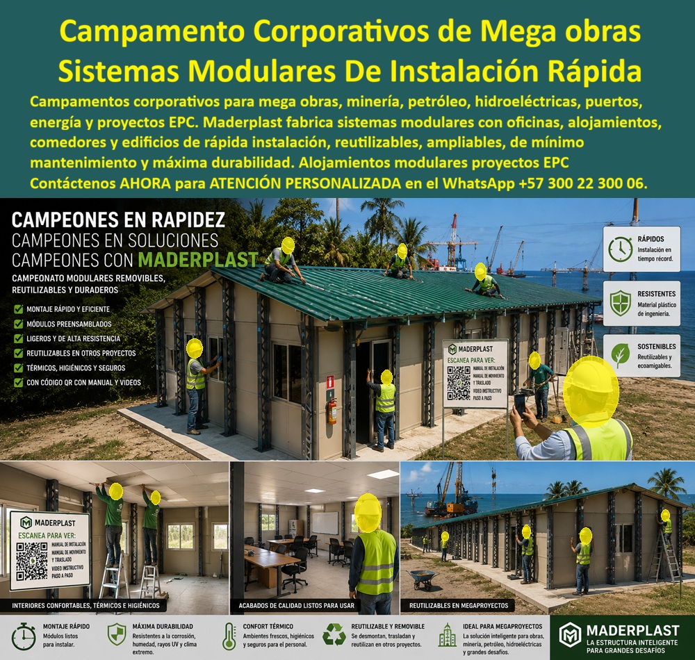 Campamentos Prefabricados Alta Calidad Smart Campamento Maderplast - Campamentos corporativos para mega obras llevan el sistema modular Maderplast a su versión más completa: no solo la estructura y la envolvente resistente, sino el espacio ya terminado y listo para operar, con oficinas amobladas, iluminación funcional y áreas de trabajo que un equipo directivo puede ocupar el mismo día que se entrega el módulo. Esta es la diferencia entre instalar un campamento y entregar una sede de proyecto completamente operativa desde el primer día. Este es, de hecho, el mismo razonamiento que lleva a Maderplast un paso adelante de la formaleta convencional: cuando un cliente necesita encofrado y fundir una pared en concreto para construir las oficinas o alojamientos de su mega obra, Maderplast plantea una alternativa más eficiente — en lugar de fabricar el molde para que el cliente funda su propia pared, entrega la pared ya terminada en polipropileno de alta resistencia, lista para ensamblar, trasladar y reutilizar en el siguiente proyecto. Se elimina el proceso completo de fundición, curado y acabado, y el cliente recibe directamente la solución final con las mismas propiedades de resistencia que ya demuestran los sistemas de encofrado Maderplast, sin pasar por el vaciado de concreto. Para minería, petróleo, hidroeléctricas, puertos y proyectos de energía —los sectores donde la escala y la ubicación remota, muchas veces costera, elevan la exigencia sobre cualquier infraestructura temporal—, el sistema modular Maderplast ofrece montaje rápido con módulos pre ensamblados, ligeros y de alta resistencia, que se instalan en tiempo récord incluso en frentes de obra de difícil acceso como los que exige la construcción costera o marítima de gran escala. Cada módulo incluye su propio código QR con manual de instalación, manual de movimiento y traslado, y video instructivo paso a paso, permitiendo que cualquier cuadrilla, sin necesidad de personal altamente especializado, arme y desarme la estructura siguiendo un procedimiento documentado y estandarizado. La resistencia a la corrosión, la humedad, los rayos UV y el clima extremo no es una promesa aislada: se traduce en interiores confortables, térmicos e higiénicos que protegen tanto al personal como a los equipos de oficina instalados dentro, incluso en proyectos ubicados en ambientes costeros de alta exposición salina o climas tropicales de humedad constante. Y cuando la fase del proyecto concluye o el frente de obra se traslada, el mismo módulo se desmonta, se traslada y se reutiliza en el siguiente proyecto, protegiendo la inversión inicial en infraestructura corporativa en lugar de convertirla en un activo de un solo uso. Cuando su mega obra requiera campamentos corporativos completos, con oficinas, alojamientos y comedores integrados, nuestro equipo de ingeniería puede diseñar el sistema modular ampliable que su proyecto necesita, desde la fase inicial hasta su eventual traslado a la siguiente etapa. Escríbenos: (+57) 300 22 300 06 — ingenieria@maderplast.co. Maderplast: la estructura inteligente para los desafíos más grandes, lista para trabajar desde el primer día. Video sugerido para este bloque: Formaletas y camillas para placas Maderplast — https://www.youtube.com/watch?v=IwzorusG2ss Sistemas de alojamiento y oficinas de obra, Campamentos 00 Campamentos Prefabricados Alta Calidad Smart Campamento Maderplast Sistemas de alojamiento y oficinas de obra Campamentos 00 Campamentos corporativos para mega obras llevan el sistema modular Maderplast a su versión más completa: no solo la estructura y la envolvente resistente, sino el espacio ya terminado y listo para operar, con oficinas amobladas, iluminación funcional y áreas de trabajo que un equipo directivo puede ocupar el mismo día que se entrega el módulo. Esta es la diferencia entre instalar un campamento y entregar una sede de proyecto completamente operativa desde el primer día. Este es, de hecho, el mismo razonamiento que lleva a Maderplast un paso adelante de la formaleta convencional: cuando un cliente necesita encofrado y fundir una pared en concreto para construir las oficinas o alojamientos de su mega obra, Maderplast plantea una alternativa más eficiente — en lugar de fabricar el molde para que el cliente funda su propia pared, entrega la pared ya terminada en polipropileno de alta resistencia, lista para ensamblar, trasladar y reutilizar en el siguiente proyecto. Se elimina el proceso completo de fundición, curado y acabado, y el cliente recibe directamente la solución final con las mismas propiedades de resistencia que ya demuestran los sistemas de encofrado Maderplast, sin pasar por el vaciado de concreto. Para minería, petróleo, hidroeléctricas, puertos y proyectos de energía —los sectores donde la escala y la ubicación remota, muchas veces costera, elevan la exigencia sobre cualquier infraestructura temporal—, el sistema modular Maderplast ofrece montaje rápido con módulos pre ensamblados, ligeros y de alta resistencia, que se instalan en tiempo récord incluso en frentes de obra de difícil acceso como los que exige la construcción costera o marítima de gran escala. Cada módulo incluye su propio código QR con manual de instalación, manual de movimiento y traslado, y video instructivo paso a paso, permitiendo que cualquier cuadrilla, sin necesidad de personal altamente especializado, arme y desarme la estructura siguiendo un procedimiento documentado y estandarizado. La resistencia a la corrosión, la humedad, los rayos UV y el clima extremo no es una promesa aislada: se traduce en interiores confortables, térmicos e higiénicos que protegen tanto al personal como a los equipos de oficina instalados dentro, incluso en proyectos ubicados en ambientes costeros de alta exposición salina o climas tropicales de humedad constante. Y cuando la fase del proyecto concluye o el frente de obra se traslada, el mismo módulo se desmonta, se traslada y se reutiliza en el siguiente proyecto, protegiendo la inversión inicial en infraestructura corporativa en lugar de convertirla en un activo de un solo uso. Cuando su mega obra requiera campamentos corporativos completos, con oficinas, alojamientos y comedores integrados, nuestro equipo de ingeniería puede diseñar el sistema modular ampliable que su proyecto necesita, desde la fase inicial hasta su eventual traslado a la siguiente etapa. Escríbenos: (+57) 300 22 300 06 — ingenieria@maderplast.co. Maderplast: la estructura inteligente para los desafíos más grandes, lista para trabajar desde el primer día. Video sugerido para este bloque: Formaletas y camillas para placas Maderplast — https://www.youtube.com/watch?v=IwzorusG2ss