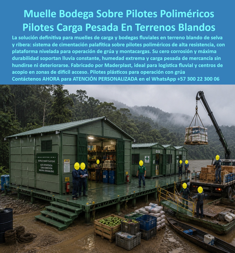 Estructura Palafítica Construcciones Elevadas Sobre Pilotes Maderplast - Muelles Industriales y Bodegas Fluviales sobre Pilotes Poliméricos: Cimentación de Alta Capacidad para Terrenos Blandos, Riberas y Zonas Inundables La imagen presenta un moderno muelle logístico con bodega elevada sobre pilotes poliméricos, diseñado para operar de manera permanente en una de las condiciones más exigentes para la ingeniería civil: terrenos blandos con alta humedad, variaciones permanentes del nivel del agua y operación continua de carga pesada. Se observa una plataforma elevada que integra bodegas, zonas de almacenamiento, áreas de cargue y descargue, circulación de personal y operación con grúa, conformando una infraestructura especializada para centros logísticos fluviales, puertos interiores, estaciones de abastecimiento, bases operativas y proyectos ubicados en selvas, riberas y humedales. La utilización de un sistema de cimentación palafítica sobre pilotes poliméricos permite desarrollar instalaciones estables y duraderas donde las soluciones convencionales suelen enfrentar elevados costos de mantenimiento y una rápida degradación. En regiones amazónicas, cuencas hidrográficas, zonas de manglar, llanuras inundables y corredores fluviales, el terreno presenta características geotécnicas que requieren soluciones de cimentación especialmente diseñadas para soportar cargas permanentes y acciones dinámicas asociadas a la operación logística. Los pilotes poliméricos para cimentación, los sistemas palafíticos para terrenos blandos, las estructuras elevadas para zonas de inundación, las plataformas industriales sobre pilotes, los muelles de carga fluvial, las bodegas elevadas, los centros logísticos ribereños y las infraestructuras para transporte fluvial constituyen una alternativa moderna para desarrollar proyectos con elevados niveles de durabilidad y disponibilidad operativa. La función principal de una cimentación palafítica consiste en transmitir las cargas estructurales hacia estratos competentes del subsuelo mediante pilotes diseñados específicamente para las condiciones geotécnicas del sitio. Esta configuración permite mantener la infraestructura elevada sobre el nivel del terreno natural, facilitando el paso del agua durante crecientes, reduciendo el riesgo de afectación por inundaciones y disminuyendo significativamente la alteración del entorno. Cuando el proyecto requiere operar con montacargas, grúas, almacenamiento de mercancías o tránsito constante de vehículos y personal, la plataforma elevada se convierte en un elemento fundamental para garantizar la continuidad de las operaciones. Los materiales de ingeniería desarrollados por Maderplast aportan ventajas especialmente importantes para este tipo de infraestructura. Su comportamiento frente a humedad permanente, salinidad, organismos biológicos, radiación ultravioleta e insectos permite disminuir considerablemente las necesidades de mantenimiento respecto a sistemas susceptibles a la corrosión, la pudrición o el deterioro biológico. Esta mayor resistencia contribuye a prolongar la vida útil de la infraestructura y a reducir los costos asociados a reparaciones, sustituciones y paradas operativas. Las aplicaciones de este sistema abarcan una amplia variedad de proyectos: muelles de carga, puertos fluviales, centros de distribución, estaciones de abastecimiento, bodegas industriales, plataformas para minería, instalaciones petroleras, terminales logísticas, bases militares, infraestructura para atención de emergencias, proyectos turísticos, centros de investigación ambiental y cualquier otra instalación que deba operar de forma permanente en zonas con presencia constante de agua o suelos de baja capacidad portante. Desde el punto de vista de la ingeniería estructural, cada proyecto debe desarrollarse mediante estudios geotécnicos, análisis hidráulicos, evaluación de cargas operacionales y diseño estructural específico de acuerdo con la normativa vigente y las condiciones particulares del sitio. La longitud de los pilotes, su distribución, capacidad portante, interacción suelo-estructura y comportamiento frente a acciones dinámicas deben ser definidos mediante cálculos realizados por profesionales competentes. Los sistemas desarrollados por Maderplast forman parte de una solución integral que debe adaptarse técnicamente a las necesidades específicas de cada proyecto. La construcción modular constituye otra ventaja relevante. Gran parte de los componentes estructurales pueden fabricarse previamente en planta bajo condiciones controladas y posteriormente transportarse al sitio para un ensamblaje rápido, reduciendo tiempos de construcción, disminuyendo el impacto ambiental y facilitando futuras ampliaciones o modificaciones de la infraestructura conforme evolucionan las necesidades logísticas de la operación. Maderplast desarrolla estos sistemas de cimentación palafítica mediante procesos industriales especializados, diseño estructural personalizado y fabricación de componentes de ingeniería adaptados a ambientes altamente agresivos. La empresa trabaja bajo sistemas certificados ISO 9001 para gestión de calidad e ISO 14001 para gestión ambiental, ofreciendo diseño, fabricación, transporte, instalación y acompañamiento técnico para proyectos portuarios, industriales, turísticos, institucionales y logísticos. Asimismo, puede desarrollar soluciones completamente personalizadas para muelles, plataformas, bodegas, centros de distribución, pasarelas, embarcaderos y estructuras especiales sobre pilotes. Diversos proyectos desarrollados por Maderplast han incorporado soluciones elevadas para ambientes húmedos, costeros y fluviales buscando incrementar la durabilidad de la infraestructura y disminuir los costos de mantenimiento. Por razones de confidencialidad no se publican todos los desarrollos ejecutados, pero la empresa puede presentar referencias comerciales, modelos tridimensionales, renders, estudios conceptuales y propuestas técnicas adaptadas a cada necesidad. La incorporación de pilotes poliméricos para cimentación, estructuras elevadas para zonas inundables, muelles industriales sobre pilotes, bodegas fluviales de alta durabilidad, plataformas logísticas palafíticas, centros de distribución ribereños y sistemas constructivos modulares representa una inversión orientada a garantizar continuidad operativa, proteger la infraestructura y reducir significativamente los costos de mantenimiento durante toda la vida útil del proyecto. Más que construir una plataforma elevada, significa desarrollar una solución de ingeniería preparada para operar permanentemente en algunos de los ambientes más complejos que enfrenta la infraestructura moderna. Descripción Ficha técnica Resumida del producto: Pilotes poliméricos para cimentación, muelles industriales, bodegas fluviales, estructuras elevadas para terrenos blandos, plataformas logísticas y sistemas palafíticos para zonas inundables. Soluciones Maderplast de alta durabilidad, bajo mantenimiento y excelente desempeño en ambientes húmedos, ribereños y costeros. Contáctenos ahora mismo por WhatsApp y reciba atención personalizada de un asesor especializado: +57 300 22 300 06. Pilotes Poliméricos para Cimentación, Sistema de Cimentación Palafítica para Terrenos Blandos, Estructura sobre pilotes para zonas de inundación, Pilotes plásticos A Estructura Palafítica Construcciones Elevadas Sobre Pilotes Maderplast Pilotes Poliméricos para Cimentación Sistema de Cimentación Palafítica para Terrenos Blandos Estructura sobre pilotes para zonas de inundación Pilotes plásticos A Muelles Industriales y Bodegas Fluviales sobre Pilotes Poliméricos: Cimentación de Alta Capacidad para Terrenos Blandos, Riberas y Zonas Inundables La imagen presenta un moderno muelle logístico con bodega elevada sobre pilotes poliméricos, diseñado para operar de manera permanente en una de las condiciones más exigentes para la ingeniería civil: terrenos blandos con alta humedad, variaciones permanentes del nivel del agua y operación continua de carga pesada. Se observa una plataforma elevada que integra bodegas, zonas de almacenamiento, áreas de cargue y descargue, circulación de personal y operación con grúa, conformando una infraestructura especializada para centros logísticos fluviales, puertos interiores, estaciones de abastecimiento, bases operativas y proyectos ubicados en selvas, riberas y humedales. La utilización de un sistema de cimentación palafítica sobre pilotes poliméricos permite desarrollar instalaciones estables y duraderas donde las soluciones convencionales suelen enfrentar elevados costos de mantenimiento y una rápida degradación. En regiones amazónicas, cuencas hidrográficas, zonas de manglar, llanuras inundables y corredores fluviales, el terreno presenta características geotécnicas que requieren soluciones de cimentación especialmente diseñadas para soportar cargas permanentes y acciones dinámicas asociadas a la operación logística. Los pilotes poliméricos para cimentación, los sistemas palafíticos para terrenos blandos, las estructuras elevadas para zonas de inundación, las plataformas industriales sobre pilotes, los muelles de carga fluvial, las bodegas elevadas, los centros logísticos ribereños y las infraestructuras para transporte fluvial constituyen una alternativa moderna para desarrollar proyectos con elevados niveles de durabilidad y disponibilidad operativa. La función principal de una cimentación palafítica consiste en transmitir las cargas estructurales hacia estratos competentes del subsuelo mediante pilotes diseñados específicamente para las condiciones geotécnicas del sitio. Esta configuración permite mantener la infraestructura elevada sobre el nivel del terreno natural, facilitando el paso del agua durante crecientes, reduciendo el riesgo de afectación por inundaciones y disminuyendo significativamente la alteración del entorno. Cuando el proyecto requiere operar con montacargas, grúas, almacenamiento de mercancías o tránsito constante de vehículos y personal, la plataforma elevada se convierte en un elemento fundamental para garantizar la continuidad de las operaciones. Los materiales de ingeniería desarrollados por Maderplast aportan ventajas especialmente importantes para este tipo de infraestructura. Su comportamiento frente a humedad permanente, salinidad, organismos biológicos, radiación ultravioleta e insectos permite disminuir considerablemente las necesidades de mantenimiento respecto a sistemas susceptibles a la corrosión, la pudrición o el deterioro biológico. Esta mayor resistencia contribuye a prolongar la vida útil de la infraestructura y a reducir los costos asociados a reparaciones, sustituciones y paradas operativas. Las aplicaciones de este sistema abarcan una amplia variedad de proyectos: muelles de carga, puertos fluviales, centros de distribución, estaciones de abastecimiento, bodegas industriales, plataformas para minería, instalaciones petroleras, terminales logísticas, bases militares, infraestructura para atención de emergencias, proyectos turísticos, centros de investigación ambiental y cualquier otra instalación que deba operar de forma permanente en zonas con presencia constante de agua o suelos de baja capacidad portante. Desde el punto de vista de la ingeniería estructural, cada proyecto debe desarrollarse mediante estudios geotécnicos, análisis hidráulicos, evaluación de cargas operacionales y diseño estructural específico de acuerdo con la normativa vigente y las condiciones particulares del sitio. La longitud de los pilotes, su distribución, capacidad portante, interacción suelo-estructura y comportamiento frente a acciones dinámicas deben ser definidos mediante cálculos realizados por profesionales competentes. Los sistemas desarrollados por Maderplast forman parte de una solución integral que debe adaptarse técnicamente a las necesidades específicas de cada proyecto. La construcción modular constituye otra ventaja relevante. Gran parte de los componentes estructurales pueden fabricarse previamente en planta bajo condiciones controladas y posteriormente transportarse al sitio para un ensamblaje rápido, reduciendo tiempos de construcción, disminuyendo el impacto ambiental y facilitando futuras ampliaciones o modificaciones de la infraestructura conforme evolucionan las necesidades logísticas de la operación. Maderplast desarrolla estos sistemas de cimentación palafítica mediante procesos industriales especializados, diseño estructural personalizado y fabricación de componentes de ingeniería adaptados a ambientes altamente agresivos. La empresa trabaja bajo sistemas certificados ISO 9001 para gestión de calidad e ISO 14001 para gestión ambiental, ofreciendo diseño, fabricación, transporte, instalación y acompañamiento técnico para proyectos portuarios, industriales, turísticos, institucionales y logísticos. Asimismo, puede desarrollar soluciones completamente personalizadas para muelles, plataformas, bodegas, centros de distribución, pasarelas, embarcaderos y estructuras especiales sobre pilotes. Diversos proyectos desarrollados por Maderplast han incorporado soluciones elevadas para ambientes húmedos, costeros y fluviales buscando incrementar la durabilidad de la infraestructura y disminuir los costos de mantenimiento. Por razones de confidencialidad no se publican todos los desarrollos ejecutados, pero la empresa puede presentar referencias comerciales, modelos tridimensionales, renders, estudios conceptuales y propuestas técnicas adaptadas a cada necesidad. La incorporación de pilotes poliméricos para cimentación, estructuras elevadas para zonas inundables, muelles industriales sobre pilotes, bodegas fluviales de alta durabilidad, plataformas logísticas palafíticas, centros de distribución ribereños y sistemas constructivos modulares representa una inversión orientada a garantizar continuidad operativa, proteger la infraestructura y reducir significativamente los costos de mantenimiento durante toda la vida útil del proyecto. Más que construir una plataforma elevada, significa desarrollar una solución de ingeniería preparada para operar permanentemente en algunos de los ambientes más complejos que enfrenta la infraestructura moderna. Descripción Ficha técnica Resumida del producto: Pilotes poliméricos para cimentación, muelles industriales, bodegas fluviales, estructuras elevadas para terrenos blandos, plataformas logísticas y sistemas palafíticos para zonas inundables. Soluciones Maderplast de alta durabilidad, bajo mantenimiento y excelente desempeño en ambientes húmedos, ribereños y costeros. Contáctenos ahora mismo por WhatsApp y reciba atención personalizada de un asesor especializado: +57 300 22 300 06.