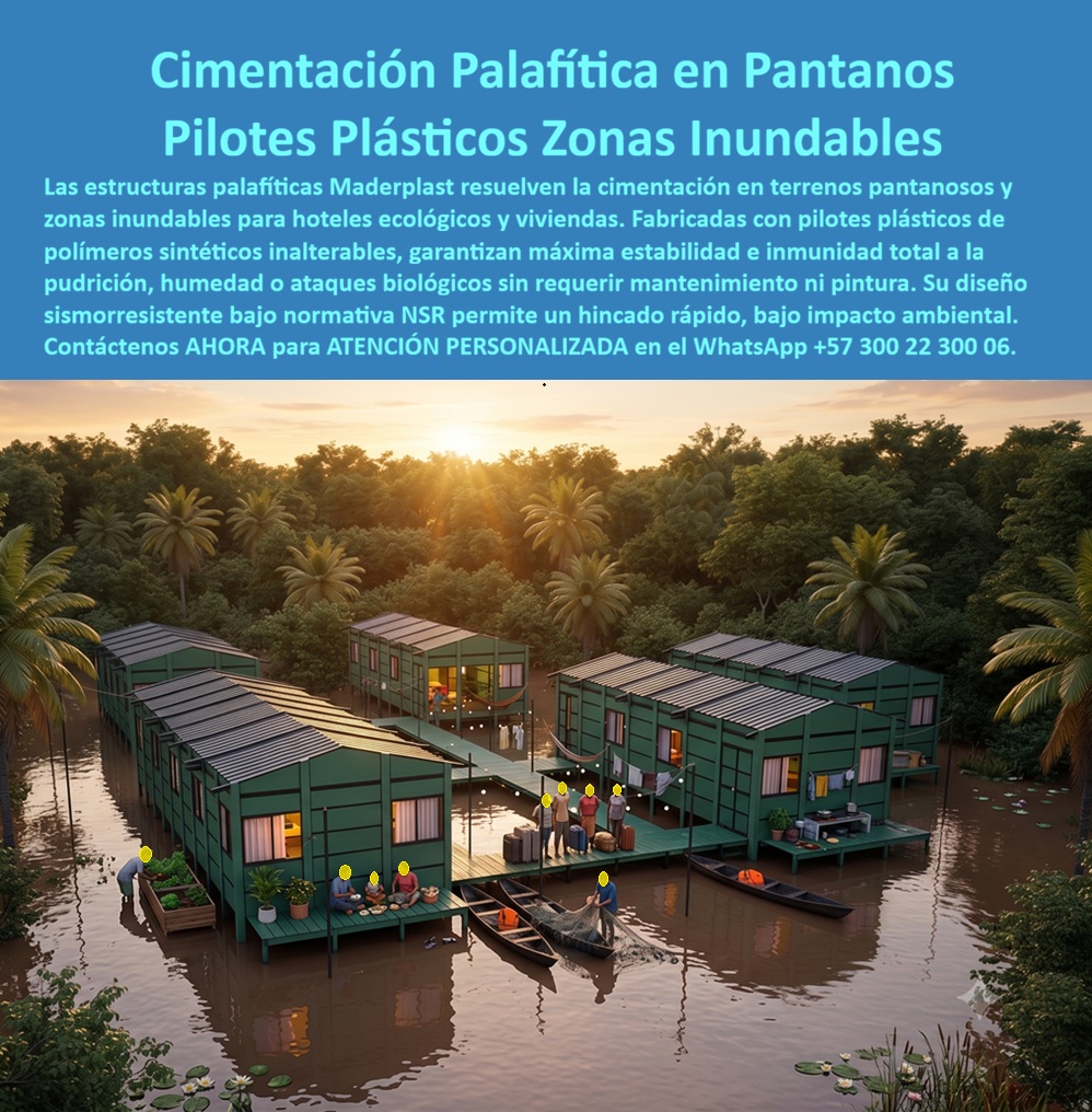 Estructura Palafítica Construcciones Elevadas Sobre Pilotes Maderplast - Viviendas Palafíticas de Alta Durabilidad: Sistemas de Cimentación sobre Pilotes para Ríos, Humedales, Costas y Terrenos Inundables La imagen presenta una vivienda palafítica de alta durabilidad construida sobre un sistema de pilotes permanentes, diseñada para operar con seguridad en ambientes donde las construcciones convencionales presentan grandes dificultades técnicas. Ríos, humedales, lagunas, ciénagas, manglares, costas marinas y terrenos inundables exigen soluciones estructurales capaces de convivir permanentemente con el agua, la humedad y la acción biológica sin perder estabilidad ni generar elevados costos de mantenimiento. En este contexto, el sistema constructivo palafítico sobre pilotes permanentes, las viviendas elevadas, la cimentación palafítica en plástico de ingeniería, los pilotes estructurales de alta durabilidad y las soluciones desarrolladas por Maderplast constituyen una alternativa orientada a incrementar la vida útil de la infraestructura y reducir significativamente los costos de operación durante décadas. Las cimentaciones tradicionales construidas con materiales susceptibles a la corrosión, pudrición o ataque biológico suelen requerir intervenciones periódicas, especialmente cuando permanecen expuestas de forma continua a humedad, agua salobre o ambientes tropicales. La degradación progresiva de los elementos estructurales genera elevados costos de mantenimiento y puede comprometer la seguridad de la edificación con el paso del tiempo. Por ello, las viviendas palafíticas, los pilotes permanentes, las estructuras elevadas para zonas inundables, las cimentaciones para humedales, las plataformas habitacionales sobre pilotes, los sistemas estructurales para lagos y ríos y las construcciones ecológicas de larga duración representan una solución de ingeniería diseñada específicamente para este tipo de escenarios. El principio fundamental de una construcción palafítica consiste en separar la edificación del terreno natural mediante pilotes estructurales que transmiten las cargas hacia estratos competentes, permitiendo que el agua circule libremente por debajo de la vivienda. Esta configuración reduce el riesgo asociado a inundaciones periódicas, facilita la adaptación a variaciones del nivel del agua y disminuye la alteración del ecosistema circundante. En proyectos ubicados sobre riberas, lagunas, ciénagas o áreas costeras, esta estrategia constituye una de las soluciones más utilizadas por la ingeniería moderna para armonizar infraestructura y medio ambiente. Los materiales de ingeniería desarrollados por Maderplast aportan ventajas importantes para este tipo de aplicaciones. Su excelente comportamiento frente a humedad permanente, salinidad, radiación ultravioleta, organismos biológicos e insectos reduce considerablemente las necesidades de mantenimiento respecto a sistemas tradicionales expuestos durante años a ambientes altamente agresivos. Para propietarios, inversionistas turísticos y entidades públicas, esta mayor durabilidad representa menores costos de conservación y una mayor disponibilidad de la infraestructura durante toda su vida útil. Las aplicaciones de estos sistemas abarcan mucho más que viviendas particulares. También pueden emplearse en hoteles ecológicos, eco lodges, glampings, reservas naturales, centros de investigación, estaciones ambientales, restaurantes flotantes, plataformas recreativas, muelles, senderos elevados, observatorios de fauna, viviendas rurales, proyectos turísticos sostenibles e infraestructura para comunidades ubicadas en zonas ribereñas o costeras. La modularidad facilita además futuras ampliaciones sin modificar significativamente la estructura existente. Desde el punto de vista estructural, cada proyecto debe desarrollarse mediante estudios geotécnicos, análisis de cargas, cálculos estructurales y diseños específicos acordes con la normativa vigente y las condiciones particulares del terreno. Factores como el tipo de suelo, profundidad de los estratos resistentes, nivel freático, velocidad de la corriente, acciones del viento, comportamiento sísmico y condiciones ambientales deben ser evaluados por profesionales competentes antes de definir la solución definitiva. La tecnología desarrollada por Maderplast constituye un componente del sistema constructivo, el cual debe integrarse dentro de un diseño de ingeniería completo para garantizar el desempeño esperado. Otro beneficio importante de la construcción modular palafítica es la rapidez de instalación. Gran parte de los componentes pueden fabricarse previamente bajo condiciones industriales controladas y posteriormente ensamblarse en el sitio de la obra, reduciendo tiempos de ejecución y minimizando el impacto ambiental durante la construcción. Esta característica resulta especialmente valiosa en regiones de difícil acceso donde las ventanas climáticas para ejecutar obras suelen ser limitadas. Maderplast desarrolla estos sistemas constructivos palafíticos mediante procesos industriales especializados, diseño estructural personalizado y fabricación de componentes adaptados a las necesidades específicas de cada proyecto. La empresa trabaja bajo sistemas certificados ISO 9001 para gestión de calidad e ISO 14001 para gestión ambiental, ofreciendo ingeniería, fabricación, instalación y acompañamiento técnico para proyectos turísticos, institucionales, residenciales e industriales. Asimismo, puede desarrollar soluciones completamente personalizadas para viviendas, hoteles, plataformas, pasarelas, muelles y edificaciones especiales en ambientes acuáticos. Diversos proyectos desarrollados por Maderplast han incorporado soluciones elevadas para ambientes húmedos y costeros buscando reducir costos de mantenimiento y aumentar la durabilidad de la infraestructura. Por acuerdos de confidencialidad no se divulgan públicamente todos los proyectos ejecutados, pero la empresa puede presentar referencias comerciales, estudios de caso, modelos tridimensionales, renders y propuestas técnicas adaptadas a las condiciones específicas de cada cliente. La incorporación de viviendas palafíticas de alta durabilidad, pilotes permanentes de ingeniería, cimentaciones para terrenos inundables, estructuras elevadas para humedales, plataformas habitacionales sobre pilotes, infraestructura ecológica y sistemas constructivos modulares representa una inversión orientada a proteger el patrimonio, reducir costos ocultos y garantizar una infraestructura preparada para convivir con el agua durante muchos años. Más que construir una vivienda elevada, significa desarrollar una solución de ingeniería concebida para ofrecer estabilidad, durabilidad, bajo mantenimiento y adaptación permanente a uno de los ambientes más exigentes para cualquier sistema constructivo. Descripción Ficha técnica Resumida del producto: Viviendas palafíticas de alta durabilidad, pilotes permanentes, cimentación en plástico de ingeniería, estructuras elevadas para ríos, humedales, lagunas y costas. Soluciones Maderplast para proyectos turísticos, ecológicos e infraestructura con alta resistencia, bajo mantenimiento y diseño adaptable a zonas inundables. Contáctenos ahora mismo por WhatsApp y reciba atención personalizada de un asesor especializado: +57 300 22 300 06. pilotes pantanos cimentación para zonas inundables, hoteles palafíticos ecológicos, Pilotes plásticos para cimentaciones en zonas inundables, Vivienda palafítica NSR Estructura Palafítica Construcciones Elevadas Sobre Pilotes Maderplast pilotes pantanos cimentación para zonas inundables hoteles palafíticos ecológicos Pilotes plásticos para cimentaciones en zonas inundables Vivienda palafítica NSR Viviendas Palafíticas de Alta Durabilidad: Sistemas de Cimentación sobre Pilotes para Ríos, Humedales, Costas y Terrenos Inundables La imagen presenta una vivienda palafítica de alta durabilidad construida sobre un sistema de pilotes permanentes, diseñada para operar con seguridad en ambientes donde las construcciones convencionales presentan grandes dificultades técnicas. Ríos, humedales, lagunas, ciénagas, manglares, costas marinas y terrenos inundables exigen soluciones estructurales capaces de convivir permanentemente con el agua, la humedad y la acción biológica sin perder estabilidad ni generar elevados costos de mantenimiento. En este contexto, el sistema constructivo palafítico sobre pilotes permanentes, las viviendas elevadas, la cimentación palafítica en plástico de ingeniería, los pilotes estructurales de alta durabilidad y las soluciones desarrolladas por Maderplast constituyen una alternativa orientada a incrementar la vida útil de la infraestructura y reducir significativamente los costos de operación durante décadas. Las cimentaciones tradicionales construidas con materiales susceptibles a la corrosión, pudrición o ataque biológico suelen requerir intervenciones periódicas, especialmente cuando permanecen expuestas de forma continua a humedad, agua salobre o ambientes tropicales. La degradación progresiva de los elementos estructurales genera elevados costos de mantenimiento y puede comprometer la seguridad de la edificación con el paso del tiempo. Por ello, las viviendas palafíticas, los pilotes permanentes, las estructuras elevadas para zonas inundables, las cimentaciones para humedales, las plataformas habitacionales sobre pilotes, los sistemas estructurales para lagos y ríos y las construcciones ecológicas de larga duración representan una solución de ingeniería diseñada específicamente para este tipo de escenarios. El principio fundamental de una construcción palafítica consiste en separar la edificación del terreno natural mediante pilotes estructurales que transmiten las cargas hacia estratos competentes, permitiendo que el agua circule libremente por debajo de la vivienda. Esta configuración reduce el riesgo asociado a inundaciones periódicas, facilita la adaptación a variaciones del nivel del agua y disminuye la alteración del ecosistema circundante. En proyectos ubicados sobre riberas, lagunas, ciénagas o áreas costeras, esta estrategia constituye una de las soluciones más utilizadas por la ingeniería moderna para armonizar infraestructura y medio ambiente. Los materiales de ingeniería desarrollados por Maderplast aportan ventajas importantes para este tipo de aplicaciones. Su excelente comportamiento frente a humedad permanente, salinidad, radiación ultravioleta, organismos biológicos e insectos reduce considerablemente las necesidades de mantenimiento respecto a sistemas tradicionales expuestos durante años a ambientes altamente agresivos. Para propietarios, inversionistas turísticos y entidades públicas, esta mayor durabilidad representa menores costos de conservación y una mayor disponibilidad de la infraestructura durante toda su vida útil. Las aplicaciones de estos sistemas abarcan mucho más que viviendas particulares. También pueden emplearse en hoteles ecológicos, eco lodges, glampings, reservas naturales, centros de investigación, estaciones ambientales, restaurantes flotantes, plataformas recreativas, muelles, senderos elevados, observatorios de fauna, viviendas rurales, proyectos turísticos sostenibles e infraestructura para comunidades ubicadas en zonas ribereñas o costeras. La modularidad facilita además futuras ampliaciones sin modificar significativamente la estructura existente. Desde el punto de vista estructural, cada proyecto debe desarrollarse mediante estudios geotécnicos, análisis de cargas, cálculos estructurales y diseños específicos acordes con la normativa vigente y las condiciones particulares del terreno. Factores como el tipo de suelo, profundidad de los estratos resistentes, nivel freático, velocidad de la corriente, acciones del viento, comportamiento sísmico y condiciones ambientales deben ser evaluados por profesionales competentes antes de definir la solución definitiva. La tecnología desarrollada por Maderplast constituye un componente del sistema constructivo, el cual debe integrarse dentro de un diseño de ingeniería completo para garantizar el desempeño esperado. Otro beneficio importante de la construcción modular palafítica es la rapidez de instalación. Gran parte de los componentes pueden fabricarse previamente bajo condiciones industriales controladas y posteriormente ensamblarse en el sitio de la obra, reduciendo tiempos de ejecución y minimizando el impacto ambiental durante la construcción. Esta característica resulta especialmente valiosa en regiones de difícil acceso donde las ventanas climáticas para ejecutar obras suelen ser limitadas. Maderplast desarrolla estos sistemas constructivos palafíticos mediante procesos industriales especializados, diseño estructural personalizado y fabricación de componentes adaptados a las necesidades específicas de cada proyecto. La empresa trabaja bajo sistemas certificados ISO 9001 para gestión de calidad e ISO 14001 para gestión ambiental, ofreciendo ingeniería, fabricación, instalación y acompañamiento técnico para proyectos turísticos, institucionales, residenciales e industriales. Asimismo, puede desarrollar soluciones completamente personalizadas para viviendas, hoteles, plataformas, pasarelas, muelles y edificaciones especiales en ambientes acuáticos. Diversos proyectos desarrollados por Maderplast han incorporado soluciones elevadas para ambientes húmedos y costeros buscando reducir costos de mantenimiento y aumentar la durabilidad de la infraestructura. Por acuerdos de confidencialidad no se divulgan públicamente todos los proyectos ejecutados, pero la empresa puede presentar referencias comerciales, estudios de caso, modelos tridimensionales, renders y propuestas técnicas adaptadas a las condiciones específicas de cada cliente. La incorporación de viviendas palafíticas de alta durabilidad, pilotes permanentes de ingeniería, cimentaciones para terrenos inundables, estructuras elevadas para humedales, plataformas habitacionales sobre pilotes, infraestructura ecológica y sistemas constructivos modulares representa una inversión orientada a proteger el patrimonio, reducir costos ocultos y garantizar una infraestructura preparada para convivir con el agua durante muchos años. Más que construir una vivienda elevada, significa desarrollar una solución de ingeniería concebida para ofrecer estabilidad, durabilidad, bajo mantenimiento y adaptación permanente a uno de los ambientes más exigentes para cualquier sistema constructivo. Descripción Ficha técnica Resumida del producto: Viviendas palafíticas de alta durabilidad, pilotes permanentes, cimentación en plástico de ingeniería, estructuras elevadas para ríos, humedales, lagunas y costas. Soluciones Maderplast para proyectos turísticos, ecológicos e infraestructura con alta resistencia, bajo mantenimiento y diseño adaptable a zonas inundables. Contáctenos ahora mismo por WhatsApp y reciba atención personalizada de un asesor especializado: +57 300 22 300 06.