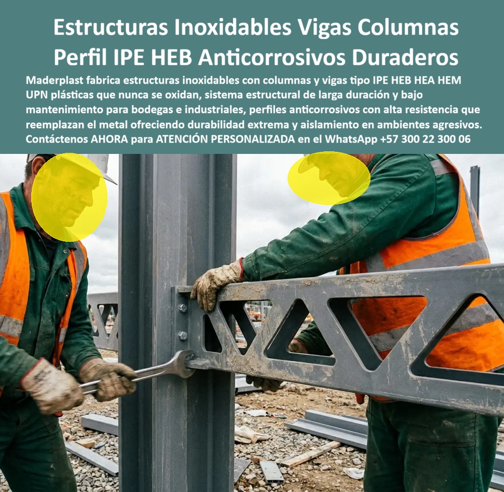 Estructuras Inoxidables Columnas vigas IPE HEB HEA IPE HEM IPN Maderplast - Estructuras inoxidables con columnas y vigas tipo IPE, HEB, HEA y HEM representan el siguiente paso lógico para cualquier proyecto industrial o bodega que ya conoce el problema de fondo del acero estructural: por más galvanizado, pintura anticorrosiva o mantenimiento preventivo que se le aplique, el metal en ambientes agresivos —humedad constante, químicos, salinidad, atmósferas industriales corrosivas— termina oxidándose, y esa oxidación no es estética, es pérdida progresiva de sección resistente en el elemento que sostiene la estructura. Maderplast resuelve esa vulnerabilidad fabricando el mismo perfil, con la misma geometría de viga aligerada, ensamblado con tornillería pasante igual que una conexión estructural tradicional, pero en polímero técnico de alta resistencia que simplemente no tiene hierro que oxidar. La pieza que se instala en la imagen no es un perfil de catálogo genérico: es una viga diseñada a la medida del proyecto, con mayor compacidad y resistencia que su equivalente estándar, porque en Maderplast el diseño y fabricación de estructuras inoxidables se ajusta a la carga, el espacio disponible y las condiciones específicas de cada bodega o planta industrial. Esto responde directamente a la pregunta que se hace un ingeniero estructural antes de especificar un perfil plástico: ¿puede un material no metálico igualar la relación resistencia-peso de un IPE o HEB de acero? La respuesta de Maderplast es diseñar la sección exactamente para la carga requerida, incluso logrando perfiles más compactos que el acero convencional cuando el proyecto lo exige, sin sacrificar capacidad portante. El sistema estructural completo —columnas, vigas y perfiles UPN plásticos— se ensambla con el mismo método que cualquier estructura metálica: pernos, platinas y uniones atornilladas, lo que significa que un montador o una cuadrilla de estructuras metálicas puede instalar este sistema sin curva de aprendizaje adicional ni herramienta especializada distinta a la que ya usa a diario. La diferencia aparece años después de montada la estructura: mientras un pórtico de acero en una planta industrial con presencia de químicos, humedad o salinidad exige repintado periódico, inspección de corrosión y eventual refuerzo o reemplazo de elementos oxidados, el sistema estructural inoxidable Maderplast no requiere ese ciclo de mantenimiento, porque el polímero técnico del que está hecho no se corroe, no se pica y no pierde sección resistente con el tiempo de exposición. Para el gerente de planta o el ingeniero de mantenimiento industrial, esto cambia el cálculo de decisión de raíz: el costo de una estructura no se mide solo en la cotización de montaje, sino en el gasto acumulado de mantenimiento anticorrosivo durante toda la vida útil de la bodega o planta. Una estructura inoxidable de bajo mantenimiento elimina esa partida de gasto recurrente por completo, y protege además contra el riesgo mayor de cualquier gerente de activos industriales: una falla estructural no detectada a tiempo por corrosión oculta bajo pintura, algo que simplemente no puede ocurrir en un perfil que no se oxida. Cuando su proyecto industrial requiera una estructura anticorrosiva en ambientes agresivos —zonas costeras, plantas químicas, bodegas con atmósfera húmeda o corrosiva—, nuestro equipo de ingeniería puede diseñar el perfil IPE, HEB, HEA o HEM plástico exacto que su carga y su espacio disponible requieran, incluyendo planos, cálculo estructural y fabricación a medida. Escríbenos: (+57) 300 22 300 06 — ingenieria@maderplast.co. Maderplast: diseño y fabricación de estructuras que resuelven en polímero lo que el acero no puede sostener frente a la corrosión. Video sugerido para este bloque: Pruebas de laboratorio Maderplast llevadas al límite extremo — https://www.youtube.com/watch?v=qG7 olSeNs Estructuras metálicas que nunca se oxidan, Sistema estructural inoxidable de larga duración, Estructuras industriales de bajo mantenimiento Anticorrosivas IP HEA Estructuras Inoxidables Columnas vigas IPE HEB HEA IPE HEM IPN Maderplast Estructuras metálicas que nunca se oxidan Sistema estructural inoxidable de larga duración Estructuras industriales de bajo mantenimiento Anticorrosivas IP HEA Estructuras inoxidables con columnas y vigas tipo IPE, HEB, HEA y HEM representan el siguiente paso lógico para cualquier proyecto industrial o bodega que ya conoce el problema de fondo del acero estructural: por más galvanizado, pintura anticorrosiva o mantenimiento preventivo que se le aplique, el metal en ambientes agresivos —humedad constante, químicos, salinidad, atmósferas industriales corrosivas— termina oxidándose, y esa oxidación no es estética, es pérdida progresiva de sección resistente en el elemento que sostiene la estructura. Maderplast resuelve esa vulnerabilidad fabricando el mismo perfil, con la misma geometría de viga aligerada, ensamblado con tornillería pasante igual que una conexión estructural tradicional, pero en polímero técnico de alta resistencia que simplemente no tiene hierro que oxidar. La pieza que se instala en la imagen no es un perfil de catálogo genérico: es una viga diseñada a la medida del proyecto, con mayor compacidad y resistencia que su equivalente estándar, porque en Maderplast el diseño y fabricación de estructuras inoxidables se ajusta a la carga, el espacio disponible y las condiciones específicas de cada bodega o planta industrial. Esto responde directamente a la pregunta que se hace un ingeniero estructural antes de especificar un perfil plástico: ¿puede un material no metálico igualar la relación resistencia-peso de un IPE o HEB de acero? La respuesta de Maderplast es diseñar la sección exactamente para la carga requerida, incluso logrando perfiles más compactos que el acero convencional cuando el proyecto lo exige, sin sacrificar capacidad portante. El sistema estructural completo —columnas, vigas y perfiles UPN plásticos— se ensambla con el mismo método que cualquier estructura metálica: pernos, platinas y uniones atornilladas, lo que significa que un montador o una cuadrilla de estructuras metálicas puede instalar este sistema sin curva de aprendizaje adicional ni herramienta especializada distinta a la que ya usa a diario. La diferencia aparece años después de montada la estructura: mientras un pórtico de acero en una planta industrial con presencia de químicos, humedad o salinidad exige repintado periódico, inspección de corrosión y eventual refuerzo o reemplazo de elementos oxidados, el sistema estructural inoxidable Maderplast no requiere ese ciclo de mantenimiento, porque el polímero técnico del que está hecho no se corroe, no se pica y no pierde sección resistente con el tiempo de exposición. Para el gerente de planta o el ingeniero de mantenimiento industrial, esto cambia el cálculo de decisión de raíz: el costo de una estructura no se mide solo en la cotización de montaje, sino en el gasto acumulado de mantenimiento anticorrosivo durante toda la vida útil de la bodega o planta. Una estructura inoxidable de bajo mantenimiento elimina esa partida de gasto recurrente por completo, y protege además contra el riesgo mayor de cualquier gerente de activos industriales: una falla estructural no detectada a tiempo por corrosión oculta bajo pintura, algo que simplemente no puede ocurrir en un perfil que no se oxida. Cuando su proyecto industrial requiera una estructura anticorrosiva en ambientes agresivos —zonas costeras, plantas químicas, bodegas con atmósfera húmeda o corrosiva—, nuestro equipo de ingeniería puede diseñar el perfil IPE, HEB, HEA o HEM plástico exacto que su carga y su espacio disponible requieran, incluyendo planos, cálculo estructural y fabricación a medida. Escríbenos: (+57) 300 22 300 06 — ingenieria@maderplast.co. Maderplast: diseño y fabricación de estructuras que resuelven en polímero lo que el acero no puede sostener frente a la corrosión. Video sugerido para este bloque: Pruebas de laboratorio Maderplast llevadas al límite extremo — https://www.youtube.com/watch?v=qG7 olSeNs