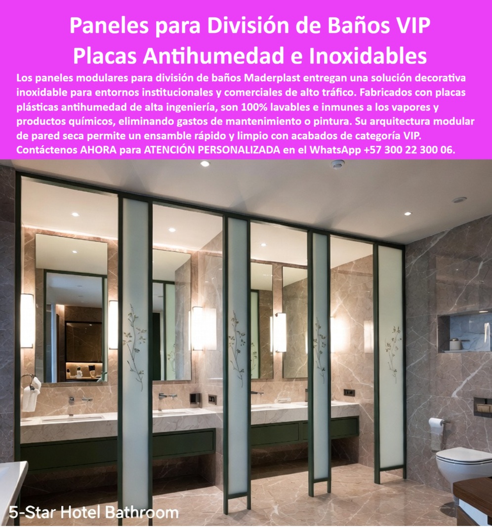 Panel Division Baños Decorativo Placa Inoxidable Antihumedad Maderplast - Paneles Arquitectónicos para Divisiones de Baños VIP: Soluciones Antihumedad de Alta Ingeniería para Espacios Institucionales y Comerciales de Máximo Desempeño La imagen presenta un moderno sistema de paneles para división de baños VIP desarrollado con placas arquitectónicas de polipropileno para ambientes donde la higiene, la humedad permanente y la excelente presentación estética son requisitos indispensables. Se observa un conjunto de divisiones modulares de alta categoría que integran diseño contemporáneo, acabados elegantes y superficies de fácil limpieza, conformando un espacio preparado para soportar el uso intensivo propio de hoteles cinco estrellas, centros comerciales, aeropuertos, hospitales, edificios corporativos, clubes, universidades y proyectos institucionales. Este sistema representa una evolución frente a soluciones tradicionales porque reemplaza materiales susceptibles al deterioro por humedad mediante paneles decorativos inoxidables y antihumedad, diseñados para conservar su apariencia durante muchos años con mínimos requerimientos de mantenimiento. En áreas sanitarias de alto tráfico, los materiales permanecen expuestos permanentemente al vapor de agua, productos químicos de limpieza, humedad ambiental y utilización continua. Estas condiciones aceleran el deterioro de muchos sistemas convencionales, generando deformaciones, desprendimientos, corrosión, aparición de hongos, deterioro de acabados y elevados costos de reparación. Los paneles arquitectónicos listos para entregar, las placas plásticas terminadas para reemplazo de Superboard, las placas decorativas para mampostería en seco, los paneles constructivos antihumedad, los sistemas modulares para divisiones sanitarias, las paredes arquitectónicas de alta ingeniería y las divisiones plásticas para baños institucionales desarrolladas por Maderplast han sido concebidas precisamente para trabajar bajo estas condiciones de elevada exigencia. Desde el punto de vista técnico, uno de los mayores beneficios del polipropileno de ingeniería consiste en su comportamiento frente a la humedad. A diferencia de materiales que absorben agua, requieren pinturas protectoras o presentan deterioro progresivo por contacto permanente con ambientes húmedos, las placas desarrolladas por Maderplast conservan su estabilidad dimensional, mantienen su acabado arquitectónico y facilitan una limpieza rápida utilizando procedimientos habituales de mantenimiento institucional. Esta característica resulta especialmente importante en edificaciones donde la disponibilidad permanente de los baños constituye un requisito operativo y donde cerrar áreas para reparaciones representa pérdidas económicas o interrupciones del servicio. La arquitectura modular del sistema también permite fabricar divisiones completamente personalizadas, adaptadas a los requerimientos de cada proyecto. Los paneles pueden incorporar diferentes texturas, colores, acabados decorativos, superficies lisas o diseños exclusivos, integrándose con lavamanos, muebles, iluminación, accesorios y elementos arquitectónicos sin afectar la uniformidad visual del conjunto. Esta flexibilidad facilita el desarrollo de baños corporativos premium, hoteles de lujo, centros de convenciones, clínicas privadas y edificios institucionales donde la imagen arquitectónica constituye un componente esencial de la experiencia del usuario. Para arquitectos, diseñadores de interiores, gerentes de infraestructura y responsables de compras, la selección del sistema debe fundamentarse en el costo total durante toda la vida útil de la instalación y no únicamente en el valor inicial de adquisición. Un panel que elimina problemas de humedad, disminuye reparaciones, evita mantenimientos periódicos y conserva una apariencia impecable durante años representa una inversión considerablemente más rentable que materiales que requieren constantes sustituciones, repintados o reparaciones por deterioro ambiental. Maderplast desarrolla estos paneles arquitectónicos de alta ingeniería mediante procesos industriales especializados en plásticos técnicos, diseño propio y fabricación personalizada para cada proyecto. La empresa cuenta con sistemas certificados bajo ISO 9001 para gestión de calidad e ISO 14001 para gestión ambiental, respaldando el diseño, desarrollo y fabricación de soluciones constructivas destinadas a proyectos de alta exigencia técnica. Además, ofrece producción a medida, prototipos, planos, renders y fabricación en serie para desarrollos comerciales, institucionales e industriales. Diversos proyectos corporativos e institucionales han incorporado estos sistemas buscando reducir costos de mantenimiento y mejorar la calidad de sus instalaciones sanitarias. Por acuerdos de confidencialidad no se divulgan públicamente los nombres de todos los clientes; sin embargo, Maderplast puede suministrar referencias comerciales, antecedentes de suministro, muestras físicas y demostraciones técnicas para facilitar el proceso de especificación. Cuando un proyecto requiere validaciones adicionales, también pueden realizarse ensayos en laboratorios acreditados para verificar el comportamiento del material bajo las condiciones específicas de operación. La incorporación de paneles para división de baños VIP, placas decorativas antihumedad, paneles arquitectónicos listos para entregar, sistemas de mampostería seca, placas plásticas terminadas para reemplazo de Superboard y paneles constructivos de alta ingeniería representa una decisión orientada a mejorar la durabilidad, reducir costos ocultos y ofrecer instalaciones sanitarias con una imagen impecable durante muchos años. Más que sustituir materiales convencionales, significa implementar una solución diseñada para soportar ambientes de alta humedad, facilitar la limpieza, disminuir intervenciones de mantenimiento y proporcionar acabados permanentes de categoría superior. Cuando un proyecto exige higiene, estética, resistencia y larga vida útil, las soluciones arquitectónicas desarrolladas por Maderplast constituyen una alternativa técnica respaldada por ingeniería, fabricación especializada y experiencia en plásticos estructurales de alto desempeño. Descripción Ficha técnica Resumida del producto: Paneles arquitectónicos para divisiones de baños VIP, placas decorativas antihumedad, paneles plásticos terminados para reemplazo de Superboard, mampostería seca y sistemas modulares para hoteles, hospitales, centros comerciales y edificios corporativos. Solución Maderplast con acabados permanentes, alta higiene, excelente durabilidad y mínimo mantenimiento. Contáctenos ahora mismo por WhatsApp y reciba atención personalizada de un asesor especializado: +57 300 22 300 06. Placas plásticas terminadas para reemplazo de superboard, Placa decorativa mampostería en seco, Panel Arquitectónico Listo para Entregar, acabado definitivo, Paneles Panel Division Baños Decorativo Placa Inoxidable Antihumedad Maderplast Placas plásticas terminadas para reemplazo de superboard Placa decorativa mampostería en seco Panel Arquitectónico Listo para Entregar acabado definitivo Paneles Paneles Arquitectónicos para Divisiones de Baños VIP: Soluciones Antihumedad de Alta Ingeniería para Espacios Institucionales y Comerciales de Máximo Desempeño La imagen presenta un moderno sistema de paneles para división de baños VIP desarrollado con placas arquitectónicas de polipropileno para ambientes donde la higiene, la humedad permanente y la excelente presentación estética son requisitos indispensables. Se observa un conjunto de divisiones modulares de alta categoría que integran diseño contemporáneo, acabados elegantes y superficies de fácil limpieza, conformando un espacio preparado para soportar el uso intensivo propio de hoteles cinco estrellas, centros comerciales, aeropuertos, hospitales, edificios corporativos, clubes, universidades y proyectos institucionales. Este sistema representa una evolución frente a soluciones tradicionales porque reemplaza materiales susceptibles al deterioro por humedad mediante paneles decorativos inoxidables y antihumedad, diseñados para conservar su apariencia durante muchos años con mínimos requerimientos de mantenimiento. En áreas sanitarias de alto tráfico, los materiales permanecen expuestos permanentemente al vapor de agua, productos químicos de limpieza, humedad ambiental y utilización continua. Estas condiciones aceleran el deterioro de muchos sistemas convencionales, generando deformaciones, desprendimientos, corrosión, aparición de hongos, deterioro de acabados y elevados costos de reparación. Los paneles arquitectónicos listos para entregar, las placas plásticas terminadas para reemplazo de Superboard, las placas decorativas para mampostería en seco, los paneles constructivos antihumedad, los sistemas modulares para divisiones sanitarias, las paredes arquitectónicas de alta ingeniería y las divisiones plásticas para baños institucionales desarrolladas por Maderplast han sido concebidas precisamente para trabajar bajo estas condiciones de elevada exigencia. Desde el punto de vista técnico, uno de los mayores beneficios del polipropileno de ingeniería consiste en su comportamiento frente a la humedad. A diferencia de materiales que absorben agua, requieren pinturas protectoras o presentan deterioro progresivo por contacto permanente con ambientes húmedos, las placas desarrolladas por Maderplast conservan su estabilidad dimensional, mantienen su acabado arquitectónico y facilitan una limpieza rápida utilizando procedimientos habituales de mantenimiento institucional. Esta característica resulta especialmente importante en edificaciones donde la disponibilidad permanente de los baños constituye un requisito operativo y donde cerrar áreas para reparaciones representa pérdidas económicas o interrupciones del servicio. La arquitectura modular del sistema también permite fabricar divisiones completamente personalizadas, adaptadas a los requerimientos de cada proyecto. Los paneles pueden incorporar diferentes texturas, colores, acabados decorativos, superficies lisas o diseños exclusivos, integrándose con lavamanos, muebles, iluminación, accesorios y elementos arquitectónicos sin afectar la uniformidad visual del conjunto. Esta flexibilidad facilita el desarrollo de baños corporativos premium, hoteles de lujo, centros de convenciones, clínicas privadas y edificios institucionales donde la imagen arquitectónica constituye un componente esencial de la experiencia del usuario. Para arquitectos, diseñadores de interiores, gerentes de infraestructura y responsables de compras, la selección del sistema debe fundamentarse en el costo total durante toda la vida útil de la instalación y no únicamente en el valor inicial de adquisición. Un panel que elimina problemas de humedad, disminuye reparaciones, evita mantenimientos periódicos y conserva una apariencia impecable durante años representa una inversión considerablemente más rentable que materiales que requieren constantes sustituciones, repintados o reparaciones por deterioro ambiental. Maderplast desarrolla estos paneles arquitectónicos de alta ingeniería mediante procesos industriales especializados en plásticos técnicos, diseño propio y fabricación personalizada para cada proyecto. La empresa cuenta con sistemas certificados bajo ISO 9001 para gestión de calidad e ISO 14001 para gestión ambiental, respaldando el diseño, desarrollo y fabricación de soluciones constructivas destinadas a proyectos de alta exigencia técnica. Además, ofrece producción a medida, prototipos, planos, renders y fabricación en serie para desarrollos comerciales, institucionales e industriales. Diversos proyectos corporativos e institucionales han incorporado estos sistemas buscando reducir costos de mantenimiento y mejorar la calidad de sus instalaciones sanitarias. Por acuerdos de confidencialidad no se divulgan públicamente los nombres de todos los clientes; sin embargo, Maderplast puede suministrar referencias comerciales, antecedentes de suministro, muestras físicas y demostraciones técnicas para facilitar el proceso de especificación. Cuando un proyecto requiere validaciones adicionales, también pueden realizarse ensayos en laboratorios acreditados para verificar el comportamiento del material bajo las condiciones específicas de operación. La incorporación de paneles para división de baños VIP, placas decorativas antihumedad, paneles arquitectónicos listos para entregar, sistemas de mampostería seca, placas plásticas terminadas para reemplazo de Superboard y paneles constructivos de alta ingeniería representa una decisión orientada a mejorar la durabilidad, reducir costos ocultos y ofrecer instalaciones sanitarias con una imagen impecable durante muchos años. Más que sustituir materiales convencionales, significa implementar una solución diseñada para soportar ambientes de alta humedad, facilitar la limpieza, disminuir intervenciones de mantenimiento y proporcionar acabados permanentes de categoría superior. Cuando un proyecto exige higiene, estética, resistencia y larga vida útil, las soluciones arquitectónicas desarrolladas por Maderplast constituyen una alternativa técnica respaldada por ingeniería, fabricación especializada y experiencia en plásticos estructurales de alto desempeño. Descripción Ficha técnica Resumida del producto: Paneles arquitectónicos para divisiones de baños VIP, placas decorativas antihumedad, paneles plásticos terminados para reemplazo de Superboard, mampostería seca y sistemas modulares para hoteles, hospitales, centros comerciales y edificios corporativos. Solución Maderplast con acabados permanentes, alta higiene, excelente durabilidad y mínimo mantenimiento. Contáctenos ahora mismo por WhatsApp y reciba atención personalizada de un asesor especializado: +57 300 22 300 06.