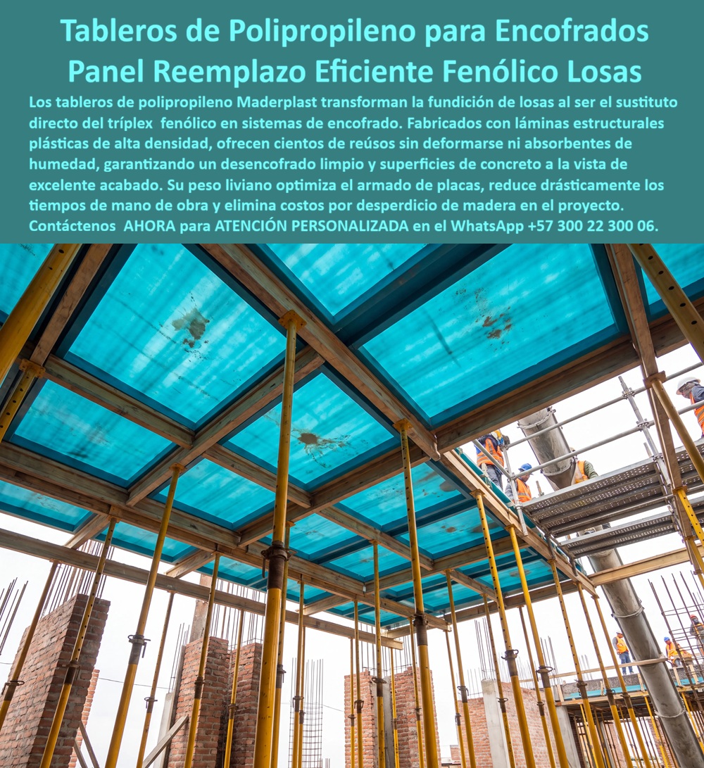 Tableros De Polipropileno Para Encofrados De Concreto Maderplast - Tableros de Polipropileno para Encofrados de Concreto: La Solución Técnica que Reemplaza el Fenólico y Optimiza la Construcción de Losas La imagen evidencia un sistema de tableros de polipropileno para encofrados de concreto instalado en la fundición de una losa estructural, donde las láminas estructurales plásticas para vaciado de losas trabajan como superficie de contacto con el concreto, apoyadas sobre una retícula convencional de vigas y puntales. Esta solución ha sido desarrollada para reemplazar el tablero fenólico tradicional mediante un sistema de encofrado plástico de alta durabilidad, capaz de soportar múltiples ciclos de trabajo sin absorber humedad, sin deformarse y manteniendo una excelente calidad superficial durante toda la vida útil del proyecto. El resultado es una plataforma técnica que mejora la productividad, reduce costos operativos y proporciona acabados inferiores uniformes que cumplen con los estándares de la construcción moderna. En la actualidad, las constructoras buscan sistemas que permitan acelerar la ejecución de edificios sin comprometer la calidad estructural ni incrementar los costos de mantenimiento. Por ello, el uso de paneles plásticos para losas de concreto, placas de polipropileno para encofrados, tableros reutilizables para formaletas, paneles estructurales plásticos, formaletas plásticas, placas para formaletas, paneles para encofrado, tableros para encofrado, tecnología de encofrados y soluciones constructivas representa una evolución importante frente a materiales convencionales cuya vida útil suele verse limitada por la humedad, el desgaste y las deformaciones producidas por el uso continuo. Desde el punto de vista de la ingeniería del concreto, una superficie estable y dimensionalmente uniforme contribuye directamente a mejorar la calidad del vaciado. El polipropileno posee baja absorción de humedad, excelente comportamiento frente a ambientes agresivos y una reducida adherencia al concreto, permitiendo desencofrados más limpios y disminuyendo significativamente la necesidad de reparaciones superficiales. Como consecuencia, es posible obtener concreto a la vista, acabados arquitectónicos y acabados permanentes con menor inversión en mano de obra, menos desperdicio de materiales y una mayor eficiencia durante las etapas posteriores de la construcción. Otro beneficio relevante radica en la facilidad de manipulación de los paneles. Su menor peso respecto a otras alternativas facilita el transporte interno, acelera el montaje del sistema y mejora las condiciones de trabajo del personal en obra. En proyectos donde diariamente se instalan cientos o miles de metros cuadrados de formaleta, esta reducción de tiempos genera un efecto acumulativo que incrementa la productividad general del proyecto y permite desarrollar procesos propios de la construcción industrializada, la construcción inteligente y la construcción acelerada, conceptos cada vez más utilizados en edificaciones de gran escala. Para un director de obra, un residente o un gerente técnico, el verdadero análisis no consiste únicamente en comparar el precio de compra de un tablero. La decisión profesional debe considerar el costo total durante toda la ejecución del proyecto. Un sistema que conserva sus propiedades durante numerosos ciclos de reutilización, reduce desperdicios, disminuye tiempos de limpieza, evita deformaciones y mantiene acabados constantes termina generando una rentabilidad considerablemente superior a la obtenida con materiales que requieren reposiciones frecuentes o generan reprocesos permanentes. Los tableros de polipropileno para encofrados de concreto fabricados por Maderplast hacen parte de una línea de soluciones desarrolladas específicamente para aplicaciones estructurales. La empresa diseña y fabrica productos en plásticos técnicos mediante procesos industriales controlados, respaldados por sistemas certificados bajo ISO 9001 para gestión de calidad e ISO 14001 para gestión ambiental. Adicionalmente, dispone de pruebas de laboratorio, ensayos de resistencia y demostraciones reales que permiten validar el comportamiento de sus materiales bajo condiciones exigentes de trabajo, ofreciendo al especificador información técnica que facilita una decisión fundamentada. Diversas constructoras que utilizan este sistema destacan que la mayor ventaja obtenida ha sido la estabilidad del proceso constructivo, la reducción de tiempos improductivos y la calidad constante del concreto terminado. Por acuerdos de confidencialidad no se publican sus nombres, pero Maderplast puede presentar referencias comerciales, antecedentes de suministro y realizar demostraciones técnicas cuando un proyecto requiera validar el desempeño del producto. Incluso, cuando el cliente desea una verificación independiente, es posible efectuar ensayos en laboratorios acreditados para confirmar las propiedades del material antes de su implementación. La inversión en un sistema de encofrado plástico, en paneles plásticos para losas, en placas de polipropileno y en tableros estructurales reutilizables significa invertir en productividad, confiabilidad y tranquilidad técnica. Más que sustituir el tablero fenólico, representa adoptar una tecnología diseñada para disminuir riesgos, reducir costos ocultos, optimizar la ingeniería del concreto y mejorar la competitividad de la obra durante todo su ciclo constructivo. Esa visión de largo plazo es la que convierte a Maderplast en un aliado estratégico para quienes priorizan desempeño, calidad y eficiencia sobre decisiones basadas únicamente en el precio inicial. Descripción Ficha técnica Resumida del producto: Tableros de polipropileno para encofrados de concreto, sistema de encofrado plástico, paneles estructurales para losas, placas de polipropileno y reemplazo técnico del tablero fenólico. Solución Maderplast para construcción industrializada, concreto a la vista, mayor reutilización, menor mantenimiento y alta productividad en obras. Contáctenos ahora mismo por WhatsApp y reciba atención personalizada de un asesor especializado: +57 300 22 300 06.Sistema de Encofrado Plástico, Panel plástico losa de concreto, Láminas estructurales plásticas vaciado de losas, Placa de polipropileno de placas, Reemplazo de fenólico, Tableros De Polipropileno Para Encofrados De Concreto Maderplast Sistema de Encofrado Plástico Panel plástico losa de concreto Láminas estructurales plásticas vaciado de losas Placa de polipropileno de placas Reemplazo de fenólico Tableros de Polipropileno para Encofrados de Concreto: La Solución Técnica que Reemplaza el Fenólico y Optimiza la Construcción de Losas La imagen evidencia un sistema de tableros de polipropileno para encofrados de concreto instalado en la fundición de una losa estructural, donde las láminas estructurales plásticas para vaciado de losas trabajan como superficie de contacto con el concreto, apoyadas sobre una retícula convencional de vigas y puntales. Esta solución ha sido desarrollada para reemplazar el tablero fenólico tradicional mediante un sistema de encofrado plástico de alta durabilidad, capaz de soportar múltiples ciclos de trabajo sin absorber humedad, sin deformarse y manteniendo una excelente calidad superficial durante toda la vida útil del proyecto. El resultado es una plataforma técnica que mejora la productividad, reduce costos operativos y proporciona acabados inferiores uniformes que cumplen con los estándares de la construcción moderna. En la actualidad, las constructoras buscan sistemas que permitan acelerar la ejecución de edificios sin comprometer la calidad estructural ni incrementar los costos de mantenimiento. Por ello, el uso de paneles plásticos para losas de concreto, placas de polipropileno para encofrados, tableros reutilizables para formaletas, paneles estructurales plásticos, formaletas plásticas, placas para formaletas, paneles para encofrado, tableros para encofrado, tecnología de encofrados y soluciones constructivas representa una evolución importante frente a materiales convencionales cuya vida útil suele verse limitada por la humedad, el desgaste y las deformaciones producidas por el uso continuo. Desde el punto de vista de la ingeniería del concreto, una superficie estable y dimensionalmente uniforme contribuye directamente a mejorar la calidad del vaciado. El polipropileno posee baja absorción de humedad, excelente comportamiento frente a ambientes agresivos y una reducida adherencia al concreto, permitiendo desencofrados más limpios y disminuyendo significativamente la necesidad de reparaciones superficiales. Como consecuencia, es posible obtener concreto a la vista, acabados arquitectónicos y acabados permanentes con menor inversión en mano de obra, menos desperdicio de materiales y una mayor eficiencia durante las etapas posteriores de la construcción. Otro beneficio relevante radica en la facilidad de manipulación de los paneles. Su menor peso respecto a otras alternativas facilita el transporte interno, acelera el montaje del sistema y mejora las condiciones de trabajo del personal en obra. En proyectos donde diariamente se instalan cientos o miles de metros cuadrados de formaleta, esta reducción de tiempos genera un efecto acumulativo que incrementa la productividad general del proyecto y permite desarrollar procesos propios de la construcción industrializada, la construcción inteligente y la construcción acelerada, conceptos cada vez más utilizados en edificaciones de gran escala. Para un director de obra, un residente o un gerente técnico, el verdadero análisis no consiste únicamente en comparar el precio de compra de un tablero. La decisión profesional debe considerar el costo total durante toda la ejecución del proyecto. Un sistema que conserva sus propiedades durante numerosos ciclos de reutilización, reduce desperdicios, disminuye tiempos de limpieza, evita deformaciones y mantiene acabados constantes termina generando una rentabilidad considerablemente superior a la obtenida con materiales que requieren reposiciones frecuentes o generan reprocesos permanentes. Los tableros de polipropileno para encofrados de concreto fabricados por Maderplast hacen parte de una línea de soluciones desarrolladas específicamente para aplicaciones estructurales. La empresa diseña y fabrica productos en plásticos técnicos mediante procesos industriales controlados, respaldados por sistemas certificados bajo ISO 9001 para gestión de calidad e ISO 14001 para gestión ambiental. Adicionalmente, dispone de pruebas de laboratorio, ensayos de resistencia y demostraciones reales que permiten validar el comportamiento de sus materiales bajo condiciones exigentes de trabajo, ofreciendo al especificador información técnica que facilita una decisión fundamentada. Diversas constructoras que utilizan este sistema destacan que la mayor ventaja obtenida ha sido la estabilidad del proceso constructivo, la reducción de tiempos improductivos y la calidad constante del concreto terminado. Por acuerdos de confidencialidad no se publican sus nombres, pero Maderplast puede presentar referencias comerciales, antecedentes de suministro y realizar demostraciones técnicas cuando un proyecto requiera validar el desempeño del producto. Incluso, cuando el cliente desea una verificación independiente, es posible efectuar ensayos en laboratorios acreditados para confirmar las propiedades del material antes de su implementación. La inversión en un sistema de encofrado plástico, en paneles plásticos para losas, en placas de polipropileno y en tableros estructurales reutilizables significa invertir en productividad, confiabilidad y tranquilidad técnica. Más que sustituir el tablero fenólico, representa adoptar una tecnología diseñada para disminuir riesgos, reducir costos ocultos, optimizar la ingeniería del concreto y mejorar la competitividad de la obra durante todo su ciclo constructivo. Esa visión de largo plazo es la que convierte a Maderplast en un aliado estratégico para quienes priorizan desempeño, calidad y eficiencia sobre decisiones basadas únicamente en el precio inicial. Descripción Ficha técnica Resumida del producto: Tableros de polipropileno para encofrados de concreto, sistema de encofrado plástico, paneles estructurales para losas, placas de polipropileno y reemplazo técnico del tablero fenólico. Solución Maderplast para construcción industrializada, concreto a la vista, mayor reutilización, menor mantenimiento y alta productividad en obras. Contáctenos ahora mismo por WhatsApp y reciba atención personalizada de un asesor especializado: +57 300 22 300 06.