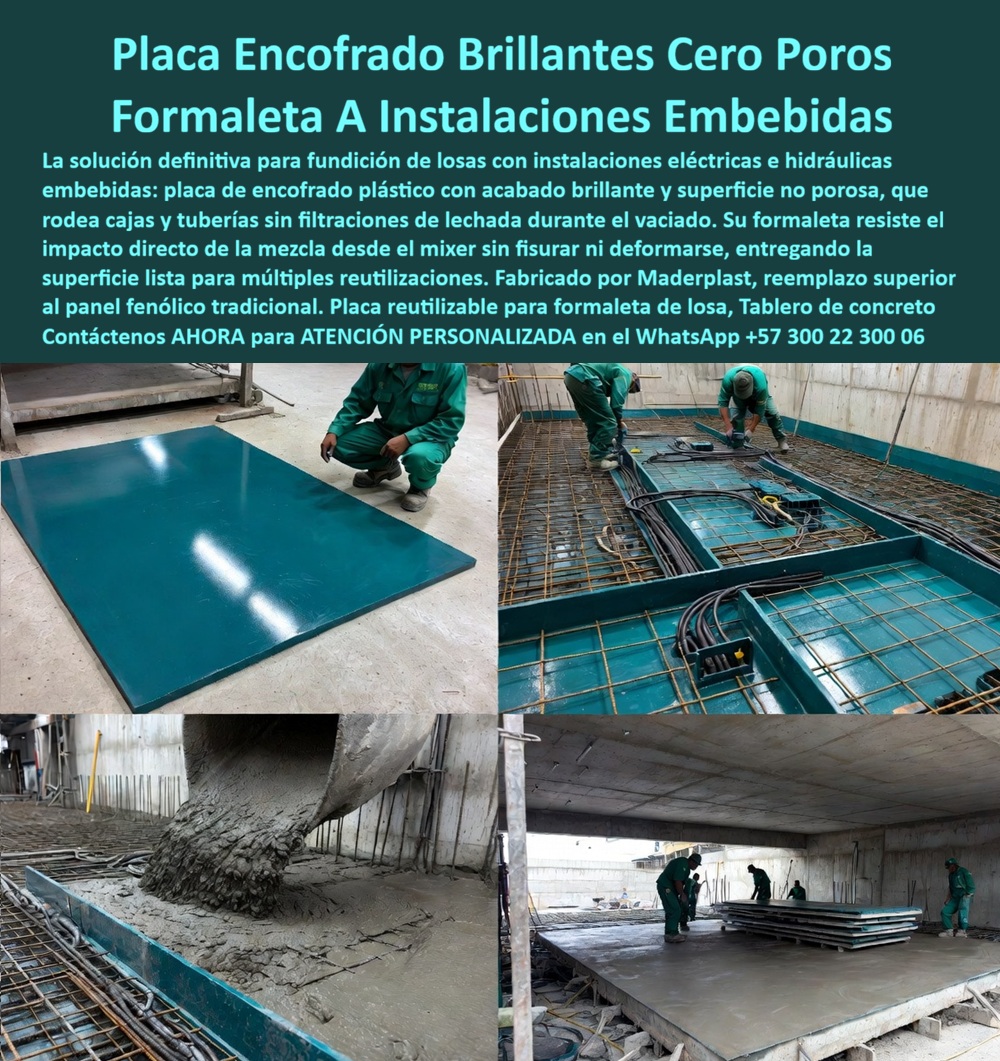 Tableros De Polipropileno Placa Encofrados De Concreto Maderplast - Placas de encofrado de polipropileno con superficie brillante y cero poros resuelven de raíz la fundición de losas con instalaciones eléctricas e hidráulicas embebidas. Estas formaletas plásticas de Maderplast rodean cajas, tuberías y conductos sin permitir filtraciones de leche durante el vaciado. La cara no porosa y de alto brillo evita la adherencia del concreto, resiste el impacto directo de la mezcla desde el mixer sin fisurar ni deformarse y entrega una superficie lista para múltiples reutilizaciones. En obra el tablero se coloca sobre la estructura de formaleta, se adapta con precisión a los pasos de instalaciones y queda perfectamente sellado. Al vaciar, el concreto fluye de manera uniforme sin filtrarse por las juntas ni manchar los elementos embebidos. El desencofrado es limpio y rápido. La losa queda con acabado inferior de alta calidad y el mismo panel regresa al ciclo de trabajo sin pérdida de planicidad ni de brillo. Esta tecnología elimina los problemas crónicos del panel fenólico tradicional: porosidad, absorción de humedad, hinchazón, pérdida de geometría y la necesidad de resanes posteriores. Los tableros plásticos de encofrado y el sistema de paneles reutilizables de Maderplast mantienen su desempeño ciclo tras ciclo. La construcción de losas gana velocidad, reduce desperdicios y baja de forma real el costo total de propiedad. Cada placa se convierte en un activo de alta rotación que soporta cientos de usos. Los sistemas convencionales, aunque lleguen a precio bajo, terminan resultando carísimos por degradación, filtraciones, reprocesos y retrasos. Maderplast entrega una solución de ingeniería del concreto que convierte cada vaciado en un resultado predecible y reutilizable. Las plantas cuentan con certificación ISO 9001 en diseño y fabricación e ISO 14001 ambiental, y las piezas se validan con pruebas de laboratorio exigentes. Un residente de obra comentó: “Con las placas brillantes de polipropileno Maderplast eliminamos las filtraciones alrededor de las instalaciones embebidas y el desencofrado quedó limpio desde el primer uso. Los mismos tableros siguen trabajando sin deformarse. Cualquier alternativa, aunque nos la regalaran, salía más cara por los reprocesos y el tiempo perdido”. La evidencia que elimina la duda técnica al firmar la orden de compra está en las pruebas extremas. El video en el que una retroexcavadora, un mazo de construcción y un rotomartillo impactan directamente las placas Maderplast demuestra una resistencia que cambia la percepción de cualquier ingeniero. Este registro, junto con el canal completo de validaciones, las formaletas en vaciado real y los acabados de superficie, constituye el respaldo que un profesional necesita para especificar con tranquilidad. Para solicitar planos acotados, memorias de cálculo, especificación en pliegos o cotización de producción en serie, contacte directamente al Departamento de Ingeniería. Ing. Soporte Técnico: (+57) 300 22 300 06 | ingenieria@maderplast.co. Placa encofrado plástico losas, Tablero Formaletas de Losas de Concreto, Tablero Plástico Encofrados Concreto, Sistema de Paneles Encofrados Reutilizables, Panel fenólico Tableros De Polipropileno Placa Encofrados De Concreto Maderplast Placa encofrado plástico losas Tablero Formaletas de Losas de Concreto Tablero Plástico Encofrados Concreto Sistema de Paneles Encofrados Reutilizables Panel fenólico Placas de encofrado de polipropileno con superficie brillante y cero poros resuelven de raíz la fundición de losas con instalaciones eléctricas e hidráulicas embebidas. Estas formaletas plásticas de Maderplast rodean cajas, tuberías y conductos sin permitir filtraciones de leche durante el vaciado. La cara no porosa y de alto brillo evita la adherencia del concreto, resiste el impacto directo de la mezcla desde el mixer sin fisurar ni deformarse y entrega una superficie lista para múltiples reutilizaciones. En obra el tablero se coloca sobre la estructura de formaleta, se adapta con precisión a los pasos de instalaciones y queda perfectamente sellado. Al vaciar, el concreto fluye de manera uniforme sin filtrarse por las juntas ni manchar los elementos embebidos. El desencofrado es limpio y rápido. La losa queda con acabado inferior de alta calidad y el mismo panel regresa al ciclo de trabajo sin pérdida de planicidad ni de brillo. Esta tecnología elimina los problemas crónicos del panel fenólico tradicional: porosidad, absorción de humedad, hinchazón, pérdida de geometría y la necesidad de resanes posteriores. Los tableros plásticos de encofrado y el sistema de paneles reutilizables de Maderplast mantienen su desempeño ciclo tras ciclo. La construcción de losas gana velocidad, reduce desperdicios y baja de forma real el costo total de propiedad. Cada placa se convierte en un activo de alta rotación que soporta cientos de usos. Los sistemas convencionales, aunque lleguen a precio bajo, terminan resultando carísimos por degradación, filtraciones, reprocesos y retrasos. Maderplast entrega una solución de ingeniería del concreto que convierte cada vaciado en un resultado predecible y reutilizable. Las plantas cuentan con certificación ISO 9001 en diseño y fabricación e ISO 14001 ambiental, y las piezas se validan con pruebas de laboratorio exigentes. Un residente de obra comentó: “Con las placas brillantes de polipropileno Maderplast eliminamos las filtraciones alrededor de las instalaciones embebidas y el desencofrado quedó limpio desde el primer uso. Los mismos tableros siguen trabajando sin deformarse. Cualquier alternativa, aunque nos la regalaran, salía más cara por los reprocesos y el tiempo perdido”. La evidencia que elimina la duda técnica al firmar la orden de compra está en las pruebas extremas. El video en el que una retroexcavadora, un mazo de construcción y un rotomartillo impactan directamente las placas Maderplast demuestra una resistencia que cambia la percepción de cualquier ingeniero. Este registro, junto con el canal completo de validaciones, las formaletas en vaciado real y los acabados de superficie, constituye el respaldo que un profesional necesita para especificar con tranquilidad. Para solicitar planos acotados, memorias de cálculo, especificación en pliegos o cotización de producción en serie, contacte directamente al Departamento de Ingeniería. Ing. Soporte Técnico: (+57) 300 22 300 06 | ingenieria@maderplast.co.