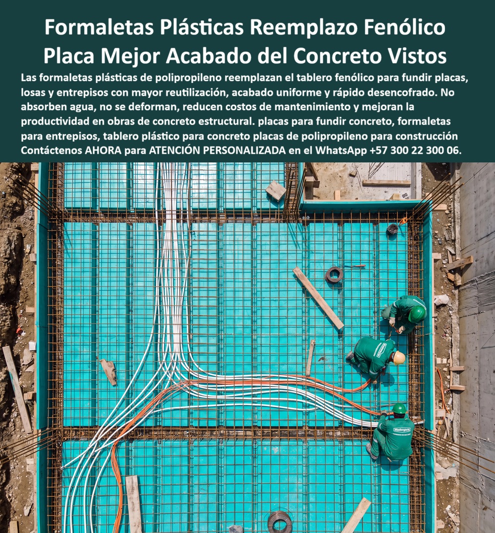 Tableros De Polipropileno Placa Vaciado Concreto Reemplazo del Fenólico Maderplast - TABLEROS DE POLIPROPILENO Y PLACAS DE VACIADO DE CONCRETO REEMPLAZO DEL FENÓLICO MADERPLAST El Tablero de Polipropileno Placa Vaciado Concreto Reemplazo del Fenólico Maderplast, integrado por Placas Plásticas Formaletas, Tableros Plásticos Encofrado de Concreto, Tablero Modular Encofrados de Concreto, Tablero Vaciado de Placas de Concreto y placas de PP, es la solución estructural protagonista para el armado de losas, entrepisos y muros. La imagen muestra una vista superior cenital donde se aprecian formaletas plásticas de polipropileno color verde turquesa instaladas sobre la estructura de losa, con el armado de malla electrosoldada, varillas de refuerzo e instalaciones eléctricas e hidráulicas extendidas sobre la superficie. Tres operarios con uniforme técnico trabajan en la preparación previa al vaciado sobre un encofrado completamente estanco, continuo, plano y limpio. El texto superior destaca: "Formaletas Plásticas Reemplazo Fenólico Placa Mejor Acabado del Concreto Vistos. Las formaletas plásticas de polipropileno reemplazan el tablero fenólico para fundir placas, losas y entrepisos con mayor reutilización, acabado uniforme y rápido desencofrado. No absorben agua, no se deforman, reducen costos de mantenimiento y mejoran la productividad en obras de concreto estructural. Placas para fundir concreto, formaletas para entrepisos, tablero plástico para concreto y placas de polipropileno para construcción. Contáctenos AHORA para ATENCIÓN PERSONALIZADA en el WhatsApp +57 300 22 300 06". El vaciado de concreto en losas con triplex fenólico tradicional genera hinchamiento por humedad, filtración de lechada y astillamiento acelerado que obliga a ejecutar resanes y pañetes costosos. La implementación de placas macizas de polipropileno y paneles plásticos estructurales como reemplazo del fenólico soluciona definitivamente estas ineficiencias de obra. Las formaletas plásticas Maderplast actúan como camillas para encofrados de concreto impermeables e indeformables, garantizando un concreto a la vista de especificación arquitectónica superior sin requerir desmoldantes químicos ni reaparición de patologías en muros de concreto arquitectónico o cielos de losa. Los paneles para encofrado, tableros para encofrado, placas para encofrados y placas para formaletas Maderplast aseguran la máxima rotación y durabilidad en la construcción de moldes para concreto. A diferencia de las formaletas de madera o de lámina metálica propensas a la corrosión, estos sistemas de encofrado y entibados no sufren degradación ante el ataque químico de la mezcla, permitiendo cientos de vaciados repetitivos sin perder estabilidad ni tolerancia geométrica. La utilización de formaletas reutilizables y encofrados reutilizables en paredes y placas reduce sustancialmente el costo total de propiedad (TCO) y acelera significativamente los tiempos de ciclo en la construcción industrializada y la construcción acelerada. Las soluciones constructivas y la mampostería plástica Maderplast demuestran que los tableros de la competencia, aun cuando fueron regalados, resultan carísimos para la dirección de obra debido a sus garantías ficticias, reparaciones imprevistas, retrasos en el cronograma y multas por incumplimiento. Maderplast asegura acabados estructurales, acabados permanentes y acabados arquitectónicos listos para entrega inmediata, respaldados por plantas de fabricación certificadas bajo norma ISO 9001 en diseño e ISO 14001 en gestión ambiental, con rigurosos ensayos de carga bajo norma técnica. "DIRECTOR GENERAL DE OBRA — CONSTRUCTORA BOLÍVAR S.A. Sustituir el triplex fenólico tradicional por los tableros de polipropileno y placas de vaciado Maderplast nos permitió ejecutar el vaciado de losas en 18 pisos sin reemplazar un solo panel. Aceleramos el tiempo de ciclo un 35% y eliminamos completamente la cuadrilla de resanes por acabados defectuosos.'" Para la verificación técnica de rendimiento, memorias de cálculo, planos acotados o inspección de pruebas de laboratorio en video (como los ensayos extremos Maderplast ante retroexcavadora y rotomartillo en YouTube: youtube.com/watch?v=doRIRlOAgX8, vaciado de placas en youtube.com/watch?v=IwzorusG2ss y acabados en youtube.com/watch?v=_IV-ub_6hUY), el equipo proyectista puede solicitar la documentación requerida. Contacto directo con el Departamento de Ingeniería para asesoría personalizada. Ing. Soporte Técnico: (+57) 300 22 300 06. Placas Plásticas Formaletas, Tableros Plásticos Encofrado de Concreto, Tablero Modular Encofrados de Concreto, Tablero Vaciado de Placas de Concreto, PP Tableros De Polipropileno Placa Vaciado Concreto Reemplazo del Fenólico Maderplast Placas Plásticas Formaletas Tableros Plásticos Encofrado de Concreto Tablero Modular Encofrados de Concreto Tablero Vaciado de Placas de Concreto PP TABLEROS DE POLIPROPILENO Y PLACAS DE VACIADO DE CONCRETO REEMPLAZO DEL FENÓLICO MADERPLAST El Tablero de Polipropileno Placa Vaciado Concreto Reemplazo del Fenólico Maderplast, integrado por Placas Plásticas Formaletas, Tableros Plásticos Encofrado de Concreto, Tablero Modular Encofrados de Concreto, Tablero Vaciado de Placas de Concreto y placas de PP, es la solución estructural protagonista para el armado de losas, entrepisos y muros. La imagen muestra una vista superior cenital donde se aprecian formaletas plásticas de polipropileno color verde turquesa instaladas sobre la estructura de losa, con el armado de malla electrosoldada, varillas de refuerzo e instalaciones eléctricas e hidráulicas extendidas sobre la superficie. Tres operarios con uniforme técnico trabajan en la preparación previa al vaciado sobre un encofrado completamente estanco, continuo, plano y limpio. El texto superior destaca: "Formaletas Plásticas Reemplazo Fenólico Placa Mejor Acabado del Concreto Vistos. Las formaletas plásticas de polipropileno reemplazan el tablero fenólico para fundir placas, losas y entrepisos con mayor reutilización, acabado uniforme y rápido desencofrado. No absorben agua, no se deforman, reducen costos de mantenimiento y mejoran la productividad en obras de concreto estructural. Placas para fundir concreto, formaletas para entrepisos, tablero plástico para concreto y placas de polipropileno para construcción. Contáctenos AHORA para ATENCIÓN PERSONALIZADA en el WhatsApp +57 300 22 300 06". El vaciado de concreto en losas con triplex fenólico tradicional genera hinchamiento por humedad, filtración de lechada y astillamiento acelerado que obliga a ejecutar resanes y pañetes costosos. La implementación de placas macizas de polipropileno y paneles plásticos estructurales como reemplazo del fenólico soluciona definitivamente estas ineficiencias de obra. Las formaletas plásticas Maderplast actúan como camillas para encofrados de concreto impermeables e indeformables, garantizando un concreto a la vista de especificación arquitectónica superior sin requerir desmoldantes químicos ni reaparición de patologías en muros de concreto arquitectónico o cielos de losa. Los paneles para encofrado, tableros para encofrado, placas para encofrados y placas para formaletas Maderplast aseguran la máxima rotación y durabilidad en la construcción de moldes para concreto. A diferencia de las formaletas de madera o de lámina metálica propensas a la corrosión, estos sistemas de encofrado y entibados no sufren degradación ante el ataque químico de la mezcla, permitiendo cientos de vaciados repetitivos sin perder estabilidad ni tolerancia geométrica. La utilización de formaletas reutilizables y encofrados reutilizables en paredes y placas reduce sustancialmente el costo total de propiedad (TCO) y acelera significativamente los tiempos de ciclo en la construcción industrializada y la construcción acelerada. Las soluciones constructivas y la mampostería plástica Maderplast demuestran que los tableros de la competencia, aun cuando fueron regalados, resultan carísimos para la dirección de obra debido a sus garantías ficticias, reparaciones imprevistas, retrasos en el cronograma y multas por incumplimiento. Maderplast asegura acabados estructurales, acabados permanentes y acabados arquitectónicos listos para entrega inmediata, respaldados por plantas de fabricación certificadas bajo norma ISO 9001 en diseño e ISO 14001 en gestión ambiental, con rigurosos ensayos de carga bajo norma técnica. "DIRECTOR GENERAL DE OBRA — CONSTRUCTORA BOLÍVAR S.A. Sustituir el triplex fenólico tradicional por los tableros de polipropileno y placas de vaciado Maderplast nos permitió ejecutar el vaciado de losas en 18 pisos sin reemplazar un solo panel. Aceleramos el tiempo de ciclo un 35% y eliminamos completamente la cuadrilla de resanes por acabados defectuosos.'" Para la verificación técnica de rendimiento, memorias de cálculo, planos acotados o inspección de pruebas de laboratorio en video (como los ensayos extremos Maderplast ante retroexcavadora y rotomartillo en YouTube: youtube.com/watch?v=doRIRlOAgX8, vaciado de placas en youtube.com/watch?v=IwzorusG2ss y acabados en youtube.com/watch?v=_IV-ub_6hUY), el equipo proyectista puede solicitar la documentación requerida. Contacto directo con el Departamento de Ingeniería para asesoría personalizada. Ing. Soporte Técnico: (+57) 300 22 300 06.