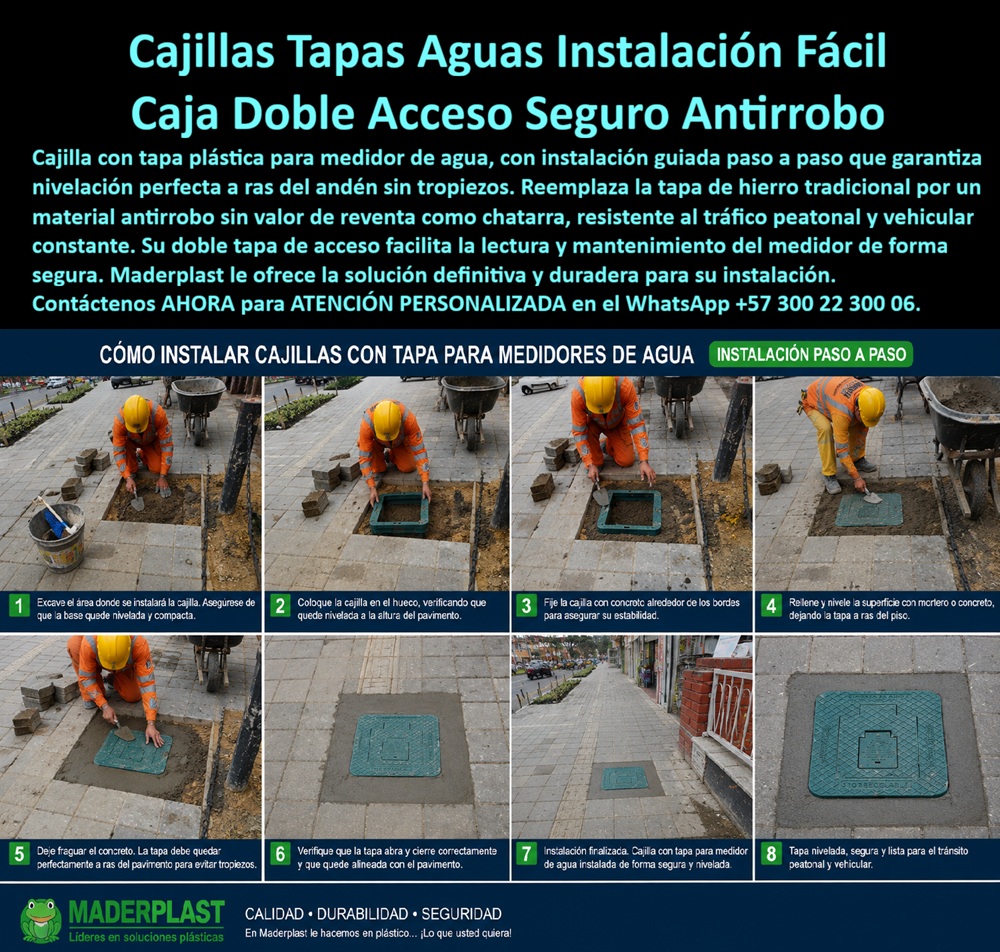 Tapa cajilla de agua Tapa plástica reemplazar tapa de hierro Maderplast - Manual de instalación Cajilla económica instalada en andén, Caja plástica con doble tapa de acceso, Tapa plástica medidor acueducto antirrobo resistente tráfico peatonal, Tapa cajilla de agua Tapa plástica reemplazar tapa de hierro Maderplast Manual de instalación Cajilla económica instalada en andén Caja plástica con doble tapa de acceso Tapa plástica medidor acueducto antirrobo resistente tráfico peatonal