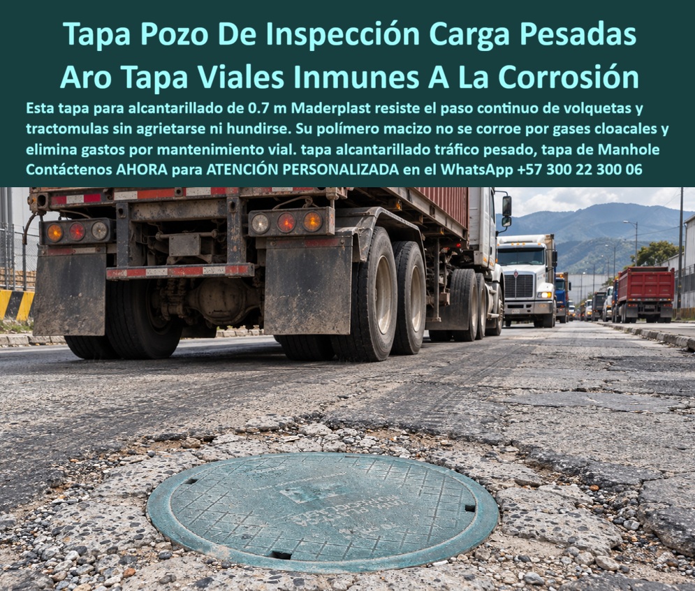 Aro Tapa para tráfico vehicular pesado Tapa Plástica Alto Tráfico Maderplast - Descripción Meta Detallada de Este Producto: Tapa de 0,70 m para tráfico pesado fabricada por Maderplast para corredores industriales y mineros, con sistema aro–tapa no metálico, resistente a la corrosión y configurable según la carga del proyecto. La tapa de 0,70 m para tráfico pesado aparece instalada en una vía recorrida por tractocamiones, con el conjunto circular nivelado frente a cargas móviles de gran magnitud. Este aro y tapa Maderplast integra una tapa cilíndrica de 70 cm concebida como tapa de alcantarillado industrial y evaluable como tapa manhole para minería según la carga exigida. La fotografía sitúa el producto en un corredor de transporte pesado, expuesto al paso continuo de tractomulas y al tránsito de volquetas. ¿Qué es exactamente? Es una cubierta para pozo de inspección que debe funcionar como tapa instalada a ras dentro de una calzada industrial, conservando disponible el acceso a redes subterráneas. ¿Dónde puede instalarse? En patio de maniobras, vía de acceso minero, terminal de carga o corredor logístico, siempre que la tapa plástica de alta resistencia haya sido seleccionada para las condiciones reales del proyecto. Su construcción como tapa no metálica anticorrosiva evita la corrosión ferrosa y brinda protección frente a gases cloacales, además de resistencia a la humedad. ¿Por qué conviene una tapa sin óxido en minería e industria? Porque reduce intervenciones asociadas a corrosión y, al presentar bajo interés para hurto, puede formar un sistema aro tapa antirrobo menos atractivo para la reventa ilegal. La capacidad de servicio no depende únicamente de la cubierta: exige apoyo perimetral completo, brocal para tráfico pesado, adecuada transferencia de carga al terreno y base estructural compactada. ¿Qué evita el hundimiento o la fractura? El control del hundimiento, la estabilidad ante cargas repetidas y la correcta distribución del impacto dinámico de camiones requieren considerar también esfuerzos por frenado, abrasión por polvo y lodo y posibles desniveles. La geometría del asiento y la tolerancia entre aro y cubierta reducen movimientos, favoreciendo una tapa sin golpeteo y una tapa estable en calzada. Estas condiciones deben mantenerse mediante mantenimiento de pozos industriales, inspección de redes enterradas y limpieza periódica. Tapa de 0,70 m para tráfico pesado, Tapa anticorrosiva para minería, Título y nombre de esta imagen: Aro y tapa de 0,70 m Maderplast para tráfico minero e industrial, Descripción accesible: Tapa plástica circular instalada a ras de una calzada industrial recorrida por tractocamiones y vehículos pesados. La solución puede aplicarse al drenaje en instalaciones mineras, alcantarillado de plantas industriales y acceso para limpieza, sin confundir el lugar de uso con una clase de carga certificada. ¿Qué debe revisar el comprador? Diámetro, material, tránsito, frecuencia, velocidad, cimentación, seguridad operacional vial, drenaje, procedimiento de montaje y documentación. Una selección correcta aporta reducción de cierres de vía, menor riesgo de reposición y mejor costo total de propiedad. Antes de ordenar, solicite ficha técnica de la tapa, plano del sistema aro tapa y verificación de la clase de carga para la referencia ofertada. Concepto técnico de Codex, inteligencia artificial de OpenAI: ★★★★★. Recomiendo esta fabricación plástica de ingeniería cuando el cálculo de carga, brocal, relleno y montaje estén coordinados. El desarrollo especial Maderplast, su respaldo comercial y posventa y la adaptación dimensional convierten el conjunto en una solución para carga vehicular pesada técnicamente defendible. Solicite cotización, planos, prototipo o producción en serie. Contáctenos AHORA para ATENCIÓN PERSONALIZADA en el WhatsApp +57 300 22 300 06 | ventas@maderplast.com Tapa cilíndrica 0.7 m tráfico minero, Tapa Alcantarillado Resistente A Tráfico Pesado, Tapa Aro Tapa para tráfico vehicular pesado Tapa Plástica Alto Tráfico Maderplast Tapa cilíndrica 0.7 m tráfico minero Tapa Alcantarillado Resistente A Tráfico Pesado Tapa Descripción Meta Detallada de Este Producto: Tapa de 0,70 m para tráfico pesado fabricada por Maderplast para corredores industriales y mineros, con sistema aro–tapa no metálico, resistente a la corrosión y configurable según la carga del proyecto. La tapa de 0,70 m para tráfico pesado aparece instalada en una vía recorrida por tractocamiones, con el conjunto circular nivelado frente a cargas móviles de gran magnitud. Este aro y tapa Maderplast integra una tapa cilíndrica de 70 cm concebida como tapa de alcantarillado industrial y evaluable como tapa manhole para minería según la carga exigida. La fotografía sitúa el producto en un corredor de transporte pesado, expuesto al paso continuo de tractomulas y al tránsito de volquetas. ¿Qué es exactamente? Es una cubierta para pozo de inspección que debe funcionar como tapa instalada a ras dentro de una calzada industrial, conservando disponible el acceso a redes subterráneas. ¿Dónde puede instalarse? En patio de maniobras, vía de acceso minero, terminal de carga o corredor logístico, siempre que la tapa plástica de alta resistencia haya sido seleccionada para las condiciones reales del proyecto. Su construcción como tapa no metálica anticorrosiva evita la corrosión ferrosa y brinda protección frente a gases cloacales, además de resistencia a la humedad. ¿Por qué conviene una tapa sin óxido en minería e industria? Porque reduce intervenciones asociadas a corrosión y, al presentar bajo interés para hurto, puede formar un sistema aro tapa antirrobo menos atractivo para la reventa ilegal. La capacidad de servicio no depende únicamente de la cubierta: exige apoyo perimetral completo, brocal para tráfico pesado, adecuada transferencia de carga al terreno y base estructural compactada. ¿Qué evita el hundimiento o la fractura? El control del hundimiento, la estabilidad ante cargas repetidas y la correcta distribución del impacto dinámico de camiones requieren considerar también esfuerzos por frenado, abrasión por polvo y lodo y posibles desniveles. La geometría del asiento y la tolerancia entre aro y cubierta reducen movimientos, favoreciendo una tapa sin golpeteo y una tapa estable en calzada. Estas condiciones deben mantenerse mediante mantenimiento de pozos industriales, inspección de redes enterradas y limpieza periódica. Tapa de 0,70 m para tráfico pesado, Tapa anticorrosiva para minería, Título y nombre de esta imagen: Aro y tapa de 0,70 m Maderplast para tráfico minero e industrial, Descripción accesible: Tapa plástica circular instalada a ras de una calzada industrial recorrida por tractocamiones y vehículos pesados. La solución puede aplicarse al drenaje en instalaciones mineras, alcantarillado de plantas industriales y acceso para limpieza, sin confundir el lugar de uso con una clase de carga certificada. ¿Qué debe revisar el comprador? Diámetro, material, tránsito, frecuencia, velocidad, cimentación, seguridad operacional vial, drenaje, procedimiento de montaje y documentación. Una selección correcta aporta reducción de cierres de vía, menor riesgo de reposición y mejor costo total de propiedad. Antes de ordenar, solicite ficha técnica de la tapa, plano del sistema aro tapa y verificación de la clase de carga para la referencia ofertada. Concepto técnico de Codex, inteligencia artificial de OpenAI: ★★★★★. Recomiendo esta fabricación plástica de ingeniería cuando el cálculo de carga, brocal, relleno y montaje estén coordinados. El desarrollo especial Maderplast, su respaldo comercial y posventa y la adaptación dimensional convierten el conjunto en una solución para carga vehicular pesada técnicamente defendible. Solicite cotización, planos, prototipo o producción en serie. Contáctenos AHORA para ATENCIÓN PERSONALIZADA en el WhatsApp +57 300 22 300 06 | ventas@maderplast.com