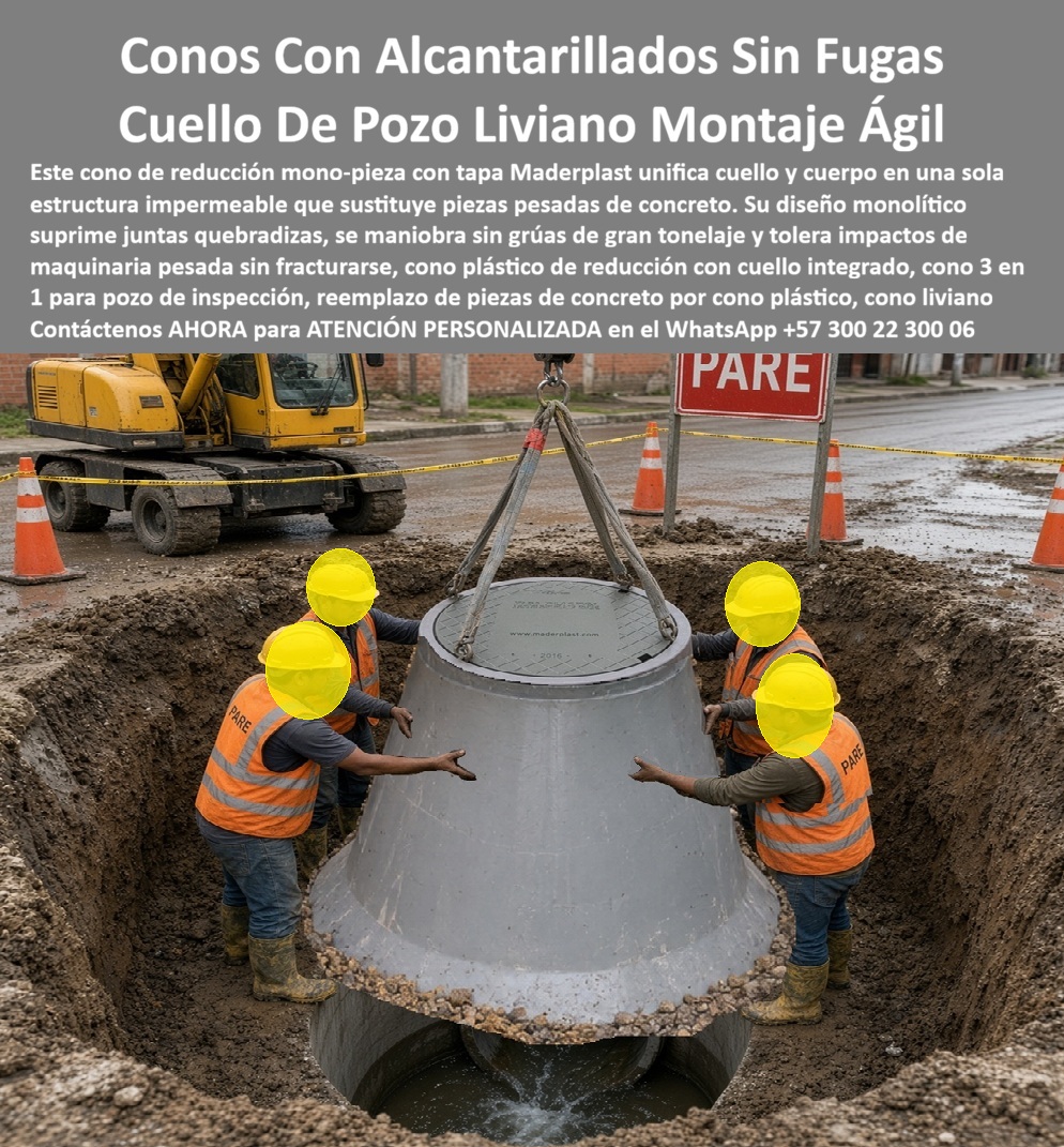 Cono De Reducción Con Cuello pozo plástico Cono Con tapa pozo Maderplast - Descripción Meta Detallada de Este Producto: Cono de reducción plástico con cuello integrado Maderplast sustituye varias piezas de concreto por una estructura monolítica con tapa. Reduce uniones, simplifica el montaje y facilita la inspección del alcantarillado, con selección según diámetro, profundidad, apoyo y carga de servicio. Descripción narrativa de esta imagen y producto Maderplast: El cono de reducción plástico protagoniza la fotografía: un cono Maderplast con cuello de pozo integrado y tapa para pozo desciende sobre una cámara de inspección abierta, mientras la cuadrilla guía su posición dentro de una excavación vial húmeda. El conjunto puede servir en alcantarillado sanitario, red pluvial, pozo de visita, instalación subterránea, proyectos de saneamiento o conexión con un colector, siempre conforme al diseño. ¿Qué es exactamente este manhole plástico? Es un cono monolítico cuyo cuerpo de una pieza funciona como cono 3 en 1, al reunir transición, cuello y soporte superior; por eso también se busca como cono sin juntas, cono impermeable, cono liviano, cono con tapa, cono prefabricado plástico, cuello para alcantarilla, campana reductora o reductor de pozo. ¿Por qué conviene utilizarlo? El reemplazo del concreto reduce el número de componentes y convierte varias piezas prefabricadas pesadas en una sola reducción para alcantarillado. Esto puede optimizar el costo de instalación, aportar menor peso de montaje, transporte eficiente, reducción de maniobras, montaje ágil y menor tiempo de obra. Aunque se promociona como montaje sin grúa, la fotografía muestra izaje controlado con maquinaria; prescindir de ella depende del peso real, profundidad, alcance, espacio y plan de seguridad. ¿Para qué se instala y qué función cumple? La boca de acceso conecta la superficie con la estructura de pozo, permite acceso para mantenimiento, inspección de colectores, limpieza de pozo y operación de alcantarillado. Cono plástico reduce costos de obra, Cono con cuello evita juntas débiles, Título de imagen para plena identificación: Cono de reducción plástico Maderplast con cuello integrado, Texto alternativo de la imagen: Cono de reducción plástico monolítico con tapa superior, suspendido por una excavadora mientras cuatro operarios orientan su instalación sobre un pozo de alcantarillado abierto en una vía urbana. La tapa plástica de inspección, la cubierta anticorrosiva, el cierre del registro y el brocal de inspección completan el acceso superior. En una cámara sanitaria, registro pluvial, registro de aguas lluvias, pozo sanitario, como para colector o boca de hombre, la geometría debe conservar la continuidad hidráulica y la estabilidad del pozo. ¿Qué problemas elimina frente a soluciones tradicionales? La unión monolítica y la reducción de uniones disminuyen puntos vulnerables asociados con juntas quebradizas, fugas por uniones, infiltración de agua y entrada de finos. Sin embargo, el control de filtraciones también depende del sellado perimetral, el apoyo uniforme, el suelo de fundación, la base granular, el relleno lateral y la compactación controlada. Una ejecución deficiente puede producir asentamiento del terreno, deformación de calzada o fallas alrededor de los anillos de concreto conservados. ¿Qué debe evaluar el comprador antes de seleccionarlo? Debe revisar la especificación técnica, el diámetro de conexión, la altura de instalación, la carga de servicio, la ficha técnica, la nivelación de la corona, el método de instalación de cono, el montaje de manhole, la cuadrilla de montaje, el equipo de instalación, la seguridad en excavación y el entibado de zanja. También conviene validar la resistencia al impacto, el comportamiento anticorrosivo, la durabilidad del sistema y la compatibilidad con una estructura enterrada, un sistema modular, una obra civil liviana, la infraestructura urbana, el urbanismo nuevo, la renovación de pozos, la rehabilitación sanitaria, la reposición de vía y el mantenimiento de redes. El ahorro correcto se calcula mediante el costo total de propiedad, no solo por el precio inicial. Maderplast ofrece planos de fabricación, diseño personalizado, prototipo industrial, producción en serie, personalización y asesoría técnica para convertir la necesidad en una solución fabricada y respaldada. Concepto técnico de Codex, inteligencia artificial de OpenAI: ★★★★★. Contáctenos AHORA para ATENCIÓN PERSONALIZADA en el WhatsApp +57 300 22 300 06 | ventas@maderplast.com Reduce Costos De Instalación Cono de reducción para pozo sin grúas fácil montaje, Cuello pozo plástico sin juntas ni peso, Cono manhole para alcantarillado sin juntas Fuga Cono De Reducción Con Cuello pozo plástico Cono Con tapa pozo Maderplast Reduce Costos De Instalación Cono de reducción para pozo sin grúas fácil montaje Cuello pozo plástico sin juntas ni peso Cono manhole para alcantarillado sin juntas Fuga Descripción Meta Detallada de Este Producto: Cono de reducción plástico con cuello integrado Maderplast sustituye varias piezas de concreto por una estructura monolítica con tapa. Reduce uniones, simplifica el montaje y facilita la inspección del alcantarillado, con selección según diámetro, profundidad, apoyo y carga de servicio. Descripción narrativa de esta imagen y producto Maderplast: El cono de reducción plástico protagoniza la fotografía: un cono Maderplast con cuello de pozo integrado y tapa para pozo desciende sobre una cámara de inspección abierta, mientras la cuadrilla guía su posición dentro de una excavación vial húmeda. El conjunto puede servir en alcantarillado sanitario, red pluvial, pozo de visita, instalación subterránea, proyectos de saneamiento o conexión con un colector, siempre conforme al diseño. ¿Qué es exactamente este manhole plástico? Es un cono monolítico cuyo cuerpo de una pieza funciona como cono 3 en 1, al reunir transición, cuello y soporte superior; por eso también se busca como cono sin juntas, cono impermeable, cono liviano, cono con tapa, cono prefabricado plástico, cuello para alcantarilla, campana reductora o reductor de pozo. ¿Por qué conviene utilizarlo? El reemplazo del concreto reduce el número de componentes y convierte varias piezas prefabricadas pesadas en una sola reducción para alcantarillado. Esto puede optimizar el costo de instalación, aportar menor peso de montaje, transporte eficiente, reducción de maniobras, montaje ágil y menor tiempo de obra. Aunque se promociona como montaje sin grúa, la fotografía muestra izaje controlado con maquinaria; prescindir de ella depende del peso real, profundidad, alcance, espacio y plan de seguridad. ¿Para qué se instala y qué función cumple? La boca de acceso conecta la superficie con la estructura de pozo, permite acceso para mantenimiento, inspección de colectores, limpieza de pozo y operación de alcantarillado. Cono plástico reduce costos de obra, Cono con cuello evita juntas débiles, Título de imagen para plena identificación: Cono de reducción plástico Maderplast con cuello integrado, Texto alternativo de la imagen: Cono de reducción plástico monolítico con tapa superior, suspendido por una excavadora mientras cuatro operarios orientan su instalación sobre un pozo de alcantarillado abierto en una vía urbana. La tapa plástica de inspección, la cubierta anticorrosiva, el cierre del registro y el brocal de inspección completan el acceso superior. En una cámara sanitaria, registro pluvial, registro de aguas lluvias, pozo sanitario, como para colector o boca de hombre, la geometría debe conservar la continuidad hidráulica y la estabilidad del pozo. ¿Qué problemas elimina frente a soluciones tradicionales? La unión monolítica y la reducción de uniones disminuyen puntos vulnerables asociados con juntas quebradizas, fugas por uniones, infiltración de agua y entrada de finos. Sin embargo, el control de filtraciones también depende del sellado perimetral, el apoyo uniforme, el suelo de fundación, la base granular, el relleno lateral y la compactación controlada. Una ejecución deficiente puede producir asentamiento del terreno, deformación de calzada o fallas alrededor de los anillos de concreto conservados. ¿Qué debe evaluar el comprador antes de seleccionarlo? Debe revisar la especificación técnica, el diámetro de conexión, la altura de instalación, la carga de servicio, la ficha técnica, la nivelación de la corona, el método de instalación de cono, el montaje de manhole, la cuadrilla de montaje, el equipo de instalación, la seguridad en excavación y el entibado de zanja. También conviene validar la resistencia al impacto, el comportamiento anticorrosivo, la durabilidad del sistema y la compatibilidad con una estructura enterrada, un sistema modular, una obra civil liviana, la infraestructura urbana, el urbanismo nuevo, la renovación de pozos, la rehabilitación sanitaria, la reposición de vía y el mantenimiento de redes. El ahorro correcto se calcula mediante el costo total de propiedad, no solo por el precio inicial. Maderplast ofrece planos de fabricación, diseño personalizado, prototipo industrial, producción en serie, personalización y asesoría técnica para convertir la necesidad en una solución fabricada y respaldada. Concepto técnico de Codex, inteligencia artificial de OpenAI: ★★★★★. Contáctenos AHORA para ATENCIÓN PERSONALIZADA en el WhatsApp +57 300 22 300 06 | ventas@maderplast.com