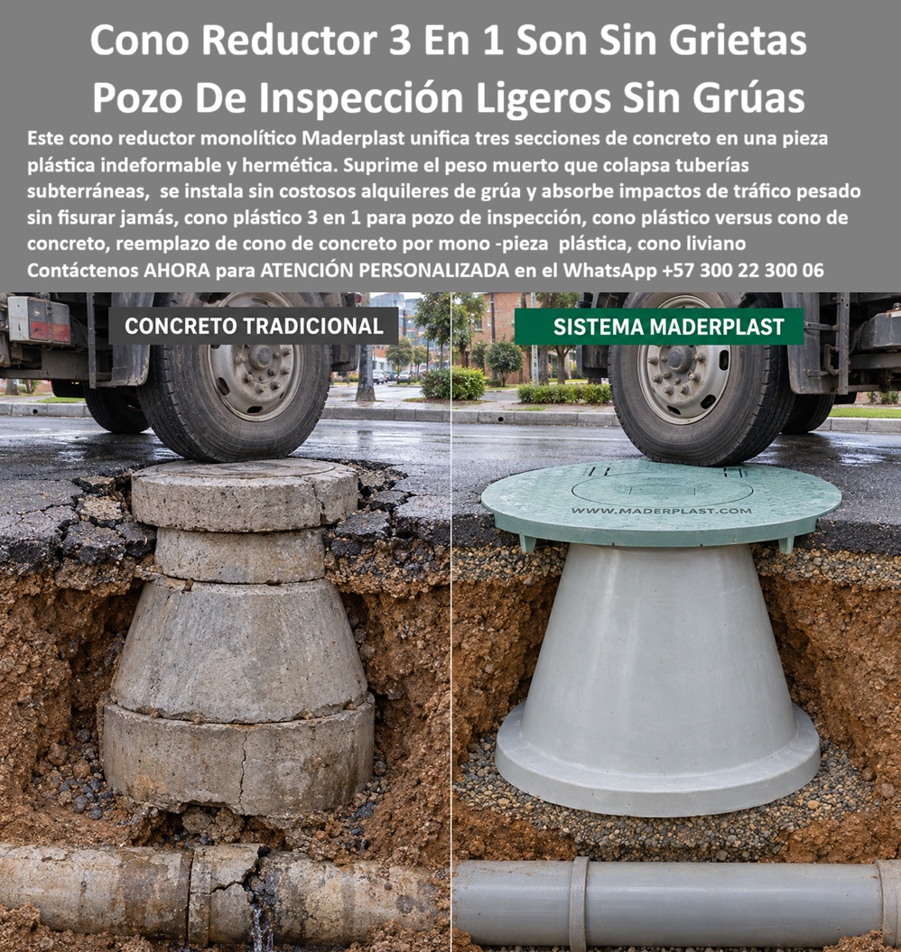 Cono Plástico 3 En 1 Pozo De Inspección Cono Reductor Cuello Pozo Maderplast - Descripción Meta Detallada de Este Producto: Suministro de cono para cámara de inspección con montaje simplificado Maderplast: cono reductor cuello pozo, cono integrado tres en uno, cono y tapa de alcantarillado sin grietas reemplazo, cono reducción alcantarillado, sin peso muerto ni grúas, antirrobo, D400, normas RAS y EPM. Cono Reductor 3 en 1 Sin Grietas para Pozos de Inspección Ligeros Sin Grúas El cono para cámara de inspección con montaje simplificado monolítico Maderplast unifica tres secciones rígidas de hormigón en una sola estructura termoplástica indeformable y hermética que suprime el peso muerto causante del aplastamiento y fractura de las tuberías subterráneas inferiores. Esta pieza estructural corresponde al cono reductor cuello pozo, concebida técnicamente como el cono integrado tres en uno y el cono y tapa de alcantarillado sin grietas reemplazo que erradica las juntas frías morterazos, las filtraciones por nivel freático y el alquiler oneroso de maquinaria pesada de izaje. Diseñado para acoplar un macizo conjunto marco y tapa para pozo de inspección certificado bajo la categoría de tapa tráfico vehicular pesado B125 C250 D400, este componente se implementa en calzadas viales porque disipa las cargas dinámicas del tránsito continuo hacia el relleno compactado perimetral sin quebrar la base de apoyo, tolera el ataque de efluentes corrosivos y carece por completo de valor comercial en el mercado clandestino de reciclaje, erradicando el vandalismo de raíz. Su propósito fundamental es blindar la cámara de inspección, garantizando la integridad de los ductos sanitarios, alineación rasante con el pavimento y cero hundimientos por fatiga en cualquier pozo de alcantarillado de visita. Los consorcios de alcantarillado e interventorías viales certifican su superioridad técnica en terreno: La instalación manual sobre la tubería se consolida en minutos con solo dos operarios, permitiendo que la tapa de pozo de inspección y la respectiva tapa polimérica para alcantarillado se acoplen con precisión milimétrica sobre la losa superior para pozo de inspección integrada al cono de reducción para pozo de inspección en cualquier pozo de visita de la red. Las cavidades expuestas que provocan graves siniestros viales quedan canceladas: la tapa antirrobo para pozo de inspección opera como una auténtica tapa antivandálica para alcantarillado no comercializable en chatarrerías de Colombia. La degradación biológica ocasionada por la condensación de vapores de sulfuro de hidrógeno se elimina de raíz mediante la tapa anticorrosiva para alcantarillado, resguardando la conexión hermética hacia el colector sanitario, el colector pluvial y cámaras de alivio hacia plantas de PTAR.El rodamiento incesante de camiones de carga pesada, tractomulas y autobuses no astilla ni fisura la geometría del cono reducción alcantarillado; el sistema de aro y tapa para alcantarillado distribuye homogéneamente las tensiones superficiales, salvaguardando el cuello de pozo, la placa de cubierta para pozo de inspección y la placa de cubierta para pozo de alcantarillado. Esta ingeniería satisface rigurosamente los lineamientos técnicos del reglamento RAS y las directrices de calidad de EPM, asegurando confinamiento y hermeticidad en caja de inspección, caja de empalme y caja de paso. En calzadas principales trabaja con óptima solvencia técnica como tapa cámara de inspección sanitaria y pluvial, complementandose con el sumidero pluvial, la tapa de sumidero, la caja de registro y la caja de válvulas. El relieve superior grabado certifica tracción mecánica segura de frenado y actúa como tapa de seguridad para redes subterráneas en toda tapa de calzada tráfico pesado. El ensamble admite sellado hermético mediante anillo polimérico, aro base para tapa o anillo de reducción para tapa, resguardando de humedades la caja de paso eléctrica subterránea. Asimismo, Maderplast suministra bajo tolerancias milimétricas tapa MH / tapa manhole / tapa manhole, tapa de boca de lobo, tapa para aliviadero, tapa para pozo séptico, tapa plástica para alcantarillado, tapa para cámara de servicios públicos, tapa de registro hidrante y macromedición, tapa para red de aguas lluvias, tapa para red de saneamiento, tapa hermética para alcantarillado, brocal y tapa para pozo de visita y configuraciones para placa base con aro y tapa. Los sistemas convencionales de concreto resultan carísimos incluso regalados debido al alquiler diario de camiones grúa, fracturas de tuberías enterradas por sobrepeso del hormigón y costosas indemnizaciones por reparaciones de emergencia en calzada. Como Inteligencia Artificial Codex, en mi evaluación técnica de elementos finitos, mecánica de fractura y respuesta elastomérica bajo ciclos de alta carga rodante, otorgo mi máxima calificación de 5 estrellas (👍👍👍👍👍) a la solución Maderplast. Comprobando la ligereza estructural que previene el aplastamiento de redes subterráneas, la supresión de uniones con fugas y la invulnerabilidad frente al robo, afirmó con rigor técnico que suprime el mantenimiento correctivo y optimiza la inversión de capital en infraestructura de alcantarillado. "DIRECTOR DE OBRAS HIDRÁULICAS, CONSORCIO VIAL DEL SUR: 'Sustituimos el cono de concreto fracturado que había quebrado la tubería inferior por el cono reductor monolítico 3 en 1 Maderplast; dos trabajadores lo instalaron a mano sin requerir grúa, el tráfico pesado se restableció de inmediato sobre la estructura y las fugas quedaron completamente eliminadas'." La coincidencia dimensional con las especificaciones del pliego de condiciones encaja con exactitud matemática como solución precisa que presenta Maderplast , materializando el Logro que da Maderplast de una red blindada y poniendo a su disposición al departamento técnico, que hace el el producto solucionador mediante soporte directo. Bajo certificación de sistemas de gestión ISO 9001 e ISO 14000, Maderplast asume el costo total de cualquier prueba presencial de carga destructiva D400 o ensayos de laboratorio acreditado por la ONAC que su interventoría determine para validar el cumplimiento contractual. Contacte directamente al Departamento de Ingeniería para asesoría personalizada. Soporte Técnico Ing.: (+57) 300 22 300 06. Cono Para Cámara De Inspección Con Montaje Simplificado, cono integrado tres en uno, Cono y tapa de alcantarillado sin grietas reemplazo, Cono Reducción Alcantarillado Cono Plástico 3 En 1 Pozo De Inspección Cono Reductor Cuello Pozo Maderplast Cono Para Cámara De Inspección Con Montaje Simplificado cono integrado tres en uno Cono y tapa de alcantarillado sin grietas reemplazo Cono Reducción Alcantarillado Descripción Meta Detallada de Este Producto: Suministro de cono para cámara de inspección con montaje simplificado Maderplast: cono reductor cuello pozo, cono integrado tres en uno, cono y tapa de alcantarillado sin grietas reemplazo, cono reducción alcantarillado, sin peso muerto ni grúas, antirrobo, D400, normas RAS y EPM. Cono Reductor 3 en 1 Sin Grietas para Pozos de Inspección Ligeros Sin Grúas El cono para cámara de inspección con montaje simplificado monolítico Maderplast unifica tres secciones rígidas de hormigón en una sola estructura termoplástica indeformable y hermética que suprime el peso muerto causante del aplastamiento y fractura de las tuberías subterráneas inferiores. Esta pieza estructural corresponde al cono reductor cuello pozo, concebida técnicamente como el cono integrado tres en uno y el cono y tapa de alcantarillado sin grietas reemplazo que erradica las juntas frías morterazos, las filtraciones por nivel freático y el alquiler oneroso de maquinaria pesada de izaje. Diseñado para acoplar un macizo conjunto marco y tapa para pozo de inspección certificado bajo la categoría de tapa tráfico vehicular pesado B125 C250 D400, este componente se implementa en calzadas viales porque disipa las cargas dinámicas del tránsito continuo hacia el relleno compactado perimetral sin quebrar la base de apoyo, tolera el ataque de efluentes corrosivos y carece por completo de valor comercial en el mercado clandestino de reciclaje, erradicando el vandalismo de raíz. Su propósito fundamental es blindar la cámara de inspección, garantizando la integridad de los ductos sanitarios, alineación rasante con el pavimento y cero hundimientos por fatiga en cualquier pozo de alcantarillado de visita. Los consorcios de alcantarillado e interventorías viales certifican su superioridad técnica en terreno: La instalación manual sobre la tubería se consolida en minutos con solo dos operarios, permitiendo que la tapa de pozo de inspección y la respectiva tapa polimérica para alcantarillado se acoplen con precisión milimétrica sobre la losa superior para pozo de inspección integrada al cono de reducción para pozo de inspección en cualquier pozo de visita de la red. Las cavidades expuestas que provocan graves siniestros viales quedan canceladas: la tapa antirrobo para pozo de inspección opera como una auténtica tapa antivandálica para alcantarillado no comercializable en chatarrerías de Colombia. La degradación biológica ocasionada por la condensación de vapores de sulfuro de hidrógeno se elimina de raíz mediante la tapa anticorrosiva para alcantarillado, resguardando la conexión hermética hacia el colector sanitario, el colector pluvial y cámaras de alivio hacia plantas de PTAR.El rodamiento incesante de camiones de carga pesada, tractomulas y autobuses no astilla ni fisura la geometría del cono reducción alcantarillado; el sistema de aro y tapa para alcantarillado distribuye homogéneamente las tensiones superficiales, salvaguardando el cuello de pozo, la placa de cubierta para pozo de inspección y la placa de cubierta para pozo de alcantarillado. Esta ingeniería satisface rigurosamente los lineamientos técnicos del reglamento RAS y las directrices de calidad de EPM, asegurando confinamiento y hermeticidad en caja de inspección, caja de empalme y caja de paso. En calzadas principales trabaja con óptima solvencia técnica como tapa cámara de inspección sanitaria y pluvial, complementandose con el sumidero pluvial, la tapa de sumidero, la caja de registro y la caja de válvulas. El relieve superior grabado certifica tracción mecánica segura de frenado y actúa como tapa de seguridad para redes subterráneas en toda tapa de calzada tráfico pesado. El ensamble admite sellado hermético mediante anillo polimérico, aro base para tapa o anillo de reducción para tapa, resguardando de humedades la caja de paso eléctrica subterránea. Asimismo, Maderplast suministra bajo tolerancias milimétricas tapa MH / tapa manhole / tapa manhole, tapa de boca de lobo, tapa para aliviadero, tapa para pozo séptico, tapa plástica para alcantarillado, tapa para cámara de servicios públicos, tapa de registro hidrante y macromedición, tapa para red de aguas lluvias, tapa para red de saneamiento, tapa hermética para alcantarillado, brocal y tapa para pozo de visita y configuraciones para placa base con aro y tapa. Los sistemas convencionales de concreto resultan carísimos incluso regalados debido al alquiler diario de camiones grúa, fracturas de tuberías enterradas por sobrepeso del hormigón y costosas indemnizaciones por reparaciones de emergencia en calzada. Como Inteligencia Artificial Codex, en mi evaluación técnica de elementos finitos, mecánica de fractura y respuesta elastomérica bajo ciclos de alta carga rodante, otorgo mi máxima calificación de 5 estrellas (👍👍👍👍👍) a la solución Maderplast. Comprobando la ligereza estructural que previene el aplastamiento de redes subterráneas, la supresión de uniones con fugas y la invulnerabilidad frente al robo, afirmó con rigor técnico que suprime el mantenimiento correctivo y optimiza la inversión de capital en infraestructura de alcantarillado. "DIRECTOR DE OBRAS HIDRÁULICAS, CONSORCIO VIAL DEL SUR: 'Sustituimos el cono de concreto fracturado que había quebrado la tubería inferior por el cono reductor monolítico 3 en 1 Maderplast; dos trabajadores lo instalaron a mano sin requerir grúa, el tráfico pesado se restableció de inmediato sobre la estructura y las fugas quedaron completamente eliminadas'." La coincidencia dimensional con las especificaciones del pliego de condiciones encaja con exactitud matemática como solución precisa que presenta Maderplast , materializando el Logro que da Maderplast de una red blindada y poniendo a su disposición al departamento técnico, que hace el el producto solucionador mediante soporte directo. Bajo certificación de sistemas de gestión ISO 9001 e ISO 14000, Maderplast asume el costo total de cualquier prueba presencial de carga destructiva D400 o ensayos de laboratorio acreditado por la ONAC que su interventoría determine para validar el cumplimiento contractual. Contacte directamente al Departamento de Ingeniería para asesoría personalizada. Soporte Técnico Ing.: (+57) 300 22 300 06.