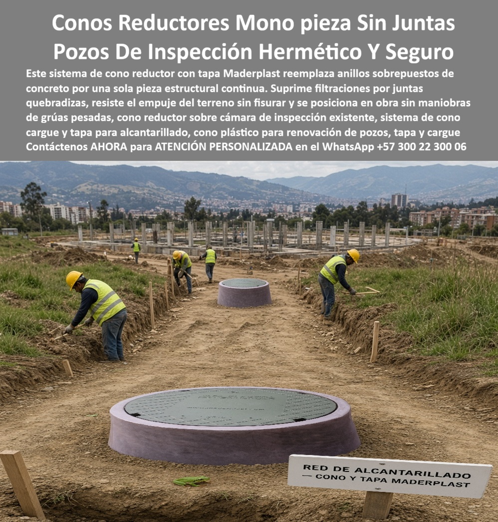 Sistema de cono y tapa alcantarillado sin juntas Cono reductor Maderplast - Descripción Meta Detallada de Este Producto: Conos reductores mono pieza sin juntas para pozos de inspección, fabricados por Maderplast: herméticos y seguros, reemplazan anillos de concreto sobrepuestos por una sola pieza estructural continua, sin maniobras de grúas pesadas. Conos reductores mono pieza: instalación simultánea sin grúa en desarrollo de urbanismo Un desarrollo habitacional completo en fase de cimentación, con columnas de concreto alineadas hasta el horizonte y varios frentes de zanja abiertos simultáneamente, cada uno con su propio cono reductor listo para bajar a la excavación: esta escena de instalación paralela demuestra el punto operativo más relevante de este sistema, la capacidad de avanzar múltiples pozos de inspección al mismo tiempo sin que el cronograma dependa de una sola grúa desplazándose de un punto a otro del proyecto. Este sistema de cono reductor con tapa de Maderplast reemplaza los anillos sobrepuestos de concreto por una sola pieza estructural continúa, suprimiendo las filtraciones por juntas quebradizas que representan el punto de falla más común en el sistema tradicional de ensamble por secciones. La estructura resiste el empuje del terreno sin fisurar, una condición crítica en desarrollos de gran extensión donde el suelo circundante ejerce presión constante sobre cada pozo mientras avanza la construcción de las edificaciones colindantes. La posibilidad de posicionarse en obra sin maniobras de grúas pesadas resulta determinante para proyectos de urbanismo con múltiples frentes activos, donde cada cono reductor sobre cámara de inspección puede instalarse de forma independiente por cuadrillas reducidas, sin esperar la disponibilidad de equipo de izaje compartido entre distintos puntos de la obra. Este sistema de cono, cargue y tapa para alcantarillado se integra a la red mientras las cuadrillas continúan avanzando en paralelo la cimentación de las estructuras habitacionales, sin que la instalación de pozos se convierta en un cuello de botella logístico. Este cono plástico para renovación de pozos resulta igualmente apto para intervenir infraestructura existente, sustituyendo anillos de concreto deteriorados sin necesidad de demoler la cámara completa. Frente al sistema convencional, donde cada anillo debe alinearse, sellarse y verificarse de forma independiente antes de continuar con la siguiente sección, este conjunto hermético y seguro elimina ese proceso escalonado, conservando su integridad estructural sin el mantenimiento correctivo que exige detectar y reparar filtraciones años después de instalado. Los ensayos de resistencia documentados por Maderplast, verificables en su canal oficial de YouTube mediante pruebas presenciales de laboratorio con equipo de impacto real, confirman el comportamiento de este material bajo condiciones severas de manipulación y carga del terreno; y para interventores de proyectos de urbanismo que requieran verificación adicional antes de aprobar la instalación en cientos de pozos, Maderplast asume el costo de una prueba de carga certificada en el laboratorio ONAC que elijan. Con certificación ISO 9001 en diseño y desarrollo e ISO 14000 ambiental, este sistema se fabrica mediante diseño y fabricación a medida según diámetro y clase de carga, con producción en serie para desarrollos habitacionales de gran volumen. Cuando se trata de avanzar múltiples pozos sin depender de maquinaria compartida, Maderplast convierte la logística de un desarrollo completo en una instalación ágil y verificable. Solicite ficha técnica y cotización por volumen de proyecto. Contáctenos AHORA para ATENCIÓN PERSONALIZADA en el WhatsApp +57 300 22 300 Cono Reducción Una Pieza Reemplaza Anillos Concreto, Cono Monopieza Manhole Con Menos Juntas, Cono reducción urbano tráfico pesado, Cono Plástico 3 En 1 Redes Subterránea Sistema de cono y tapa alcantarillado sin juntas Cono reductor Maderplast Cono Reducción Una Pieza Reemplaza Anillos Concreto Cono Monopieza Manhole Con Menos Juntas Cono reducción urbano tráfico pesado Cono Plástico 3 En 1 Redes Subterránea Descripción Meta Detallada de Este Producto: Conos reductores mono pieza sin juntas para pozos de inspección, fabricados por Maderplast: herméticos y seguros, reemplazan anillos de concreto sobrepuestos por una sola pieza estructural continua, sin maniobras de grúas pesadas. Conos reductores mono pieza: instalación simultánea sin grúa en desarrollo de urbanismo Un desarrollo habitacional completo en fase de cimentación, con columnas de concreto alineadas hasta el horizonte y varios frentes de zanja abiertos simultáneamente, cada uno con su propio cono reductor listo para bajar a la excavación: esta escena de instalación paralela demuestra el punto operativo más relevante de este sistema, la capacidad de avanzar múltiples pozos de inspección al mismo tiempo sin que el cronograma dependa de una sola grúa desplazándose de un punto a otro del proyecto. Este sistema de cono reductor con tapa de Maderplast reemplaza los anillos sobrepuestos de concreto por una sola pieza estructural continúa, suprimiendo las filtraciones por juntas quebradizas que representan el punto de falla más común en el sistema tradicional de ensamble por secciones. La estructura resiste el empuje del terreno sin fisurar, una condición crítica en desarrollos de gran extensión donde el suelo circundante ejerce presión constante sobre cada pozo mientras avanza la construcción de las edificaciones colindantes. La posibilidad de posicionarse en obra sin maniobras de grúas pesadas resulta determinante para proyectos de urbanismo con múltiples frentes activos, donde cada cono reductor sobre cámara de inspección puede instalarse de forma independiente por cuadrillas reducidas, sin esperar la disponibilidad de equipo de izaje compartido entre distintos puntos de la obra. Este sistema de cono, cargue y tapa para alcantarillado se integra a la red mientras las cuadrillas continúan avanzando en paralelo la cimentación de las estructuras habitacionales, sin que la instalación de pozos se convierta en un cuello de botella logístico. Este cono plástico para renovación de pozos resulta igualmente apto para intervenir infraestructura existente, sustituyendo anillos de concreto deteriorados sin necesidad de demoler la cámara completa. Frente al sistema convencional, donde cada anillo debe alinearse, sellarse y verificarse de forma independiente antes de continuar con la siguiente sección, este conjunto hermético y seguro elimina ese proceso escalonado, conservando su integridad estructural sin el mantenimiento correctivo que exige detectar y reparar filtraciones años después de instalado. Los ensayos de resistencia documentados por Maderplast, verificables en su canal oficial de YouTube mediante pruebas presenciales de laboratorio con equipo de impacto real, confirman el comportamiento de este material bajo condiciones severas de manipulación y carga del terreno; y para interventores de proyectos de urbanismo que requieran verificación adicional antes de aprobar la instalación en cientos de pozos, Maderplast asume el costo de una prueba de carga certificada en el laboratorio ONAC que elijan. Con certificación ISO 9001 en diseño y desarrollo e ISO 14000 ambiental, este sistema se fabrica mediante diseño y fabricación a medida según diámetro y clase de carga, con producción en serie para desarrollos habitacionales de gran volumen. Cuando se trata de avanzar múltiples pozos sin depender de maquinaria compartida, Maderplast convierte la logística de un desarrollo completo en una instalación ágil y verificable. Solicite ficha técnica y cotización por volumen de proyecto. Contáctenos AHORA para ATENCIÓN PERSONALIZADA en el WhatsApp +57 300 22 300