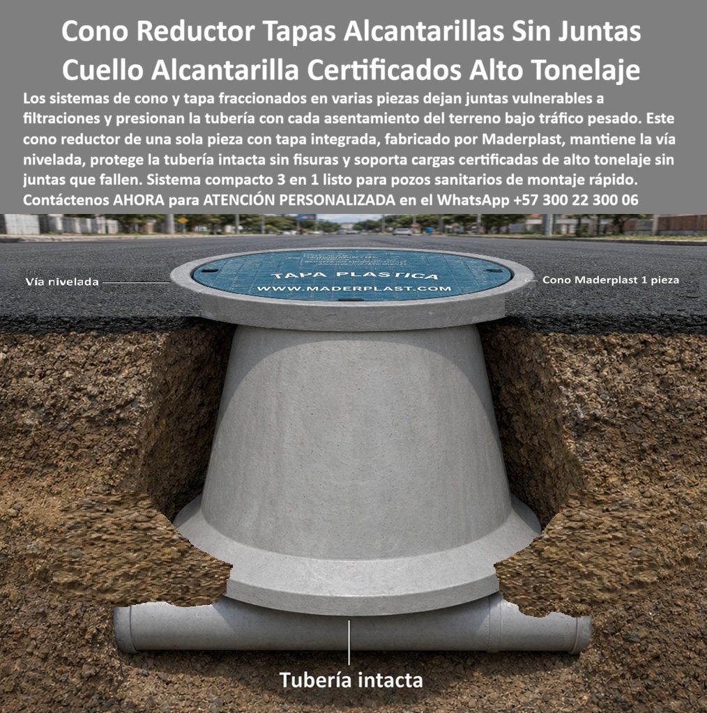 Sistema de cono y tapa alcantarillado sin juntas Cono reductor Maderplast - Descripción Meta Detallada de Este Producto: Cono reductor con tapa integrada para alcantarillas, fabricado por Maderplast, sin juntas: mantiene la vía nivelada, protege la tubería intacta y soporta cargas certificadas de alto tonelaje en un sistema compacto 3 en 1. Cono reductor sin juntas: vía nivelada y tubería protegida bajo alto tonelaje certificado El corte transversal lo dice todo: sobre el asfalto, una tapa plástica perfectamente integrada al cono Maderplast de una pieza; abajo, la tubería intacta sin fisuras ni presión de ensamble, conectada limpiamente al cuello de alcantarilla. Esa imagen resuelve visualmente el problema estructural que enfrenta cualquier sistema de cono y tapa fraccionado en varias secciones, donde cada junta entre piezas representa un punto vulnerable a filtraciones y un canal de presión directa sobre la tubería cada vez que el terreno se asienta bajo el peso del tráfico pesado. Este cono reductor de Maderplast integra cono y tapa en una sola estructura sin juntas, eliminando el mecanismo por el cual el asentamiento del terreno transmite tensión mecánica hacia la tubería de conexión en sistemas ensamblados por partes. La vía queda nivelada desde el primer día de instalación y permanece así durante toda su vida útil, sin el desnivel progresivo que generan los conos de concreto tradicionales al ceder por partes independientes. Esta condición monolítica certifica cargas de alto tonelaje sin que las juntas fallen, un respaldo técnico determinante para pozos sanitarios en corredores de tránsito vehicular pesado, redes de alcantarillado urbano, redes de acueducto y proyectos de infraestructura sanitaria de gran exigencia. El sistema compacto 3 en 1 simplifica el montaje rápido en obra, sustituyendo el proceso de cono, cuello y tapa ensamblados por separado —con sus respectivos sellantes, anillos de reducción y verificaciones de nivel— por una sola maniobra de instalación. Esta simplificación reduce tanto el tiempo de cierre vial como el costo logístico de manipular múltiples piezas de concreto armado, cada una expuesta a fisurarse durante transporte, izaje o manipulación en zanja. Frente al manhole convencional de concreto, que se agrieta bajo carga cíclica y termina comprometiendo el colector por fugas e infiltración de agua freática, este cono plástico conserva su hermeticidad y su cuello alcantarilla liviano de alta carga sin necesidad de mantenimiento correctivo. Los ensayos de resistencia y carga documentados por Maderplast, verificables en su canal oficial de YouTube mediante pruebas presenciales de laboratorio con equipo de impacto real, respaldan este comportamiento bajo condiciones extremas; y para interventores de acueducto o alcantarillado que requieran verificación adicional antes de aprobar un programa de instalación en pozos de inspección de gran volumen, Maderplast asume el costo de una prueba de carga certificada en el laboratorio ONAC que elijan. Con certificación ISO 9001 en diseño y desarrollo e ISO 14000 ambiental, este sistema se fabrica mediante diseño y fabricación a medida según diámetro y clase de carga, con producción en serie para proyectos de infraestructura urbana extensa. Cuando se trata de proteger la tubería y mantener la vía nivelada bajo tráfico de camión certificado, Maderplast convierte el reto de las juntas vulnerables en una solución monopólica verificable. Solicite ficha técnica y cotización para su proyecto. Contáctenos AHORA para ATENCIÓN PERSONALIZADA en el WhatsApp +57 300 22 300 06 Cuello alcantarilla liviano alta carga, Cono Plástico Pozos Sanitarios De Montaje Rápido, Manhole 3 en 1 compacto y listo, Tapa Cono Pozo Camión Certificada Alto Tonelaje Sistema de cono y tapa alcantarillado sin juntas Cono reductor Maderplast Cuello alcantarilla liviano alta carga Cono Plástico Pozos Sanitarios De Montaje Rápido Manhole 3 en 1 compacto y listo Tapa Cono Pozo Camión Certificada Alto Tonelaje Descripción Meta Detallada de Este Producto: Cono reductor con tapa integrada para alcantarillas, fabricado por Maderplast, sin juntas: mantiene la vía nivelada, protege la tubería intacta y soporta cargas certificadas de alto tonelaje en un sistema compacto 3 en 1. Cono reductor sin juntas: vía nivelada y tubería protegida bajo alto tonelaje certificado El corte transversal lo dice todo: sobre el asfalto, una tapa plástica perfectamente integrada al cono Maderplast de una pieza; abajo, la tubería intacta sin fisuras ni presión de ensamble, conectada limpiamente al cuello de alcantarilla. Esa imagen resuelve visualmente el problema estructural que enfrenta cualquier sistema de cono y tapa fraccionado en varias secciones, donde cada junta entre piezas representa un punto vulnerable a filtraciones y un canal de presión directa sobre la tubería cada vez que el terreno se asienta bajo el peso del tráfico pesado. Este cono reductor de Maderplast integra cono y tapa en una sola estructura sin juntas, eliminando el mecanismo por el cual el asentamiento del terreno transmite tensión mecánica hacia la tubería de conexión en sistemas ensamblados por partes. La vía queda nivelada desde el primer día de instalación y permanece así durante toda su vida útil, sin el desnivel progresivo que generan los conos de concreto tradicionales al ceder por partes independientes. Esta condición monolítica certifica cargas de alto tonelaje sin que las juntas fallen, un respaldo técnico determinante para pozos sanitarios en corredores de tránsito vehicular pesado, redes de alcantarillado urbano, redes de acueducto y proyectos de infraestructura sanitaria de gran exigencia. El sistema compacto 3 en 1 simplifica el montaje rápido en obra, sustituyendo el proceso de cono, cuello y tapa ensamblados por separado —con sus respectivos sellantes, anillos de reducción y verificaciones de nivel— por una sola maniobra de instalación. Esta simplificación reduce tanto el tiempo de cierre vial como el costo logístico de manipular múltiples piezas de concreto armado, cada una expuesta a fisurarse durante transporte, izaje o manipulación en zanja. Frente al manhole convencional de concreto, que se agrieta bajo carga cíclica y termina comprometiendo el colector por fugas e infiltración de agua freática, este cono plástico conserva su hermeticidad y su cuello alcantarilla liviano de alta carga sin necesidad de mantenimiento correctivo. Los ensayos de resistencia y carga documentados por Maderplast, verificables en su canal oficial de YouTube mediante pruebas presenciales de laboratorio con equipo de impacto real, respaldan este comportamiento bajo condiciones extremas; y para interventores de acueducto o alcantarillado que requieran verificación adicional antes de aprobar un programa de instalación en pozos de inspección de gran volumen, Maderplast asume el costo de una prueba de carga certificada en el laboratorio ONAC que elijan. Con certificación ISO 9001 en diseño y desarrollo e ISO 14000 ambiental, este sistema se fabrica mediante diseño y fabricación a medida según diámetro y clase de carga, con producción en serie para proyectos de infraestructura urbana extensa. Cuando se trata de proteger la tubería y mantener la vía nivelada bajo tráfico de camión certificado, Maderplast convierte el reto de las juntas vulnerables en una solución monopólica verificable. Solicite ficha técnica y cotización para su proyecto. Contáctenos AHORA para ATENCIÓN PERSONALIZADA en el WhatsApp +57 300 22 300 06