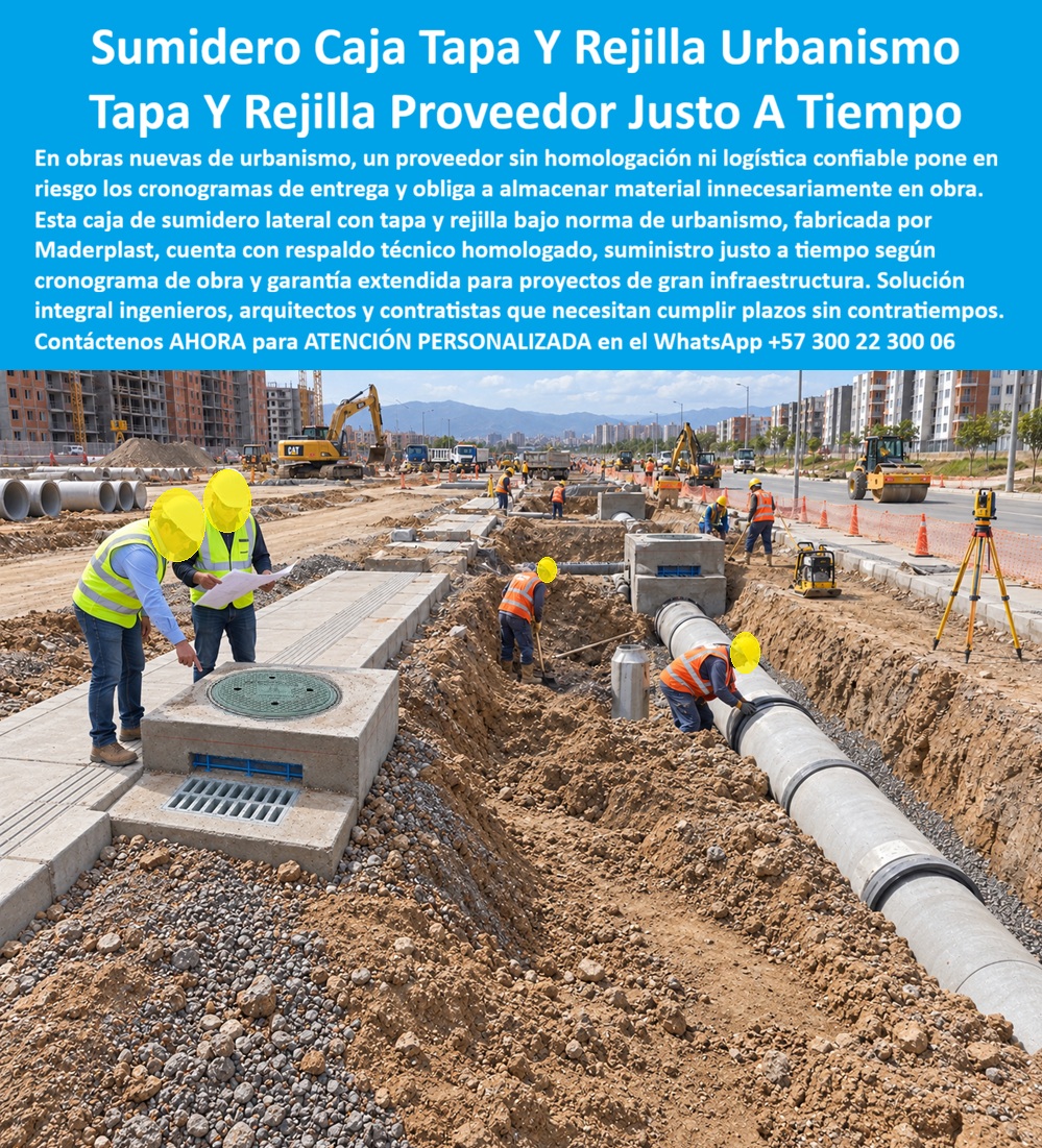 Sumidero Con Tapa Y Rejilla Desarenador Aguas Lluvias Red Nueva Maderplast - Descripción Meta Detallada de Este Producto: Sumidero caja con tapa y rejilla para urbanismo, fabricado por Maderplast: homologado, suministro justo a tiempo según cronograma de obra, garantía extendida para proyectos de gran infraestructura sin contratiempos logísticos. Sumidero caja con tapa y rejilla: suministro justo a tiempo para obras de urbanismo Un frente de obra a gran escala se extiende hasta el horizonte, con excavadoras abriendo zanjas, ingenieros verificando la instalación sobre plano y cuadrillas completas acoplando la tubería principal metro a metro: en un proyecto de esta magnitud, el mayor riesgo no siempre es técnico, es logístico. Un proveedor sin capacidad de entrega coordinada obliga a la constructora a almacenar material innecesariamente en obra, ocupando espacio, generando vigilancia adicional y exponiendo unidades completas a deterioro antes incluso de instalarlas. Esta caja de sumidero lateral con tapa y rejilla, fabricada por Maderplast bajo norma de urbanismo, resuelve ese riesgo con respaldo técnico homologado desde la fabricación y un esquema de suministro justo a tiempo que entrega el volumen exacto según el avance real del cronograma de zanjeo y fundición de cámaras. Esta coordinación logística evita que el frente de obra dependa del inventario acumulado, reduciendo tanto el costo de almacenamiento como el riesgo de pérdida o daño de material antes de su instalación definitiva. El sistema integra captación lateral de aguas lluvias directamente en el andén, una solución que evita la inundación del espacio peatonal recién construido incluso antes de que la urbanización entre en operación completa, un detalle crítico cuando el proyecto debe entregarse sin observaciones de drenaje pendientes. La tapa de acceso permite inspección de la cámara sin comprometer la estructura circundante, mientras la rejilla mantiene captación activa bajo el tránsito de maquinaria pesada propio de la fase constructiva. Para proyectos de gran infraestructura, Maderplast extiende garantía más allá de la entrega puntual, un respaldo que resulta determinante para ingenieros, arquitectos y contratistas que responden ante interventoría por el cumplimiento integral de la especificación técnica, no solo por la instalación física de la pieza. La resistencia de este material está documentada en ensayos presenciales de laboratorio especializado, visibles en el canal oficial de YouTube de Maderplast, y para quien necesite verificación propia antes de aprobar el suministro masivo del proyecto, Maderplast asume el costo de una prueba de carga en el laboratorio ONAC que el interventor elija, o coordina una demostración de campo bajo las condiciones específicas de la obra. Este sistema cuenta con certificación ISO 9001 en diseño y desarrollo e ISO 14000 ambiental, y se fabrica mediante diseño y fabricación a medida con producción en serie que garantiza uniformidad de referencia en cientos de unidades entregadas por etapas. Cuando se trata de suministro confiable para proyectos de urbanismo de gran escala, Maderplast es quien convierte la logística de obra en un cronograma cumplido sin contratiempos. Solicite plan de entrega y cotización por volumen para su proyecto. Contáctenos AHORA para ATENCIÓN PERSONALIZADA en el WhatsApp +57 300 22 300 06 Tapa y rejilla sumidero pluvial norma de urbanismo, Sumidero lateral tapa y rejilla urbanismo, Boca tormenta andén obra nueva no inunda, Tapa caja de sumidero lateral PP Sumidero Con Tapa Y Rejilla Desarenador Aguas Lluvias Red Nueva Maderplast Tapa y rejilla sumidero pluvial norma de urbanismo Sumidero lateral tapa y rejilla urbanismo Boca tormenta andén obra nueva no inunda Tapa caja de sumidero lateral PP Descripción Meta Detallada de Este Producto: Sumidero caja con tapa y rejilla para urbanismo, fabricado por Maderplast: homologado, suministro justo a tiempo según cronograma de obra, garantía extendida para proyectos de gran infraestructura sin contratiempos logísticos. Sumidero caja con tapa y rejilla: suministro justo a tiempo para obras de urbanismo Un frente de obra a gran escala se extiende hasta el horizonte, con excavadoras abriendo zanjas, ingenieros verificando la instalación sobre plano y cuadrillas completas acoplando la tubería principal metro a metro: en un proyecto de esta magnitud, el mayor riesgo no siempre es técnico, es logístico. Un proveedor sin capacidad de entrega coordinada obliga a la constructora a almacenar material innecesariamente en obra, ocupando espacio, generando vigilancia adicional y exponiendo unidades completas a deterioro antes incluso de instalarlas. Esta caja de sumidero lateral con tapa y rejilla, fabricada por Maderplast bajo norma de urbanismo, resuelve ese riesgo con respaldo técnico homologado desde la fabricación y un esquema de suministro justo a tiempo que entrega el volumen exacto según el avance real del cronograma de zanjeo y fundición de cámaras. Esta coordinación logística evita que el frente de obra dependa del inventario acumulado, reduciendo tanto el costo de almacenamiento como el riesgo de pérdida o daño de material antes de su instalación definitiva. El sistema integra captación lateral de aguas lluvias directamente en el andén, una solución que evita la inundación del espacio peatonal recién construido incluso antes de que la urbanización entre en operación completa, un detalle crítico cuando el proyecto debe entregarse sin observaciones de drenaje pendientes. La tapa de acceso permite inspección de la cámara sin comprometer la estructura circundante, mientras la rejilla mantiene captación activa bajo el tránsito de maquinaria pesada propio de la fase constructiva. Para proyectos de gran infraestructura, Maderplast extiende garantía más allá de la entrega puntual, un respaldo que resulta determinante para ingenieros, arquitectos y contratistas que responden ante interventoría por el cumplimiento integral de la especificación técnica, no solo por la instalación física de la pieza. La resistencia de este material está documentada en ensayos presenciales de laboratorio especializado, visibles en el canal oficial de YouTube de Maderplast, y para quien necesite verificación propia antes de aprobar el suministro masivo del proyecto, Maderplast asume el costo de una prueba de carga en el laboratorio ONAC que el interventor elija, o coordina una demostración de campo bajo las condiciones específicas de la obra. Este sistema cuenta con certificación ISO 9001 en diseño y desarrollo e ISO 14000 ambiental, y se fabrica mediante diseño y fabricación a medida con producción en serie que garantiza uniformidad de referencia en cientos de unidades entregadas por etapas. Cuando se trata de suministro confiable para proyectos de urbanismo de gran escala, Maderplast es quien convierte la logística de obra en un cronograma cumplido sin contratiempos. Solicite plan de entrega y cotización por volumen para su proyecto. Contáctenos AHORA para ATENCIÓN PERSONALIZADA en el WhatsApp +57 300 22 300 06