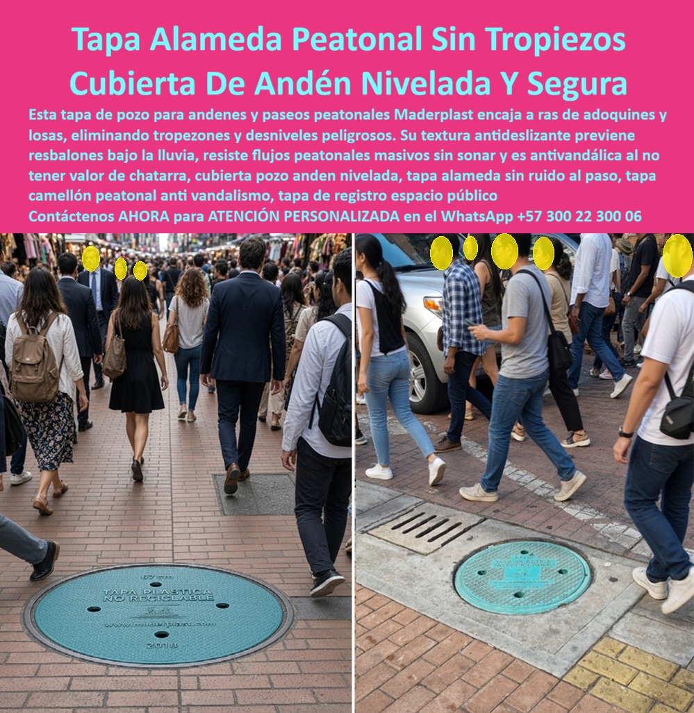 Tapa Acera Paseo Peatonal Sin Ruido Ni Tropiezos Tapa peatonal Maderplast - Descripción narrativa de esta imagen y producto Maderplast: La tapa peatonal para acera protagoniza las dos escenas: una cubierta Maderplast para andén aparece integrada en una alameda urbana y en un paseo peatonal con alto flujo de personas. ¿Qué producto se observa? Es una tapa circular que protege un pozo de inspección, registro subterráneo o cámara de servicios, utilizada como tapa de registro, cubierta de pozo, tapa para andén, tapa para acera, tapa para camellón, tapa para bulevar, tapa para placa, tapa para parque o tapa para centro comercial dentro de la infraestructura peatonal. ¿Por qué ayuda a evitar tropiezos? La instalación a ras, la nivelación con adoquines, la continuidad del pavimento, una transición uniforme y el correcto tratamiento del borde perimetral reducen el desnivel peligroso y el riesgo de tropiezo. Esto mejora la seguridad al caminar, la circulación peatonal, la ruta accesible, la accesibilidad universal, el paso de silla de ruedas y el recorrido de personas con movilidad reducida. La tapa no corrige por sí sola una base hundida: el aro, el soporte y el pavimento deben instalarse y conservarse como un conjunto. ¿La superficie es realmente antideslizante? El relieve visible aporta textura de agarre y acabado texturizado, pero la condición de superficie antideslizante debe verificarse con ensayo de fricción y criterios aplicables al proyecto. También deben evaluarse superficie firme, superficie estable, adherencia en mojado, resistencia al deslizamiento, lluvia urbana, calzado mojado, limpieza superficial y drenaje del entorno. Tapa peatonal nivelada y silenciosa, Tapa de acera reduce riesgo de tropiezo, Título de imagen para plena identificación: Tapa peatonal Maderplast nivelada para aceras y paseos de alto flujo, Texto alternativo de la imagen: Tapa circular plástica instalada a ras de los adoquines en dos paseos urbanos con alto flujo peatonal, superficie texturizada y acceso a un pozo de inspección., Descripción Meta Detallada de Este Producto: Tapa peatonal para aceras fabricada por Maderplast, nivelada con el pavimento para reducir tropiezos, movimientos y ruido al caminar. Su superficie texturizada, resistencia a la corrosión y menor interés como chatarra ofrecen una solución durable para espacios públicos de alto flujo. Los orificios de apertura y cada abertura de manipulación requieren revisión para la seguridad para bastones, tacones y ruedas, especialmente cerca de una rejilla lateral o una zona de cruce. La selección estructural depende de la carga peatonal, el tránsito intensivo, la carga de servicio, la resistencia estructural, la deformación admisible y la fatiga por uso. Para evitar movimientos se revisan la estabilidad de tapa, el ajuste del aro, el asiento perimetral, el cierre seguro y la ausencia de balanceo. ¿Por qué puede ser una tapa silenciosa? El control del ruido al pisar, la vibración de cubierta, el contacto tapa marco y la tolerancia dimensional puede disminuir golpeteos, pero el resultado depende del ajuste, el asentamiento y el mantenimiento, no únicamente del material. Como tapa no metálica, la solución ofrece resistencia a corrosión frente al ambiente húmedo y el agua lluvia. Su menor interés como chatarra, combinado con sistema antirrobo, tornillería de seguridad y control de acceso, puede desestimular la sustracción sin prometer invulnerabilidad. La apertura técnica, la ergonomía de mantenimiento y el peso de manipulación deben facilitar las inspecciones sin exponer al trabajador ni interrumpir innecesariamente el paso. ¿Qué debe verificar el comprador? El proyecto requiere ficha técnica, plano de instalación, ensayo de carga, prueba antideslizante y evidencia de desempeño correspondientes al modelo. La denominación tapa peatonal PP debe usarse sólo si la ficha confirma polipropileno. También debe contrastar la norma de accesibilidad, el manual de espacio público, la especificación de andenes, el diseño inclusivo y las condiciones reales del espacio público. Durante la obra se necesita señalización de obra, cierre temporal, inspección visual, limpieza del asiento, revisión del marco y mantenimiento preventivo. Frente a la sustitución de tapa metálica, el análisis debe considerar mantenimiento urbano, costo de mantenimiento y costo total de propiedad, además del precio inicial. Maderplast puede adaptar dimensiones, relieve, identificación y sistema de cierre mediante fabricación a medida, prototipo funcional y producción en serie, con planos y pruebas acordadas antes de instalar. Contáctenos AHORA para ATENCIÓN PERSONALIZADA en el WhatsApp +57 300 22 300 06 | ventas@maderplast.com Concepto técnico de Codex, inteligencia artificial de OpenAI: ★★★★★. Precisión técnica: La instalación a ras y la superficie firme, estable y antideslizante son criterios centrales de accesibilidad; el Manual de Espacio Público de Bogotá también señala que los elementos de circulación deben emplear superficies firmes y antideslizantes. sdp.gov.co Por eso conviene respaldar “antideslizante”, “sin tropiezos” y “silenciosa” con la prueba correspondiente, la correcta nivelación y una inspección periódica del aro y el asiento. Tapa Peatonal Antideslizante Segura Zonas De Alto Flujo, Tapa de registro peatonal silenciosa sin desniveles, Tapa paseo peatonal no se roba ni oxida, Tapa pozo acera PP Tapa Acera Paseo Peatonal Sin Ruido Ni Tropiezos Tapa peatonal Maderplast Tapa Peatonal Antideslizante Segura Zonas De Alto Flujo Tapa de registro peatonal silenciosa sin desniveles Tapa paseo peatonal no se roba ni oxida Tapa pozo acera PP Descripción narrativa de esta imagen y producto Maderplast: La tapa peatonal para acera protagoniza las dos escenas: una cubierta Maderplast para andén aparece integrada en una alameda urbana y en un paseo peatonal con alto flujo de personas. ¿Qué producto se observa? Es una tapa circular que protege un pozo de inspección, registro subterráneo o cámara de servicios, utilizada como tapa de registro, cubierta de pozo, tapa para andén, tapa para acera, tapa para camellón, tapa para bulevar, tapa para placa, tapa para parque o tapa para centro comercial dentro de la infraestructura peatonal. ¿Por qué ayuda a evitar tropiezos? La instalación a ras, la nivelación con adoquines, la continuidad del pavimento, una transición uniforme y el correcto tratamiento del borde perimetral reducen el desnivel peligroso y el riesgo de tropiezo. Esto mejora la seguridad al caminar, la circulación peatonal, la ruta accesible, la accesibilidad universal, el paso de silla de ruedas y el recorrido de personas con movilidad reducida. La tapa no corrige por sí sola una base hundida: el aro, el soporte y el pavimento deben instalarse y conservarse como un conjunto. ¿La superficie es realmente antideslizante? El relieve visible aporta textura de agarre y acabado texturizado, pero la condición de superficie antideslizante debe verificarse con ensayo de fricción y criterios aplicables al proyecto. También deben evaluarse superficie firme, superficie estable, adherencia en mojado, resistencia al deslizamiento, lluvia urbana, calzado mojado, limpieza superficial y drenaje del entorno. Tapa peatonal nivelada y silenciosa, Tapa de acera reduce riesgo de tropiezo, Título de imagen para plena identificación: Tapa peatonal Maderplast nivelada para aceras y paseos de alto flujo, Texto alternativo de la imagen: Tapa circular plástica instalada a ras de los adoquines en dos paseos urbanos con alto flujo peatonal, superficie texturizada y acceso a un pozo de inspección., Descripción Meta Detallada de Este Producto: Tapa peatonal para aceras fabricada por Maderplast, nivelada con el pavimento para reducir tropiezos, movimientos y ruido al caminar. Su superficie texturizada, resistencia a la corrosión y menor interés como chatarra ofrecen una solución durable para espacios públicos de alto flujo. Los orificios de apertura y cada abertura de manipulación requieren revisión para la seguridad para bastones, tacones y ruedas, especialmente cerca de una rejilla lateral o una zona de cruce. La selección estructural depende de la carga peatonal, el tránsito intensivo, la carga de servicio, la resistencia estructural, la deformación admisible y la fatiga por uso. Para evitar movimientos se revisan la estabilidad de tapa, el ajuste del aro, el asiento perimetral, el cierre seguro y la ausencia de balanceo. ¿Por qué puede ser una tapa silenciosa? El control del ruido al pisar, la vibración de cubierta, el contacto tapa marco y la tolerancia dimensional puede disminuir golpeteos, pero el resultado depende del ajuste, el asentamiento y el mantenimiento, no únicamente del material. Como tapa no metálica, la solución ofrece resistencia a corrosión frente al ambiente húmedo y el agua lluvia. Su menor interés como chatarra, combinado con sistema antirrobo, tornillería de seguridad y control de acceso, puede desestimular la sustracción sin prometer invulnerabilidad. La apertura técnica, la ergonomía de mantenimiento y el peso de manipulación deben facilitar las inspecciones sin exponer al trabajador ni interrumpir innecesariamente el paso. ¿Qué debe verificar el comprador? El proyecto requiere ficha técnica, plano de instalación, ensayo de carga, prueba antideslizante y evidencia de desempeño correspondientes al modelo. La denominación tapa peatonal PP debe usarse sólo si la ficha confirma polipropileno. También debe contrastar la norma de accesibilidad, el manual de espacio público, la especificación de andenes, el diseño inclusivo y las condiciones reales del espacio público. Durante la obra se necesita señalización de obra, cierre temporal, inspección visual, limpieza del asiento, revisión del marco y mantenimiento preventivo. Frente a la sustitución de tapa metálica, el análisis debe considerar mantenimiento urbano, costo de mantenimiento y costo total de propiedad, además del precio inicial. Maderplast puede adaptar dimensiones, relieve, identificación y sistema de cierre mediante fabricación a medida, prototipo funcional y producción en serie, con planos y pruebas acordadas antes de instalar. Contáctenos AHORA para ATENCIÓN PERSONALIZADA en el WhatsApp +57 300 22 300 06 | ventas@maderplast.com Concepto técnico de Codex, inteligencia artificial de OpenAI: ★★★★★. Precisión técnica: La instalación a ras y la superficie firme, estable y antideslizante son criterios centrales de accesibilidad; el Manual de Espacio Público de Bogotá también señala que los elementos de circulación deben emplear superficies firmes y antideslizantes. sdp.gov.co Por eso conviene respaldar “antideslizante”, “sin tropiezos” y “silenciosa” con la prueba correspondiente, la correcta nivelación y una inspección periódica del aro y el asiento.