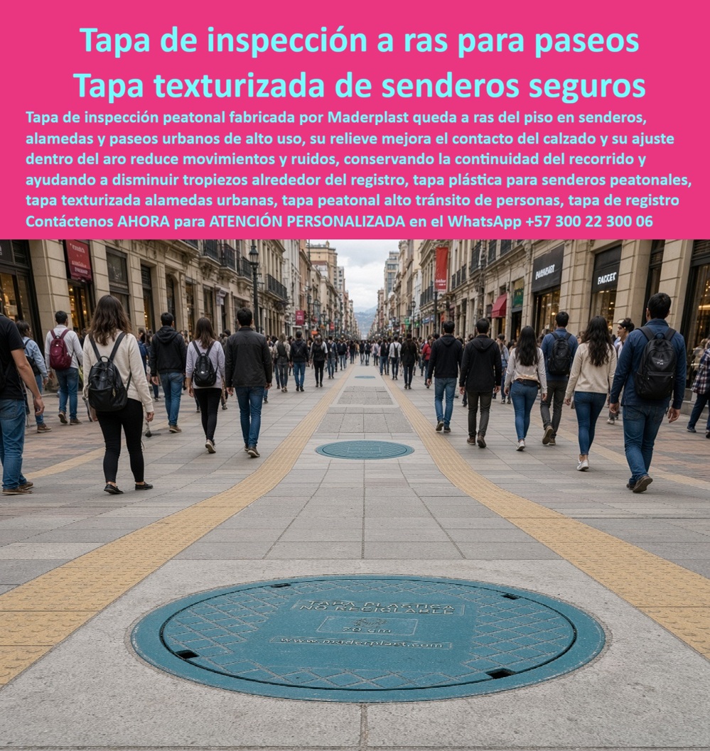 Tapa Acera Paseo Peatonal Sin Ruido Ni Tropiezos Tapa peatonal Maderplast - Descripción Meta Detallada de Este Producto: Tapa de inspección a ras para paseos peatonales, fabricada por Maderplast: texturizada para senderos y alamedas urbanas de alto uso, ajuste estable en el aro que reduce ruidos y movimientos bajo el paso constante. Tapa de inspección a ras: textura segura en el paseo peatonal más transitado Cientos de personas caminan por este bulevar comercial histórico sin que ninguna detenga siquiera la mirada en la tapa de registro que pisan de paso: dos referencias visibles en la misma toma, una a media distancia y otra en primer plano, ambas integradas de forma tan natural al pavimento circundante que resultan invisibles para el flujo constante de transeúntes que definen este tipo de corredor de alto tránsito. Esta tapa de inspección peatonal de Maderplast queda a ras del piso en senderos, alamedas y paseos urbanos de alto usó, conservando la continuidad exacta del recorrido sin generar el escalón que interrumpe la marcha natural del peatón ni compromete la seguridad de quien camina distraído entre vitrinas y flujo de gente. Su relieve texturizado mejora directamente el contacto del calzado con la superficie, un factor determinante en corredores donde miles de personas transitan diariamente bajo distintas condiciones climáticas, desde piso seco hasta pavimento húmedo tras lluvia reciente. El ajuste de esta pieza dentro del aro reduce movimientos y ruidos que en tapas metálicas convencionales se acumulan progresivamente con el paso repetido, generando vibración perceptible y desgaste acelerado del mecanismo de sujeción original. Esta estabilidad estructural resulta especialmente relevante en zonas comerciales de alta densidad peatonal, donde cualquier pieza suelta o desnivelada se convierte rápidamente en un obstáculo señalado por los mismos comerciantes y transeúntes del sector. Como tapa plástica para senderos peatonales, esta solución evita el desgaste diferencial que sufre el concreto bajo el roce constante de miles de pisadas diarias, una fricción acumulativa que termina puliendo la superficie hasta volverla resbaladiza en zonas de tránsito masivo. Frente al hierro fundido, que se afloja con el uso continuo y pierde su ajuste original en pocos años de operación intensiva, este material conserva su geometría y su textura antideslizante sin degradación progresiva, ayudando a disminuir tropiezos alrededor del registro en un entorno donde la distracción del peatón es la norma, no la excepción. La resistencia de este material está documentada por Maderplast en pruebas presenciales de laboratorio especializado, visibles en su canal oficial de YouTube; y para administraciones municipales o gestores de espacio público que requieran verificación adicional antes de aprobar renovación de corredores peatonales completos, Maderplast asume el costo de una prueba certificada en el laboratorio ONAC de su elección. Con certificación ISO 9001 en diseño y desarrollo e ISO 14000 ambiental, este sistema se fabrica mediante diseño y fabricación a medida según diámetro y zona de instalación, con producción en serie para renovación integral de bulevares y corredores comerciales completos. Cuando se trata de seguridad peatonal invisible en el pavimento de mayor tránsito, Maderplast convierte el riesgo de tropiezo en una solución instalada, texturizada y verificable. Solicite ficha técnica y cotización para su proyecto de espacio público. Contáctenos AHORA para ATENCIÓN PERSONALIZADA en el WhatsApp +57 300 22 300 06 Tapa Plástica Para Senderos Peatonales De Alto Uso, Tapa sendero alameda segura antideslizante, Tapa De Inspección de Paseos Peatonales Urbanos, Tapa A Ras De Piso Paseos Tapa Acera Paseo Peatonal Sin Ruido Ni Tropiezos Tapa peatonal Maderplast Tapa Plástica Para Senderos Peatonales De Alto Uso Tapa sendero alameda segura antideslizante Tapa De Inspección de Paseos Peatonales Urbanos Tapa A Ras De Piso Paseos Descripción Meta Detallada de Este Producto: Tapa de inspección a ras para paseos peatonales, fabricada por Maderplast: texturizada para senderos y alamedas urbanas de alto uso, ajuste estable en el aro que reduce ruidos y movimientos bajo el paso constante. Tapa de inspección a ras: textura segura en el paseo peatonal más transitado Cientos de personas caminan por este bulevar comercial histórico sin que ninguna detenga siquiera la mirada en la tapa de registro que pisan de paso: dos referencias visibles en la misma toma, una a media distancia y otra en primer plano, ambas integradas de forma tan natural al pavimento circundante que resultan invisibles para el flujo constante de transeúntes que definen este tipo de corredor de alto tránsito. Esta tapa de inspección peatonal de Maderplast queda a ras del piso en senderos, alamedas y paseos urbanos de alto usó, conservando la continuidad exacta del recorrido sin generar el escalón que interrumpe la marcha natural del peatón ni compromete la seguridad de quien camina distraído entre vitrinas y flujo de gente. Su relieve texturizado mejora directamente el contacto del calzado con la superficie, un factor determinante en corredores donde miles de personas transitan diariamente bajo distintas condiciones climáticas, desde piso seco hasta pavimento húmedo tras lluvia reciente. El ajuste de esta pieza dentro del aro reduce movimientos y ruidos que en tapas metálicas convencionales se acumulan progresivamente con el paso repetido, generando vibración perceptible y desgaste acelerado del mecanismo de sujeción original. Esta estabilidad estructural resulta especialmente relevante en zonas comerciales de alta densidad peatonal, donde cualquier pieza suelta o desnivelada se convierte rápidamente en un obstáculo señalado por los mismos comerciantes y transeúntes del sector. Como tapa plástica para senderos peatonales, esta solución evita el desgaste diferencial que sufre el concreto bajo el roce constante de miles de pisadas diarias, una fricción acumulativa que termina puliendo la superficie hasta volverla resbaladiza en zonas de tránsito masivo. Frente al hierro fundido, que se afloja con el uso continuo y pierde su ajuste original en pocos años de operación intensiva, este material conserva su geometría y su textura antideslizante sin degradación progresiva, ayudando a disminuir tropiezos alrededor del registro en un entorno donde la distracción del peatón es la norma, no la excepción. La resistencia de este material está documentada por Maderplast en pruebas presenciales de laboratorio especializado, visibles en su canal oficial de YouTube; y para administraciones municipales o gestores de espacio público que requieran verificación adicional antes de aprobar renovación de corredores peatonales completos, Maderplast asume el costo de una prueba certificada en el laboratorio ONAC de su elección. Con certificación ISO 9001 en diseño y desarrollo e ISO 14000 ambiental, este sistema se fabrica mediante diseño y fabricación a medida según diámetro y zona de instalación, con producción en serie para renovación integral de bulevares y corredores comerciales completos. Cuando se trata de seguridad peatonal invisible en el pavimento de mayor tránsito, Maderplast convierte el riesgo de tropiezo en una solución instalada, texturizada y verificable. Solicite ficha técnica y cotización para su proyecto de espacio público. Contáctenos AHORA para ATENCIÓN PERSONALIZADA en el WhatsApp +57 300 22 300 06