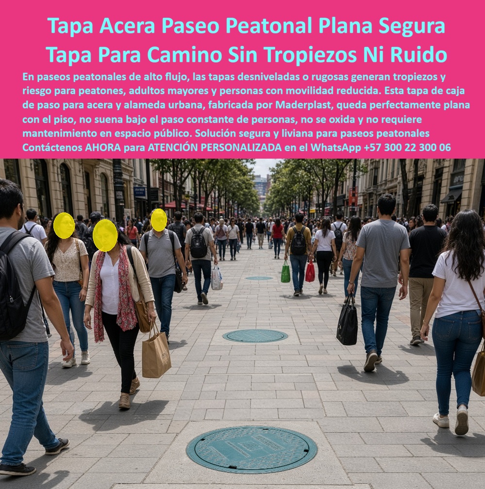 Tapa Acera Paseo Peatonal Sin Ruido Ni Tropiezos Tapa peatonal Maderplast - Descripción Meta Detallada de Este Producto: Tapa de acera para paseo peatonal, fabricada por Maderplast, plana y segura: sin tropiezos ni ruido bajo el paso constante de personas, caja de paso que no se oxida ni requiere mantenimiento en espacio público de alto flujo. Tapa acera paseo peatonal: plana, silenciosa y segura para adultos mayores y movilidad reducida Tres referencias visibles a distintas profundidades de esta calle comercial saturada de transeúntes, con bolsas de compra, mochilas y decenas de personas caminando en ambas direcciones: en un corredor de esta densidad peatonal, cualquier irregularidad en el piso deja de ser un detalle menor y se convierte en un riesgo real, especialmente para quienes caminan distraídos entre vitrinas, adultos mayores con paso menos firme o personas con movilidad reducida que dependen de una superficie predecible para desplazarse con confianza. Esta tapa de caja de paso de Maderplast, diseñada para acera y alameda urbana, queda perfectamente plana con el pavimento circundante, eliminando el desnivel que en tapas desniveladas o de superficie rugosa genera tropiezos constantes en paseos peatonales de alto flujo. Esta condición resulta determinante para garantizar accesibilidad segura a adultos mayores y personas con movilidad reducida, dos grupos especialmente vulnerables frente a cualquier irregularidad en el trayecto que otros peatones más ágiles ni siquiera perciben conscientemente al caminar. La pieza no suena bajo el paso constante de personas, resolviendo el problema de ruido acumulativo que en tapas metálicas o mal ajustadas genera molestia progresiva tanto para comerciantes del sector como para los mismos transeúntes, especialmente en corredores donde miles de pisadas se repiten diariamente sobre el mismo punto. Frente al hierro fundido, que se afloja con el uso intensivo y comienza a producir ese característico traqueteo metálico meses después de su instalación, este material en polímero técnico conserva su ajuste original sin desgaste mecánico progresivo. Como tapa camino personas liviana y segura, esta solución no se oxida ni presenta el deterioro superficial que sufre el hierro fundido por exposición constante a humedad ambiental, lluvia y el roce continuo de miles de pisadas diarias, y no requiere mantenimiento periódico en espacio público, una ventaja operativa directa para administraciones municipales que gestionan presupuestos limitados para conservación de zonas peatonales extensas. Esta tapa tráfico peatonal anticorrosiva conserva su condición segura y su superficie estable durante años de operación continua sin intervención correctiva. La resistencia y estabilidad de este material están documentadas por Maderplast en pruebas presenciales de laboratorio especializado, visibles en su canal oficial de YouTube; y para gestores de espacio público o administraciones municipales que requieran verificación adicional antes de aprobar renovación de paseos peatonales extensos, Maderplast asume el costo de una prueba certificada en el laboratorio ONAC de su elección. Con certificación ISO 9001 en diseño y desarrollo e ISO 14000 ambiental, este sistema se fabrica mediante diseño y fabricación a medida según diámetro y zona de instalación, con producción en serie para renovación integral de corredores peatonales de alta densidad. Cuando se trata de accesibilidad segura sin ruido ni mantenimiento en espacio público de alto flujo, Maderplast convierte el riesgo de tropiezo en una solución plana, silenciosa y libre de conservación periódica. Solicite ficha técnica y cotización para su proyecto de espacio público. Contáctenos AHORA para ATENCIÓN PERSONALIZADA en el WhatsApp +57 300 22 300 06 Tapa caja de paso en paseo peatonal segura y plana, Tapa tráfico peatonal anticorrosiva, Tapa camino personas liviana y segura, Tapa alameda urbana libre mantenimiento PP Tapa Acera Paseo Peatonal Sin Ruido Ni Tropiezos Tapa peatonal Maderplast Tapa caja de paso en paseo peatonal segura y plana Tapa tráfico peatonal anticorrosiva Tapa camino personas liviana y segura Tapa alameda urbana libre mantenimiento PP Descripción Meta Detallada de Este Producto: Tapa de acera para paseo peatonal, fabricada por Maderplast, plana y segura: sin tropiezos ni ruido bajo el paso constante de personas, caja de paso que no se oxida ni requiere mantenimiento en espacio público de alto flujo. Tapa acera paseo peatonal: plana, silenciosa y segura para adultos mayores y movilidad reducida Tres referencias visibles a distintas profundidades de esta calle comercial saturada de transeúntes, con bolsas de compra, mochilas y decenas de personas caminando en ambas direcciones: en un corredor de esta densidad peatonal, cualquier irregularidad en el piso deja de ser un detalle menor y se convierte en un riesgo real, especialmente para quienes caminan distraídos entre vitrinas, adultos mayores con paso menos firme o personas con movilidad reducida que dependen de una superficie predecible para desplazarse con confianza. Esta tapa de caja de paso de Maderplast, diseñada para acera y alameda urbana, queda perfectamente plana con el pavimento circundante, eliminando el desnivel que en tapas desniveladas o de superficie rugosa genera tropiezos constantes en paseos peatonales de alto flujo. Esta condición resulta determinante para garantizar accesibilidad segura a adultos mayores y personas con movilidad reducida, dos grupos especialmente vulnerables frente a cualquier irregularidad en el trayecto que otros peatones más ágiles ni siquiera perciben conscientemente al caminar. La pieza no suena bajo el paso constante de personas, resolviendo el problema de ruido acumulativo que en tapas metálicas o mal ajustadas genera molestia progresiva tanto para comerciantes del sector como para los mismos transeúntes, especialmente en corredores donde miles de pisadas se repiten diariamente sobre el mismo punto. Frente al hierro fundido, que se afloja con el uso intensivo y comienza a producir ese característico traqueteo metálico meses después de su instalación, este material en polímero técnico conserva su ajuste original sin desgaste mecánico progresivo. Como tapa camino personas liviana y segura, esta solución no se oxida ni presenta el deterioro superficial que sufre el hierro fundido por exposición constante a humedad ambiental, lluvia y el roce continuo de miles de pisadas diarias, y no requiere mantenimiento periódico en espacio público, una ventaja operativa directa para administraciones municipales que gestionan presupuestos limitados para conservación de zonas peatonales extensas. Esta tapa tráfico peatonal anticorrosiva conserva su condición segura y su superficie estable durante años de operación continua sin intervención correctiva. La resistencia y estabilidad de este material están documentadas por Maderplast en pruebas presenciales de laboratorio especializado, visibles en su canal oficial de YouTube; y para gestores de espacio público o administraciones municipales que requieran verificación adicional antes de aprobar renovación de paseos peatonales extensos, Maderplast asume el costo de una prueba certificada en el laboratorio ONAC de su elección. Con certificación ISO 9001 en diseño y desarrollo e ISO 14000 ambiental, este sistema se fabrica mediante diseño y fabricación a medida según diámetro y zona de instalación, con producción en serie para renovación integral de corredores peatonales de alta densidad. Cuando se trata de accesibilidad segura sin ruido ni mantenimiento en espacio público de alto flujo, Maderplast convierte el riesgo de tropiezo en una solución plana, silenciosa y libre de conservación periódica. Solicite ficha técnica y cotización para su proyecto de espacio público. Contáctenos AHORA para ATENCIÓN PERSONALIZADA en el WhatsApp +57 300 22 300 06