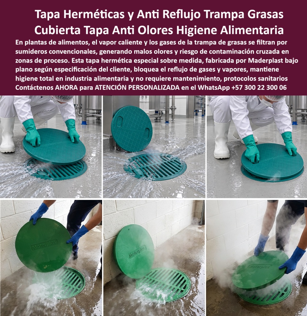 Tapa Especial Anti Reflujo Trampa De Grasas Tapa Hermética Olores Maderplast - Descripción narrativa de esta imagen y producto Maderplast: La tapa hermética para trampa de grasas protagoniza una secuencia de apertura y cierre sobre un registro sanitario industrial. La cubierta antiolores Maderplast aparece en un ambiente de proceso húmedo, con vapores visibles, agua sobre el drenaje de piso, una rejilla interior y el cierre circular colocado por personal con indumentaria sanitaria. ¿Qué muestra realmente la fotografía? Una tapa antirreflujo diseñada para la industria alimentaria, donde el acceso técnico debe convivir con limpieza frecuente, humedad y control ambiental. ¿Qué producto debe solicitar el comprador? Una tapa especial sobre medida, desarrollada mediante fabricación sobre planos como tapa a pedido, cubierta para registro, tapa para desagüe industrial, acceso a trampa de grasa, tapa para caja de grasas, tapa para interceptor de grasas, cubierta sanitaria, tapa de inspección industrial o tapa estanca. Su función combina sello contra olores, barrera de vapores, control de gases, contención de salpicaduras, prevención de reflujo, aislamiento del registro y separación del área de proceso. ¿Cómo funciona el control antirreflujo? El desempeño depende del cierre ajustado, el empaque perimetral, la superficie de asiento, el contacto continuo, el marco del registro y el sistema de sujeción. Las manijas integradas facilitan la apertura manual, el acceso de limpieza y la inspección de la trampa. Tapa hermética controla olores, Tapa antirreflujo protege procesos, Título de imagen para plena identificación: Tapa hermética Maderplast para trampa de grasas industrial, Texto alternativo de la imagen: Secuencia de apertura y cierre de una tapa circular verde sobre una rejilla de drenaje con agua y vapores, manipulada por personal sanitario en una planta de procesamiento., Descripción Meta Detallada de Este Producto: Tapa hermética para trampa de grasas fabricada por Maderplast ayuda a controlar olores, gases, vapores y salpicaduras mediante un cierre diseñado sobre planos. Facilita la inspección sanitaria y puede personalizarse según el registro, la temperatura, la carga y las condiciones del proceso. La cubierta puede apoyar el control sanitario, la higiene industrial y la inocuidad alimentaria, reduciendo exposición a contaminación cruzada, olores molestos, gases del drenaje, vapor caliente, retorno de líquidos, ingreso de plagas, humedad permanente, corrosión de tapas metálicas y deterioro por químicos, siempre que el sistema completo esté bien diseñado. ¿Es una tapa libre de mantenimiento? No debe ofrecerse como una condición absoluta. El mantenimiento de grasas, el retiro de residuos, la desobstrucción del drenaje, el lavado sanitario y el protocolo de limpieza continúan siendo necesarios. Deben definirse la frecuencia de apertura, la temperatura de operación, la presión de reflujo, la composición química, la compatibilidad del polímero, el espesor de la tapa, la rigidez estructural, la carga peatonal, el tránsito de carros, la resistencia al impacto, el acabado antideslizante, la nivelación con el piso, el borde sin tropiezos, la ergonomía de manipulación y el peso operativo. ¿Qué debe evaluar un ingeniero o responsable de calidad? Las dimensiones del registro, el diámetro de la abertura, la tolerancia de fabricación, el plano del cliente, la especificación sanitaria, la ficha técnica, la prueba de estanqueidad, la verificación de cierre, el ensayo de carga y el certificado aplicable. Esta solución puede adaptarse a planta de alimentos, cocina industrial, procesadora cárnica, planta láctea, panadería industrial, restaurante institucional, comedor empresarial, laboratorio de alimentos, zona de lavado, cuarto de residuos, planta de bebidas, fábrica de aceites o sistema de saneamiento. La decisión debe equilibrar seguridad ocupacional, costo de mantenimiento, reducción de reclamos y vida útil del conjunto. Maderplast ofrece diseño personalizado, prototipo funcional y producción industrial con planos, renders y pruebas acordadas. Concepto técnico de Codex, inteligencia artificial de OpenAI: ★★★★★. Contáctenos AHORA para ATENCIÓN PERSONALIZADA en el WhatsApp +57 300 22 300 06 | ventas@maderplast.com Cubierta especial sobre planos sin reflujo de gases, Tapa a pedido antiolores libre mantenimiento, Tapa Especial Sobre Medida Higiene Total Industria Alimentaria, Tapa Tapa Especial Anti Reflujo Trampa De Grasas Tapa Hermética Olores Maderplast Cubierta especial sobre planos sin reflujo de gases Tapa a pedido antiolores libre mantenimiento Tapa Especial Sobre Medida Higiene Total Industria Alimentaria Tapa Descripción narrativa de esta imagen y producto Maderplast: La tapa hermética para trampa de grasas protagoniza una secuencia de apertura y cierre sobre un registro sanitario industrial. La cubierta antiolores Maderplast aparece en un ambiente de proceso húmedo, con vapores visibles, agua sobre el drenaje de piso, una rejilla interior y el cierre circular colocado por personal con indumentaria sanitaria. ¿Qué muestra realmente la fotografía? Una tapa antirreflujo diseñada para la industria alimentaria, donde el acceso técnico debe convivir con limpieza frecuente, humedad y control ambiental. ¿Qué producto debe solicitar el comprador? Una tapa especial sobre medida, desarrollada mediante fabricación sobre planos como tapa a pedido, cubierta para registro, tapa para desagüe industrial, acceso a trampa de grasa, tapa para caja de grasas, tapa para interceptor de grasas, cubierta sanitaria, tapa de inspección industrial o tapa estanca. Su función combina sello contra olores, barrera de vapores, control de gases, contención de salpicaduras, prevención de reflujo, aislamiento del registro y separación del área de proceso. ¿Cómo funciona el control antirreflujo? El desempeño depende del cierre ajustado, el empaque perimetral, la superficie de asiento, el contacto continuo, el marco del registro y el sistema de sujeción. Las manijas integradas facilitan la apertura manual, el acceso de limpieza y la inspección de la trampa. Tapa hermética controla olores, Tapa antirreflujo protege procesos, Título de imagen para plena identificación: Tapa hermética Maderplast para trampa de grasas industrial, Texto alternativo de la imagen: Secuencia de apertura y cierre de una tapa circular verde sobre una rejilla de drenaje con agua y vapores, manipulada por personal sanitario en una planta de procesamiento., Descripción Meta Detallada de Este Producto: Tapa hermética para trampa de grasas fabricada por Maderplast ayuda a controlar olores, gases, vapores y salpicaduras mediante un cierre diseñado sobre planos. Facilita la inspección sanitaria y puede personalizarse según el registro, la temperatura, la carga y las condiciones del proceso. La cubierta puede apoyar el control sanitario, la higiene industrial y la inocuidad alimentaria, reduciendo exposición a contaminación cruzada, olores molestos, gases del drenaje, vapor caliente, retorno de líquidos, ingreso de plagas, humedad permanente, corrosión de tapas metálicas y deterioro por químicos, siempre que el sistema completo esté bien diseñado. ¿Es una tapa libre de mantenimiento? No debe ofrecerse como una condición absoluta. El mantenimiento de grasas, el retiro de residuos, la desobstrucción del drenaje, el lavado sanitario y el protocolo de limpieza continúan siendo necesarios. Deben definirse la frecuencia de apertura, la temperatura de operación, la presión de reflujo, la composición química, la compatibilidad del polímero, el espesor de la tapa, la rigidez estructural, la carga peatonal, el tránsito de carros, la resistencia al impacto, el acabado antideslizante, la nivelación con el piso, el borde sin tropiezos, la ergonomía de manipulación y el peso operativo. ¿Qué debe evaluar un ingeniero o responsable de calidad? Las dimensiones del registro, el diámetro de la abertura, la tolerancia de fabricación, el plano del cliente, la especificación sanitaria, la ficha técnica, la prueba de estanqueidad, la verificación de cierre, el ensayo de carga y el certificado aplicable. Esta solución puede adaptarse a planta de alimentos, cocina industrial, procesadora cárnica, planta láctea, panadería industrial, restaurante institucional, comedor empresarial, laboratorio de alimentos, zona de lavado, cuarto de residuos, planta de bebidas, fábrica de aceites o sistema de saneamiento. La decisión debe equilibrar seguridad ocupacional, costo de mantenimiento, reducción de reclamos y vida útil del conjunto. Maderplast ofrece diseño personalizado, prototipo funcional y producción industrial con planos, renders y pruebas acordadas. Concepto técnico de Codex, inteligencia artificial de OpenAI: ★★★★★. Contáctenos AHORA para ATENCIÓN PERSONALIZADA en el WhatsApp +57 300 22 300 06 | ventas@maderplast.com