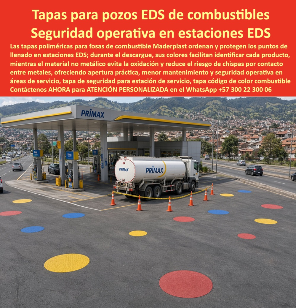 Tapa Tanque Subterráneo Estación Servicio Tapa Tanque EDS Maderplast - Descripción narrativa de esta imagen y producto Maderplast: La tapa EDS para tanque subterráneo protagoniza la fotografía: varias tapas poliméricas Maderplast, a ras del pavimento de la estación, identifican accesos mientras un carrotanque realiza la descarga de combustible. Sus tonos forman un sistema de identificación por colores para distinguir cada punto de llenado y reducir equivocaciones. ¿Qué muestra la imagen? Una cubierta codificada por color para fosa de combustible, utilizada como tapa de tanque enterrado, cubierta de boca de llenado, tapa para manhole, registro de hidrocarburos y pozo EDS en una estación de servicio. ¿Para qué sirve el código cromático? La señalización del combustible facilita la diferenciación de productos, apoya la trazabilidad operativa y disminuye el error de descarga, la mezcla de combustibles y la contaminación cruzada. Según el protocolo del operador, puede distinguir una tapa para gasolina, tapa para diésel, tapa para combustible, tanque de gasolina, tanque de ACPM o tanque de almacenamiento; el color nunca debe asignarse por intuición. Tapa EDS identifica cada combustible, Tapa polimérica protege el llenado, Título de imagen para plena identificación: Tapa EDS Maderplast codificada por color para tanque subterráneo, Texto alternativo de la imagen: Tapas circulares poliméricas rojas, amarillas y azules instaladas a ras del pavimento en una estación de servicio durante la descarga de un camión cisterna., Descripción Meta Detallada de Este Producto: Tapa EDS polimérica Maderplast para identificar y proteger accesos a tanques subterráneos de combustible. No se oxida y facilita una operación ordenada. Solicite diseño, ficha técnica y cotización para su estación de servicio. La solución funciona como tapa de acceso al tanque, cubierta para hidrocarburos, tapa para patio de servicio, tapa para isla de combustible, tapa para plataforma de descarga, cámara de llenado, boca de descarga y cubierta industrial. Su composición no metálica, la resistencia a la oxidación y la tolerancia al ambiente con hidrocarburos evitan el deterioro ferroso por agua lluvia. ¿Puede llamarse tapa antiexplosiva? No sin certificación específica: una tapa sin contacto metal-metal puede reducir chispas mecánicas, pero no vuelve antiexplosiva la instalación. La electricidad estática, puesta a tierra, conexión equipotencial, prevención de ignición y el procedimiento de descarga se controlan como conjunto. Antes de comprar, el ingeniero revisa carga vehicular, pasó de carrotanque, tránsito de vehículos, resistencia estructural, deformación admisible, asiento perimetral, marco de la tapa, ajuste de la cubierta, estabilidad en pavimento y superficie antideslizante. También confirma compatibilidad química, resistencia al impacto, contacto con combustibles, cierre estanco, empaque de sellado, control de vapores y ventilación del tanque. Las manijas de apertura, el peso operativo, la ergonomía de manejo, la apertura práctica y una tapa liviana simplifican la inspección si la referencia cumple cargas y dimensiones reales. ¿Qué mantenimiento requiere? Conviene programar inspección de tanques, inspección previa, limpieza del asiento, revisión del empaque, cierre del registro y control del ingreso de agua lluvia o derrame accidental. Este mantenimiento preventivo protege el acceso seguro al llenado, mejora la seguridad en EDS, conserva el orden operativo y respalda el plan de emergencia dentro de la zona de seguridad con conos de señalización. ¿Qué debe solicitar el comprador? La ficha técnica del modelo, ensayo de carga, prueba de compatibilidad, reglamento técnico aplicable y evidencia de la referencia. Frente a la sustitución de tapa metálica, debe comparar reducción de corrosión, frecuencia de apertura, mantenimiento de estación, costo de mantenimiento, bajo mantenimiento y costo total de propiedad, no solo precio. Maderplast transforma planos y condiciones de servicio en diseño personalizado, fabricación a medida, renders, prototipos, pruebas acordadas y producción en serie para una caja de llenado, tapa de registro industrial, repuesto para NDS o proyecto de combustible. Esta solución para estaciones busca seguridad operativa, identificación clara y servicio durable. Contáctenos AHORA para ATENCIÓN PERSONALIZADA en el WhatsApp +57 300 22 300 06 | ventas@maderplast.com Concepto técnico de Codex, inteligencia artificial de OpenAI: ★★★★★. Nota técnica: Evité presentar la cubierta como “antiexplosiva” porque esa denominación exige evidencia específica del modelo. La condición no metálica no reemplaza la puesta a tierra, la conexión equipotencial ni los demás controles contra ignición durante el trasiego de combustibles; esta conclusión es una inferencia preventiva basada en las exigencias oficiales sobre electricidad estática. Tapa polimerica fosa de combustible sin oxidación, Tapa Seguridad Estación Servicio Fácil Manejo Sin Riesgo, Tapa Antiexplosiva Estación Servicio Segura Bajo Mantenimiento, PP Tapa Tanque Subterráneo Estación Servicio Tapa Tanque EDS Maderplast Tapa polimerica fosa de combustible sin oxidación Tapa Seguridad Estación Servicio Fácil Manejo Sin Riesgo Tapa Antiexplosiva Estación Servicio Segura Bajo Mantenimiento PP Descripción narrativa de esta imagen y producto Maderplast: La tapa EDS para tanque subterráneo protagoniza la fotografía: varias tapas poliméricas Maderplast, a ras del pavimento de la estación, identifican accesos mientras un carrotanque realiza la descarga de combustible. Sus tonos forman un sistema de identificación por colores para distinguir cada punto de llenado y reducir equivocaciones. ¿Qué muestra la imagen? Una cubierta codificada por color para fosa de combustible, utilizada como tapa de tanque enterrado, cubierta de boca de llenado, tapa para manhole, registro de hidrocarburos y pozo EDS en una estación de servicio. ¿Para qué sirve el código cromático? La señalización del combustible facilita la diferenciación de productos, apoya la trazabilidad operativa y disminuye el error de descarga, la mezcla de combustibles y la contaminación cruzada. Según el protocolo del operador, puede distinguir una tapa para gasolina, tapa para diésel, tapa para combustible, tanque de gasolina, tanque de ACPM o tanque de almacenamiento; el color nunca debe asignarse por intuición. Tapa EDS identifica cada combustible, Tapa polimérica protege el llenado, Título de imagen para plena identificación: Tapa EDS Maderplast codificada por color para tanque subterráneo, Texto alternativo de la imagen: Tapas circulares poliméricas rojas, amarillas y azules instaladas a ras del pavimento en una estación de servicio durante la descarga de un camión cisterna., Descripción Meta Detallada de Este Producto: Tapa EDS polimérica Maderplast para identificar y proteger accesos a tanques subterráneos de combustible. No se oxida y facilita una operación ordenada. Solicite diseño, ficha técnica y cotización para su estación de servicio. La solución funciona como tapa de acceso al tanque, cubierta para hidrocarburos, tapa para patio de servicio, tapa para isla de combustible, tapa para plataforma de descarga, cámara de llenado, boca de descarga y cubierta industrial. Su composición no metálica, la resistencia a la oxidación y la tolerancia al ambiente con hidrocarburos evitan el deterioro ferroso por agua lluvia. ¿Puede llamarse tapa antiexplosiva? No sin certificación específica: una tapa sin contacto metal-metal puede reducir chispas mecánicas, pero no vuelve antiexplosiva la instalación. La electricidad estática, puesta a tierra, conexión equipotencial, prevención de ignición y el procedimiento de descarga se controlan como conjunto. Antes de comprar, el ingeniero revisa carga vehicular, pasó de carrotanque, tránsito de vehículos, resistencia estructural, deformación admisible, asiento perimetral, marco de la tapa, ajuste de la cubierta, estabilidad en pavimento y superficie antideslizante. También confirma compatibilidad química, resistencia al impacto, contacto con combustibles, cierre estanco, empaque de sellado, control de vapores y ventilación del tanque. Las manijas de apertura, el peso operativo, la ergonomía de manejo, la apertura práctica y una tapa liviana simplifican la inspección si la referencia cumple cargas y dimensiones reales. ¿Qué mantenimiento requiere? Conviene programar inspección de tanques, inspección previa, limpieza del asiento, revisión del empaque, cierre del registro y control del ingreso de agua lluvia o derrame accidental. Este mantenimiento preventivo protege el acceso seguro al llenado, mejora la seguridad en EDS, conserva el orden operativo y respalda el plan de emergencia dentro de la zona de seguridad con conos de señalización. ¿Qué debe solicitar el comprador? La ficha técnica del modelo, ensayo de carga, prueba de compatibilidad, reglamento técnico aplicable y evidencia de la referencia. Frente a la sustitución de tapa metálica, debe comparar reducción de corrosión, frecuencia de apertura, mantenimiento de estación, costo de mantenimiento, bajo mantenimiento y costo total de propiedad, no solo precio. Maderplast transforma planos y condiciones de servicio en diseño personalizado, fabricación a medida, renders, prototipos, pruebas acordadas y producción en serie para una caja de llenado, tapa de registro industrial, repuesto para NDS o proyecto de combustible. Esta solución para estaciones busca seguridad operativa, identificación clara y servicio durable. Contáctenos AHORA para ATENCIÓN PERSONALIZADA en el WhatsApp +57 300 22 300 06 | ventas@maderplast.com Concepto técnico de Codex, inteligencia artificial de OpenAI: ★★★★★. Nota técnica: Evité presentar la cubierta como “antiexplosiva” porque esa denominación exige evidencia específica del modelo. La condición no metálica no reemplaza la puesta a tierra, la conexión equipotencial ni los demás controles contra ignición durante el trasiego de combustibles; esta conclusión es una inferencia preventiva basada en las exigencias oficiales sobre electricidad estática.
