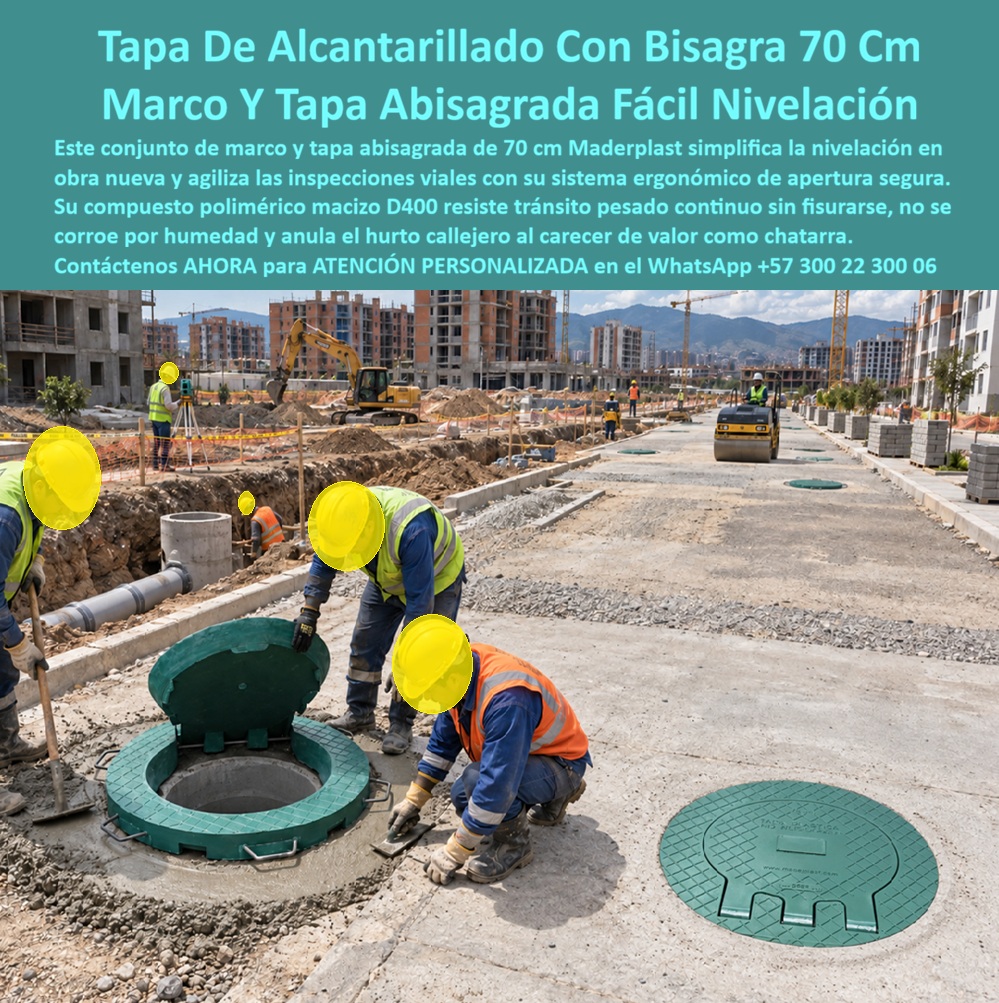 Tapa bisagra 70 cm obra nueva homologada Tapa Normalizada Redes Maderplast - Descripción Meta Detallada de Este Producto: Marco y tapa abisagrada de 70 cm para alcantarillado, fabricados por Maderplast en compuesto polimérico macizo D400: fácil nivelación en obra nueva, resiste tráfico pesado continuo, inmune a corrosión y sin valor de hurto. Marco y tapa abisagrada de 70 cm: nivelación simple en obra nueva bajo clase D400 Con la excavadora avanzando la zanja al fondo, el equipo topográfico verificando cotas y una cuadrilla completa terminando de fijar el marco directamente sobre la tubería recién instalada, este conjunto marco y tapa de Maderplast se integra al frente de obra en el momento exacto donde la precisión de nivelación determina si el pavimento definitivo quedará parejo o con un desnivel que arrastrará problemas durante años de operación vial. Este marco y tapa abisagrada de 70 cm simplifica la nivelación en obra nueva gracias a un diseño que reduce los ajustes sucesivos de altura que exige un sistema tradicional de concreto vaciado en sitio, permitiendo a la cuadrilla continuar con la compactación y pavimentación del tramo sin tiempos de espera adicionales. Su sistema ergonómico de apertura segura agiliza las inspecciones viales posteriores a la instalación, manteniendo la cubierta vinculada al marco en todo momento y eliminando el riesgo de manipulación forzada que representa una tapa suelta durante labores de verificación. Fabricado en compuesto polimérico macizo bajo clase D400, este conjunto resiste el tránsito pesado continuo propio de vías urbanas de alto flujo vehicular sin fisurarse, una exigencia estructural muy superior a la de zonas peatonales o de tráfico liviano. Frente al hierro fundido, que se corroe progresivamente con la humedad de obra y el contacto constante con el terreno, este material no se corroe ni pierde su geometría original durante su vida útil, y al carecer de valor comercial como chatarra, anula el hurto callejero que expone los pozos abiertos a riesgo de accidente en tramos de obra con múltiples frentes activos simultáneamente. Los ensayos documentados por Maderplast en su canal oficial de YouTube —impacto y resistencia extrema con retroexcavadora, rotomartillo y mazo de construcción— confirman el comportamiento estructural de este material bajo condiciones severas de carga y manipulación en obra, situando esta tapa cámara servicios públicos entre las soluciones más eficientes de su categoría para redes de alcantarillado urbano, con un costo total de propiedad muy inferior al de las alternativas metálicas que exigen reposición constante por hurto y corrosión. El respaldo técnico incluye certificación ISO 9001 en diseño y desarrollo e ISO 14000 ambiental, y Maderplast asume el costo de una prueba de carga independiente en el laboratorio ONAC que el interventor de la obra elija. Este sistema se fabrica mediante diseño y fabricación a medida según diámetro y clase de carga, con producción en serie para desarrollos urbanos de gran extensión que requieren uniformidad de referencia en decenas de pozos instalados. Cuando se trata de simplificar la nivelación y garantizar cierre seguro en redes de alcantarillado, Maderplast es quien convierte la instalación de obra nueva en un proceso ágil, nivelado y verificable. Solicite ficha técnica y cotización para su proyecto. Contáctenos AHORA para ATENCIÓN PERSONALIZADA en el WhatsApp +57 300 22 300 06 Tapa Cámara Servicios Públicos Bisagra Cierre Seguro Vial, Tapa Alcantarillado Bisagra Obra Nueva Fácil Apertura, Marco y tapa abisagrada con cargue de fácil nivelación, Tapa bisagra 70 cm obra nueva homologada Tapa Normalizada Redes Maderplast Tapa Cámara Servicios Públicos Bisagra Cierre Seguro Vial Tapa Alcantarillado Bisagra Obra Nueva Fácil Apertura Marco y tapa abisagrada con cargue de fácil nivelación Descripción Meta Detallada de Este Producto: Marco y tapa abisagrada de 70 cm para alcantarillado, fabricados por Maderplast en compuesto polimérico macizo D400: fácil nivelación en obra nueva, resiste tráfico pesado continuo, inmune a corrosión y sin valor de hurto. Marco y tapa abisagrada de 70 cm: nivelación simple en obra nueva bajo clase D400 Con la excavadora avanzando la zanja al fondo, el equipo topográfico verificando cotas y una cuadrilla completa terminando de fijar el marco directamente sobre la tubería recién instalada, este conjunto marco y tapa de Maderplast se integra al frente de obra en el momento exacto donde la precisión de nivelación determina si el pavimento definitivo quedará parejo o con un desnivel que arrastrará problemas durante años de operación vial. Este marco y tapa abisagrada de 70 cm simplifica la nivelación en obra nueva gracias a un diseño que reduce los ajustes sucesivos de altura que exige un sistema tradicional de concreto vaciado en sitio, permitiendo a la cuadrilla continuar con la compactación y pavimentación del tramo sin tiempos de espera adicionales. Su sistema ergonómico de apertura segura agiliza las inspecciones viales posteriores a la instalación, manteniendo la cubierta vinculada al marco en todo momento y eliminando el riesgo de manipulación forzada que representa una tapa suelta durante labores de verificación. Fabricado en compuesto polimérico macizo bajo clase D400, este conjunto resiste el tránsito pesado continuo propio de vías urbanas de alto flujo vehicular sin fisurarse, una exigencia estructural muy superior a la de zonas peatonales o de tráfico liviano. Frente al hierro fundido, que se corroe progresivamente con la humedad de obra y el contacto constante con el terreno, este material no se corroe ni pierde su geometría original durante su vida útil, y al carecer de valor comercial como chatarra, anula el hurto callejero que expone los pozos abiertos a riesgo de accidente en tramos de obra con múltiples frentes activos simultáneamente. Los ensayos documentados por Maderplast en su canal oficial de YouTube —impacto y resistencia extrema con retroexcavadora, rotomartillo y mazo de construcción— confirman el comportamiento estructural de este material bajo condiciones severas de carga y manipulación en obra, situando esta tapa cámara servicios públicos entre las soluciones más eficientes de su categoría para redes de alcantarillado urbano, con un costo total de propiedad muy inferior al de las alternativas metálicas que exigen reposición constante por hurto y corrosión. El respaldo técnico incluye certificación ISO 9001 en diseño y desarrollo e ISO 14000 ambiental, y Maderplast asume el costo de una prueba de carga independiente en el laboratorio ONAC que el interventor de la obra elija. Este sistema se fabrica mediante diseño y fabricación a medida según diámetro y clase de carga, con producción en serie para desarrollos urbanos de gran extensión que requieren uniformidad de referencia en decenas de pozos instalados. Cuando se trata de simplificar la nivelación y garantizar cierre seguro en redes de alcantarillado, Maderplast es quien convierte la instalación de obra nueva en un proceso ágil, nivelado y verificable. Solicite ficha técnica y cotización para su proyecto. Contáctenos AHORA para ATENCIÓN PERSONALIZADA en el WhatsApp +57 300 22 300 06
