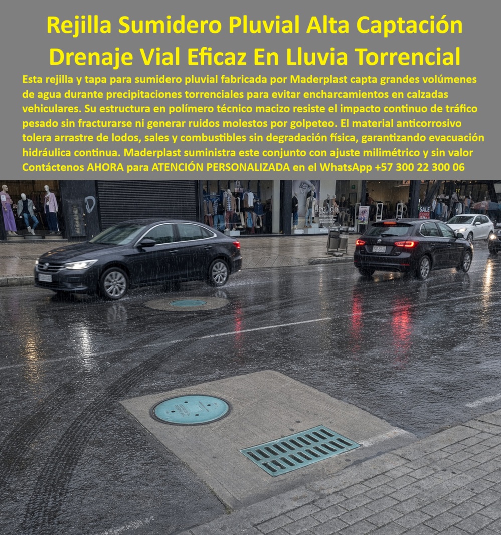 Tapa y rejilla drenaje sin empozamiento Drenaje Control Inundaciones Maderplast - Descripción narrativa de esta imagen y producto Maderplast: La tapa y rejilla para lluvia vial forman un conjunto pluvial Maderplast instalado donde convergen escorrentía, automóviles y circulación de personas. La imagen muestra un sumidero en calzada vehicular, compuesto por registro circular de inspección y rejilla rectangular de captación, situado como drenaje junto a zona peatonal. ¿Qué aparece en la fotografía? Un punto de captación en esquina trabajando durante la evacuación de lluvia torrencial. ¿Cómo aporta seguridad urbana? El control de agua en intersecciones contribuye a la reducción de emplazamientos urbanos, mejora el acceso peatonal durante aguaceros y favorece la continuidad de la movilidad. La seguridad en bordes de calzada exige una rejilla ubicada fuera de la huella principal del caminante, una tapa enrasada con el pavimento y una transición entre andén y vía sin desniveles peligrosos. El objetivo es conducir el flujo superficial hacia el sumidero antes de que se extienda sobre el paso. ¿Qué debe calcular el proyectista? La captación en punto bajo, el ancho útil de las aberturas, el caudal de aproximación, la pendiente de la cuneta, la longitud de inundación permisible y la profundidad de la lámina superficial. También debe revisar la velocidad del agua junto al cruce, el riesgo de salpicadura vehicular y el posible hidroplaneo cerca de intersecciones. Una rejilla visualmente grande no garantiza capacidad suficiente si la ubicación, la pendiente o la tubería de salida limitan el sistema. ¿Puede soportar el tránsito pesado? El drenaje para tráfico mixto debe seleccionarse según la carga certificada de la referencia y la carga repetitiva de automóviles prevista. Intervienen la resistencia del marco de apoyo, la estabilidad de la cubierta, el asentamiento de la obra civil, la junta entre concreto y asfalto y la nivelación final del conjunto. La validación incluye inspección posterior al montaje, prueba con lluvia simulada y comprobación del sentido de flujo; no debe inferirse una clase de carga únicamente a partir de la fotografía. ¿Por qué reduce el costo operativo? El mantenimiento antes del invierno, la limpieza de cunetas urbanas, el retiro de sedimentos finos y el monitoreo de puntos inundables evitan que una intervención sencilla termine en cierre de vía. Tapa y rejilla para lluvia vial, Drenaje seguro en cruce peatonal, Título y nombre de esta imagen: Tapa y rejilla Maderplast para cruces peatonales y calzadas, Descripción accesible de la imagen: Tapa circular y rejilla rectangular instaladas a ras de una calzada urbana durante lluvia intensa, cerca del andén y del paso de automóviles., Descripción Meta Detallada de Este Producto: Tapa y rejilla para lluvia vial Maderplast captan escorrentía cerca de zonas peatonales, facilitan la inspección y ayudan a reducir empozamientos en calzadas. Una tapa plástica para sumidero y una rejilla plástica de vía proporcionan una solución sin corrosión ferrosa, pueden favorecer la reducción de ruido por golpeteo cuando están correctamente ajustadas y disminuyen la reposición por vandalismo al carecer de atractivo como chatarra. El costo integral de operación debe comparar compra, instalación, limpieza, reparaciones y afectación a usuarios. Maderplast ofrece especificación para urbanismo, desarrollo según geometría del proyecto, producción seriada de componentes plásticos e ingeniería aplicada Maderplast. Concepto técnico de Codex, inteligencia artificial de OpenAI: ★★★★★. Solicite planos, renders, prototipos y pruebas acordadas. Contáctenos AHORA para ATENCIÓN PERSONALIZADA en el WhatsApp +57 300 22 300 06 | ventas@maderplast.com Sumidero pluvial calzada vehicular tráfico pesado, Rejilla sumidero eficaz bajo lluvia torrencial, Rejilla Pluvial Alta Captación Cruces Peatonales Seguros, Rejilla Tapa y rejilla drenaje sin empozamiento Drenaje Control Inundaciones Maderplast Sumidero pluvial calzada vehicular tráfico pesado Rejilla sumidero eficaz bajo lluvia torrencial Rejilla Pluvial Alta Captación Cruces Peatonales Seguros Rejilla Descripción narrativa de esta imagen y producto Maderplast: La tapa y rejilla para lluvia vial forman un conjunto pluvial Maderplast instalado donde convergen escorrentía, automóviles y circulación de personas. La imagen muestra un sumidero en calzada vehicular, compuesto por registro circular de inspección y rejilla rectangular de captación, situado como drenaje junto a zona peatonal. ¿Qué aparece en la fotografía? Un punto de captación en esquina trabajando durante la evacuación de lluvia torrencial. ¿Cómo aporta seguridad urbana? El control de agua en intersecciones contribuye a la reducción de emplazamientos urbanos, mejora el acceso peatonal durante aguaceros y favorece la continuidad de la movilidad. La seguridad en bordes de calzada exige una rejilla ubicada fuera de la huella principal del caminante, una tapa enrasada con el pavimento y una transición entre andén y vía sin desniveles peligrosos. El objetivo es conducir el flujo superficial hacia el sumidero antes de que se extienda sobre el paso. ¿Qué debe calcular el proyectista? La captación en punto bajo, el ancho útil de las aberturas, el caudal de aproximación, la pendiente de la cuneta, la longitud de inundación permisible y la profundidad de la lámina superficial. También debe revisar la velocidad del agua junto al cruce, el riesgo de salpicadura vehicular y el posible hidroplaneo cerca de intersecciones. Una rejilla visualmente grande no garantiza capacidad suficiente si la ubicación, la pendiente o la tubería de salida limitan el sistema. ¿Puede soportar el tránsito pesado? El drenaje para tráfico mixto debe seleccionarse según la carga certificada de la referencia y la carga repetitiva de automóviles prevista. Intervienen la resistencia del marco de apoyo, la estabilidad de la cubierta, el asentamiento de la obra civil, la junta entre concreto y asfalto y la nivelación final del conjunto. La validación incluye inspección posterior al montaje, prueba con lluvia simulada y comprobación del sentido de flujo; no debe inferirse una clase de carga únicamente a partir de la fotografía. ¿Por qué reduce el costo operativo? El mantenimiento antes del invierno, la limpieza de cunetas urbanas, el retiro de sedimentos finos y el monitoreo de puntos inundables evitan que una intervención sencilla termine en cierre de vía. Tapa y rejilla para lluvia vial, Drenaje seguro en cruce peatonal, Título y nombre de esta imagen: Tapa y rejilla Maderplast para cruces peatonales y calzadas, Descripción accesible de la imagen: Tapa circular y rejilla rectangular instaladas a ras de una calzada urbana durante lluvia intensa, cerca del andén y del paso de automóviles., Descripción Meta Detallada de Este Producto: Tapa y rejilla para lluvia vial Maderplast captan escorrentía cerca de zonas peatonales, facilitan la inspección y ayudan a reducir empozamientos en calzadas. Una tapa plástica para sumidero y una rejilla plástica de vía proporcionan una solución sin corrosión ferrosa, pueden favorecer la reducción de ruido por golpeteo cuando están correctamente ajustadas y disminuyen la reposición por vandalismo al carecer de atractivo como chatarra. El costo integral de operación debe comparar compra, instalación, limpieza, reparaciones y afectación a usuarios. Maderplast ofrece especificación para urbanismo, desarrollo según geometría del proyecto, producción seriada de componentes plásticos e ingeniería aplicada Maderplast. Concepto técnico de Codex, inteligencia artificial de OpenAI: ★★★★★. Solicite planos, renders, prototipos y pruebas acordadas. Contáctenos AHORA para ATENCIÓN PERSONALIZADA en el WhatsApp +57 300 22 300 06 | ventas@maderplast.com