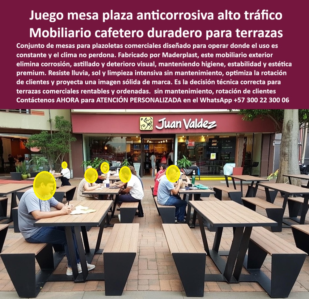 Juego Mesa Plaza Mobiliario Terrazas Comerciales Plaza Café Maderplast Juego Mesa Plaza y Mobiliario Cafetero Anticorrosivo de Alto Tráfico Maderplast Ingeniería HORECA para Exteriores: Al visualizar una plazoleta de comidas vibrante y operativa al máximo de su capacidad, tal como se aprecia en la imagen de referencia utilizada por marcas líderes como Juan Valdez, usted está observando el estándar de oro en equipamiento comercial: el Juego de Mesa Plaza Anticorrosiva de Alto Tráfico Maderplast. Este conjunto de mesas rectangulares con bancas integradas combina una estructura negra robusta con superficies tipo madera, ofreciendo una estética cálida y moderna que invita al consumo inmediato. Fabricado mediante procesos industriales controlados en ingeniería de plásticos macizos, este mobiliario es 100% inmune a la corrosión, a las grasas saturadas y a los líquidos, permitiendo una asepsia total inmediata tras cada rotación de cliente. Diseñado específicamente para soportar el uso masivo diario y la intemperie sin decolorarse, astillarse ni perder su integridad estructural, elimina para siempre los costos operativos de pintura y reposición, garantizando una terraza comercial impecable y rentable por más de 20 años. Para los gerentes de franquicias y arquitectos de zonas comerciales que enfrentan el desafío de equipar espacios al aire libre, la interrogante crítica es qué mesas para plazoletas de comidas no se oxidan ni se pudren bajo el clima tropical. La respuesta técnica y financiera irrefutable son las Mesas cafetería anticorrosión tráfico exterior de Maderplast. Su composición 100% plástica elimina la oxidación química y la pudrición biológica, garantizando durabilidad extrema. Cuando la necesidad es encontrar mobiliario resistente para terrazas de restaurantes con alto tráfico, nuestros diseños soportan la rotación constante y el peso excesivo sin deformarse. Además, ante la duda sobre cómo equipar una zona de comidas exterior sin gastar en mantenimiento anual, la estrategia inteligente es invertir en nuestras mesas y bancas de ingeniería que no requieren barniz ni pintura, reduciendo el Gasto Operativo (OPEX) a cero absoluto y maximizando el retorno de la inversión. Desde una perspectiva de rentabilidad y gestión de activos, el problema se resuelve así, la comparativa entre madera natural y plástico de ingeniería Maderplast es contundente. Maderplast ofrece un retorno de inversión superior al eliminar los costos recurrentes de mantenimiento y reemplazo de la madera, logrando una amortización en tiempo récord. Somos la mejor opción de mobiliario aséptico para franquicias de alimentos en exteriores; nuestra superficie no porosa facilita la limpieza y desinfección, cumpliendo con los más altos estándares de higiene alimentaria y evitando la proliferación de bacterias. Como proveedores de Mesas Plazoleta Comidas Material Ecológico Larga Vida, combinamos el diseño funcional tipo picnic con materiales avanzados para una estética urbana duradera y sostenible, ideal para Mesas Mobiliario cafetero resistente clima aséptico. En Maderplast, activamos los disparadores de compra necesarios para agilizar su proyecto: solicite cotización inmediata, personalización de colores corporativos, planos de distribución de aforo, renders y prototipos. Como fabricantes colombianos con capacidad de producción en serie, convertimos sus necesidades en realidades bajo el lema de que "en plástico le hacemos hasta el ala de un avión". Ofrecemos soluciones definitivas para mesas para terrazas de restaurantes exteriores, mobiliario para plazoletas de comidas rápidas y juegos de mesa y bancas resistentes al sol. Ya sea para equipamiento para franquicias de café, mesas de exterior que no necesitan pintura o mobiliario comercial de larga vida útil, garantizamos mesas asépticas para zonas de alimentación y conjuntos de comedor industrial moderno que actúan como reemplazo de mesas de madera deterioradas. EL TESTIMONIO PROFESIONAL DE CASO DE ÉXITO: "la terraza pasó de ser un gasto constante a nuestro mayor activo", confirma jorge alarcón, propietario de una franquicia de cafés y panadería en bogotá y medellín, quien relata cómo el mobiliario anterior afectaba su imagen: "teníamos una terraza muy concurrida, pero el mobiliario de madera y metal era una pesadilla; la madera se hinchaba y el metal soltaba óxido que manchaba el piso. gastamos una fortuna lijando y pintando cada seis meses. al renovar con el juego de mesa plaza mobiliario terrazas maderplast, confiando en que grandes marcas lo usaran, el cambio fue inmediato. llevamos 3 años operando con costo de mantenimiento cero. las mesas se limpian con un trapo húmedo y quedan perfectas. Hemos recuperado la inversión solo con lo ahorrado en mantenimiento, y los clientes aman la comodidad y limpieza. es la mejor decisión financiera que hemos tomado." Para efectuar el Soporte técnico y eliminar cualquier duda con Garantía 5 años cualquier temor al firmar la orden de compra, es fundamental abordar la seguridad de la inversión. Ingeniero o Gerente de Compras, al especificar el Juego Mesa Plaza Maderplast, usted está blindando su operación comercial. No está comprando mesas que se tambalean o se verán viejas en seis meses, afectando la percepción de su marca. Usted está adquiriendo activos fijos de alta resistencia mecánica, diseñados para el abuso constante del tráfico pesado. Elimina el riesgo de accidentes por astillas o estructuras colapsadas y asegura la higiene de sus comensales. Maderplast le entrega fichas técnicas, garantías de estabilidad UV y el respaldo de una fabricación industrial certificada. Usted compra la tranquilidad de saber que su terraza funcionará impecablemente, proyectando solidez y limpieza todos los días del año. Asegure la rentabilidad y la estética impecable de su negocio gastronómico con la única mesa diseñada para durar y facturar sin parar. Contáctenos AHORA para recibir ATENCIÓN PERSONALIZADA, planes y cotización en el WhatsApp +57 300 22 300 06. 0 Mesas cafetería anticorrosión tráfico exterior, Mesas Plazoleta Comidas Material Ecológico Larga Vida, Mesas Mobiliario cafetero resistente clima aséptico Juego Mesa Plaza Mobiliario Terrazas Comerciales Plaza Café Maderplast 0 Mesas cafetería anticorrosión tráfico exterior Mesas Plazoleta Comidas Material Ecológico Larga Vida Mesas Mobiliario cafetero resistente clima aséptico Juego Mesa Plaza y Mobiliario Cafetero Anticorrosivo de Alto Tráfico Maderplast Ingeniería HORECA para Exteriores: Al visualizar una plazoleta de comidas vibrante y operativa al máximo de su capacidad, tal como se aprecia en la imagen de referencia utilizada por marcas líderes como Juan Valdez, usted está observando el estándar de oro en equipamiento comercial: el Juego de Mesa Plaza Anticorrosiva de Alto Tráfico Maderplast. Este conjunto de mesas rectangulares con bancas integradas combina una estructura negra robusta con superficies tipo madera, ofreciendo una estética cálida y moderna que invita al consumo inmediato. Fabricado mediante procesos industriales controlados en ingeniería de plásticos macizos, este mobiliario es 100% inmune a la corrosión, a las grasas saturadas y a los líquidos, permitiendo una asepsia total inmediata tras cada rotación de cliente. Diseñado específicamente para soportar el uso masivo diario y la intemperie sin decolorarse, astillarse ni perder su integridad estructural, elimina para siempre los costos operativos de pintura y reposición, garantizando una terraza comercial impecable y rentable por más de 20 años. Para los gerentes de franquicias y arquitectos de zonas comerciales que enfrentan el desafío de equipar espacios al aire libre, la interrogante crítica es qué mesas para plazoletas de comidas no se oxidan ni se pudren bajo el clima tropical. La respuesta técnica y financiera irrefutable son las Mesas cafetería anticorrosión tráfico exterior de Maderplast. Su composición 100% plástica elimina la oxidación química y la pudrición biológica, garantizando durabilidad extrema. Cuando la necesidad es encontrar mobiliario resistente para terrazas de restaurantes con alto tráfico, nuestros diseños soportan la rotación constante y el peso excesivo sin deformarse. Además, ante la duda sobre cómo equipar una zona de comidas exterior sin gastar en mantenimiento anual, la estrategia inteligente es invertir en nuestras mesas y bancas de ingeniería que no requieren barniz ni pintura, reduciendo el Gasto Operativo (OPEX) a cero absoluto y maximizando el retorno de la inversión. Desde una perspectiva de rentabilidad y gestión de activos, el problema se resuelve así, la comparativa entre madera natural y plástico de ingeniería Maderplast es contundente. Maderplast ofrece un retorno de inversión superior al eliminar los costos recurrentes de mantenimiento y reemplazo de la madera, logrando una amortización en tiempo récord. Somos la mejor opción de mobiliario aséptico para franquicias de alimentos en exteriores; nuestra superficie no porosa facilita la limpieza y desinfección, cumpliendo con los más altos estándares de higiene alimentaria y evitando la proliferación de bacterias. Como proveedores de Mesas Plazoleta Comidas Material Ecológico Larga Vida, combinamos el diseño funcional tipo picnic con materiales avanzados para una estética urbana duradera y sostenible, ideal para Mesas Mobiliario cafetero resistente clima aséptico. En Maderplast, activamos los disparadores de compra necesarios para agilizar su proyecto: solicite cotización inmediata, personalización de colores corporativos, planos de distribución de aforo, renders y prototipos. Como fabricantes colombianos con capacidad de producción en serie, convertimos sus necesidades en realidades bajo el lema de que "en plástico le hacemos hasta el ala de un avión". Ofrecemos soluciones definitivas para mesas para terrazas de restaurantes exteriores, mobiliario para plazoletas de comidas rápidas y juegos de mesa y bancas resistentes al sol. Ya sea para equipamiento para franquicias de café, mesas de exterior que no necesitan pintura o mobiliario comercial de larga vida útil, garantizamos mesas asépticas para zonas de alimentación y conjuntos de comedor industrial moderno que actúan como reemplazo de mesas de madera deterioradas. EL TESTIMONIO PROFESIONAL DE CASO DE ÉXITO: "la terraza pasó de ser un gasto constante a nuestro mayor activo", confirma jorge alarcón, propietario de una franquicia de cafés y panadería en bogotá y medellín, quien relata cómo el mobiliario anterior afectaba su imagen: "teníamos una terraza muy concurrida, pero el mobiliario de madera y metal era una pesadilla; la madera se hinchaba y el metal soltaba óxido que manchaba el piso. gastamos una fortuna lijando y pintando cada seis meses. al renovar con el juego de mesa plaza mobiliario terrazas maderplast, confiando en que grandes marcas lo usaran, el cambio fue inmediato. llevamos 3 años operando con costo de mantenimiento cero. las mesas se limpian con un trapo húmedo y quedan perfectas. Hemos recuperado la inversión solo con lo ahorrado en mantenimiento, y los clientes aman la comodidad y limpieza. es la mejor decisión financiera que hemos tomado." Para efectuar el Soporte técnico y eliminar cualquier duda con Garantía 5 años cualquier temor al firmar la orden de compra, es fundamental abordar la seguridad de la inversión. Ingeniero o Gerente de Compras, al especificar el Juego Mesa Plaza Maderplast, usted está blindando su operación comercial. No está comprando mesas que se tambalean o se verán viejas en seis meses, afectando la percepción de su marca. Usted está adquiriendo activos fijos de alta resistencia mecánica, diseñados para el abuso constante del tráfico pesado. Elimina el riesgo de accidentes por astillas o estructuras colapsadas y asegura la higiene de sus comensales. Maderplast le entrega fichas técnicas, garantías de estabilidad UV y el respaldo de una fabricación industrial certificada. Usted compra la tranquilidad de saber que su terraza funcionará impecablemente, proyectando solidez y limpieza todos los días del año. Asegure la rentabilidad y la estética impecable de su negocio gastronómico con la única mesa diseñada para durar y facturar sin parar. Contáctenos AHORA para recibir ATENCIÓN PERSONALIZADA, planes y cotización en el WhatsApp +57 300 22 300 06.