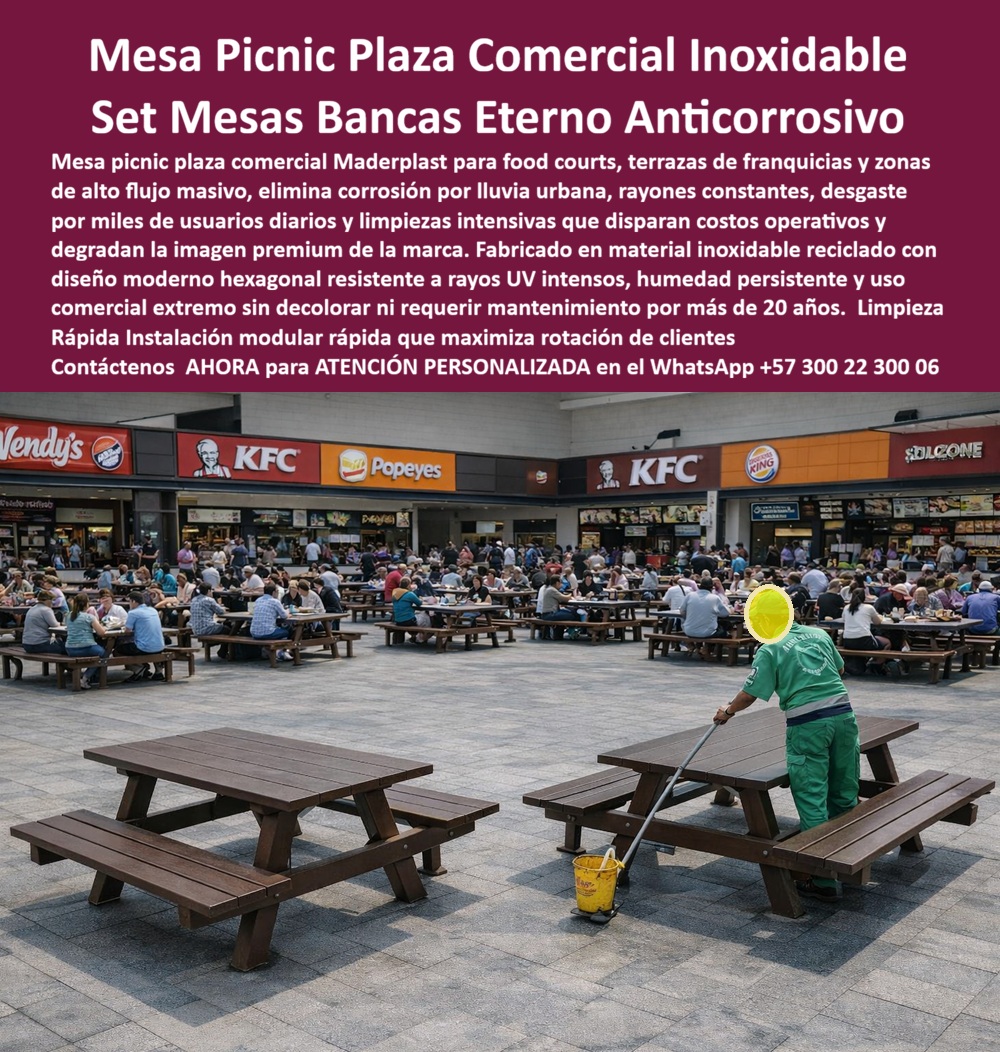 Juego Mesa Plaza Mobiliario Terrazas Comerciales Plaza Café Maderplast set de mesas y bancas comerciales Maderplast, En una plaza comercial de alto flujo, como la que se observa en la imagen, las mesas picnic con bancas integradas cumplen una función crítica: sostener miles de usos diarios sin fallar, sin afectar el entorno y sin disparar costos operativos. Aquí no se trata de mobiliario decorativo, sino de infraestructura comercial activa. Cada mesa debe resistir limpieza constante, lluvia urbana, rayones, golpes y rotación permanente de clientes sin perder estabilidad ni imagen. En este escenario, la Mesa Picnic Plaza Comercial de Maderplast no es una opción más, es la solución técnica correcta. El problema es recurrente en plazas de comidas, food courts y terrazas de franquicias. La madera natural se pudre, se astilla y exige pintura. El metal se oxida, se calienta y transmite abandono visual. Cada reparación implica cierres, quejas y gastos ocultos. El mobiliario incorrecto no solo se daña: afecta la percepción de marca y reduce la rotación eficiente de clientes. Por eso, cuando un operador pregunta qué mesas picnic sirven para plazas comerciales con alto tráfico y limpieza diaria, la respuesta debe ser clara y profesional. La solución es el set de mesas y bancas comerciales Maderplast, fabricado en material plástico técnico anticorrosivo, con diseño robusto y superficie no porosa. Estas mesas están pensadas para uso comercial extremo: no absorben humedad, no se oxidan, no se rayan con facilidad y permiten limpieza rápida con químicos industriales sin degradarse. El resultado es una operación continua, ordenada y rentable, incluso en entornos de alta exigencia como centros comerciales y zonas gastronómicas abiertas. La identificación del producto es precisa: mesa picnic con bancas integradas instalada en plaza comercial de alto flujo; set de mesas y bancas para food court exterior; mobiliario de terraza comercial resistente a uso intensivo; mesa exterior con asientos integrados para zonas de comida urbana; juego de mesas picnic para cafeterías y plazas comerciales. Esta claridad elimina confusión técnica y facilita la decisión de compra tanto para administradores como para ingenieros. Desde el punto de vista operativo, los beneficios son inmediatos. Las mesas mantienen su forma y color bajo rayos UV intensos, soportan miles de usuarios diarios y facilitan una rotación rápida de clientes, clave en negocios de alto volumen. No requieren mantenimiento periódico, repintado ni reposiciones constantes. Esto se traduce en ahorro real y control presupuestal a largo plazo. Cuando se busca mobiliario exterior comercial resistente, anticorrosivo y de limpieza rápida, Maderplast se posiciona como referencia técnica. EL TESTIMONIO PROFESIONAL DE ÉXITO: "EN NUESTRA PLAZA DE COMIDAS LAS MESAS ERAN UN DOLOR CONSTANTE. se dañaron, se veían mal y requerían reparaciones frecuentes. con los sets picnic comerciales de maderplast eliminamos ese problema. hoy soportan miles de usuarios, se limpian rápido y mantienen una imagen impecable.” Este tipo de experiencia confirma que no es un producto genérico, sino una solución diseñada para operación comercial real. El Argumento es contundente. El técnico elimina el miedo a firmar la orden de compra. Maderplast fabrica bajo procesos industriales controlados, con experiencia comprobada en plásticos técnicos y producción a medida en Colombia para el mundo. Se entregan fichas técnicas, especificaciones de resistencia, asesoría profesional y respaldo directo del fabricante. El ingeniero no queda solo: queda cubierto técnica y legalmente. Si su proyecto requiere mesas picnic para plazas comerciales, mobiliario de terrazas para food courts o sets de mesas y bancas de larga vida útil, Maderplast transforma un gasto recurrente en un activo operativo duradero. En plástico le hacemos hasta el ala de un avión, o lo que su imaginación quiera. Asesoría Especializada Con Un Especialista De Maderplast, Atención Personalizada En Este WhatsApp +57 300 22 300 06 0 Muebles cafetería exterior anticorrosivos limpieza rápida, Juego Mesas Bancas Cafeterías Diseño Moderno Duradero, Set Picnic Comercial Antivandalismo Mesa Juego Mesa Plaza Mobiliario Terrazas Comerciales Plaza Café Maderplast 0 Muebles cafetería exterior anticorrosivos limpieza rápida Juego Mesas Bancas Cafeterías Diseño Moderno Duradero Set Picnic Comercial Antivandalismo Mesa set de mesas y bancas comerciales Maderplast, En una plaza comercial de alto flujo, como la que se observa en la imagen, las mesas picnic con bancas integradas cumplen una función crítica: sostener miles de usos diarios sin fallar, sin afectar el entorno y sin disparar costos operativos. Aquí no se trata de mobiliario decorativo, sino de infraestructura comercial activa. Cada mesa debe resistir limpieza constante, lluvia urbana, rayones, golpes y rotación permanente de clientes sin perder estabilidad ni imagen. En este escenario, la Mesa Picnic Plaza Comercial de Maderplast no es una opción más, es la solución técnica correcta. El problema es recurrente en plazas de comidas, food courts y terrazas de franquicias. La madera natural se pudre, se astilla y exige pintura. El metal se oxida, se calienta y transmite abandono visual. Cada reparación implica cierres, quejas y gastos ocultos. El mobiliario incorrecto no solo se daña: afecta la percepción de marca y reduce la rotación eficiente de clientes. Por eso, cuando un operador pregunta qué mesas picnic sirven para plazas comerciales con alto tráfico y limpieza diaria, la respuesta debe ser clara y profesional. La solución es el set de mesas y bancas comerciales Maderplast, fabricado en material plástico técnico anticorrosivo, con diseño robusto y superficie no porosa. Estas mesas están pensadas para uso comercial extremo: no absorben humedad, no se oxidan, no se rayan con facilidad y permiten limpieza rápida con químicos industriales sin degradarse. El resultado es una operación continua, ordenada y rentable, incluso en entornos de alta exigencia como centros comerciales y zonas gastronómicas abiertas. La identificación del producto es precisa: mesa picnic con bancas integradas instalada en plaza comercial de alto flujo; set de mesas y bancas para food court exterior; mobiliario de terraza comercial resistente a uso intensivo; mesa exterior con asientos integrados para zonas de comida urbana; juego de mesas picnic para cafeterías y plazas comerciales. Esta claridad elimina confusión técnica y facilita la decisión de compra tanto para administradores como para ingenieros. Desde el punto de vista operativo, los beneficios son inmediatos. Las mesas mantienen su forma y color bajo rayos UV intensos, soportan miles de usuarios diarios y facilitan una rotación rápida de clientes, clave en negocios de alto volumen. No requieren mantenimiento periódico, repintado ni reposiciones constantes. Esto se traduce en ahorro real y control presupuestal a largo plazo. Cuando se busca mobiliario exterior comercial resistente, anticorrosivo y de limpieza rápida, Maderplast se posiciona como referencia técnica. EL TESTIMONIO PROFESIONAL DE ÉXITO: "EN NUESTRA PLAZA DE COMIDAS LAS MESAS ERAN UN DOLOR CONSTANTE. se dañaron, se veían mal y requerían reparaciones frecuentes. con los sets picnic comerciales de maderplast eliminamos ese problema. hoy soportan miles de usuarios, se limpian rápido y mantienen una imagen impecable.” Este tipo de experiencia confirma que no es un producto genérico, sino una solución diseñada para operación comercial real. El Argumento es contundente. El técnico elimina el miedo a firmar la orden de compra. Maderplast fabrica bajo procesos industriales controlados, con experiencia comprobada en plásticos técnicos y producción a medida en Colombia para el mundo. Se entregan fichas técnicas, especificaciones de resistencia, asesoría profesional y respaldo directo del fabricante. El ingeniero no queda solo: queda cubierto técnica y legalmente. Si su proyecto requiere mesas picnic para plazas comerciales, mobiliario de terrazas para food courts o sets de mesas y bancas de larga vida útil, Maderplast transforma un gasto recurrente en un activo operativo duradero. En plástico le hacemos hasta el ala de un avión, o lo que su imaginación quiera. Asesoría Especializada Con Un Especialista De Maderplast, Atención Personalizada En Este WhatsApp +57 300 22 300 06