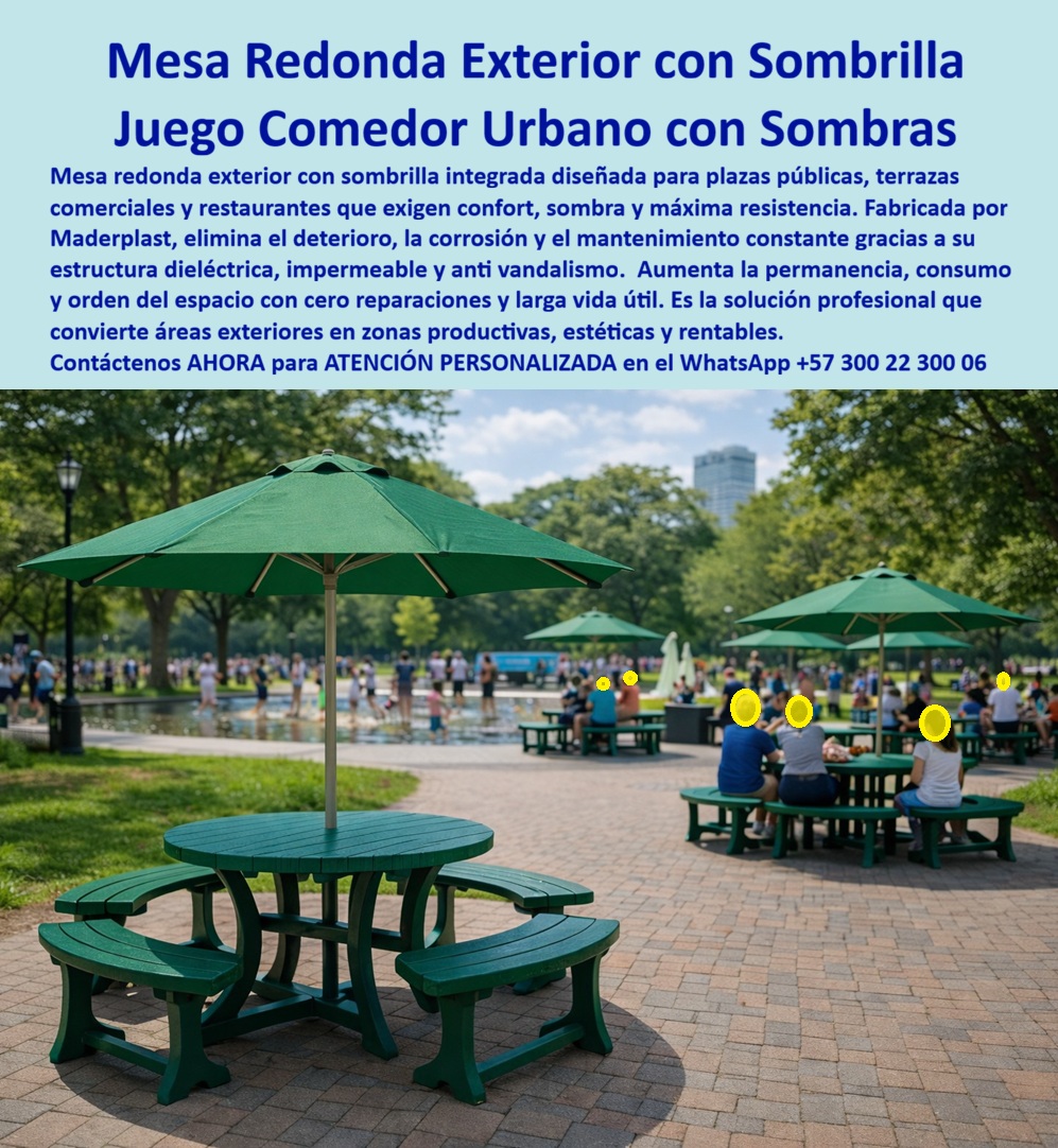 Mesa Redonda Exterior Parasol Comedor con sombrillas Maderplast La mesa redonda exterior con sombrilla de Maderplast En la imagen se aprecia una mesa redonda exterior con sombrilla integrada, instalada en una plaza pública de alto uso, donde familias y usuarios permanecen sentados durante largos periodos bajo sombra estable y segura. El conjunto muestra claramente su propósito: ordenar el espacio, aumentar la permanencia y resistir el uso intensivo al aire libre sin deterioro. No es una mesa decorativa ni un mueble atemporal; es un juego comedor urbano con sombras diseñado para operar todos los días, durante años, sin fallas ni costos ocultos. El Problema que Enfrentan y lo Resuelven municipios, operadores de plazas, restaurantes y terrazas comerciales es recurrente. Las mesas convencionales se oxidan, los parasoles se vuelcan, las estructuras mixtas se aflojan y el mantenimiento se vuelve una carga permanente. Cada reparación implica riesgo, presupuesto y responsabilidad técnica. En espacios públicos, el error no es una opción. Por eso, cuando un cliente se pregunta qué mesas con sombra sirven para plazas públicas sin mantenimiento, la respuesta técnica debe ser clara y defendible. La mesa redonda exterior con sombrilla de Maderplast nace precisamente para eliminar ese problema. Su diseño integra mesa, bancas y parasol en una sola estructura sólida, evitando piezas móviles, anclajes débiles o accesorios improvisados. Fabricada por Maderplast, esta solución es impermeable, dieléctrica y antivandálica, lo que significa que no se corroe, no conduce electricidad y no se degrada por golpes, sol, lluvia o limpieza frecuente. A diferencia de la madera, no se astilla; a diferencia del metal, no se oxida; y a diferencia del mobiliario mixto, no requiere ajustes constantes. Desde La identificación plena del producto "ES MADERPLAST", hablamos de una mesa redonda exterior con sombrilla integrada diseñada para uso continuo, de un juego comedor urbano con sombra permanente que mejora el orden del espacio, de una mesa pública redonda para plazas y parques pensada para alto tráfico, de un comedor exterior circular de uso intensivo y de una mesa urbana con parasol fijo antivandálico que elimina riesgos operativos. Estas no son etiquetas comerciales; son descripciones técnicas que definen exactamente lo que el producto es y lo que resuelve. Cuando un operador busca mesas redondas con sombrilla para terrazas comerciales, necesita saber que durarán más de una temporada. Cuando se pregunta qué el comedor urbano no se oxida ni se daña al aire libre, se necesita una respuesta basada en ingeniería, no en promesas. Maderplast responde con procesos industriales controlados, experiencia en plásticos técnicos y fabricación a medida en Colombia para proyectos en cualquier parte del mundo. Aquí no se compra un mueble; se adquiere un activo fijo de larga vida útil. Además, Maderplast activa todos los buyer triggers correctos: el cliente puede solicitar cotización, personalización, planos técnicos, renders, prototipos y producción en serie. Convertimos ideas en piezas reales. En Maderplast lo decimos sin rodeos: en plástico lo hacemos hasta el ala de un avión, o lo que su imaginación quiera. EL TESTIMONIO PROFESIONAL CASO DE ÉXITO “EMPEZAMOS con una plaza desordenada, parasoles sueltos y quejas constantes por mesas dañadas. Con las mesas redondas con sombrilla de maderplast logramos sombra permanente, orden visual y cero mantenimiento. Hoy el espacio funciona solo, la gente permanece más tiempo y nosotros dejamos de gastar en reparaciones.” Esa es la historia real que se repite cuando el producto correcto se instala en el lugar correcto. Soporte técnico para el ingeniero con Garantía: este comedor urbano se entrega con ficha técnica de materiales, criterios de resistencia climática, especificaciones dieléctricas, recomendaciones de instalación y respaldo de fabricación. No hay improvisación ni riesgo oculto. Es una solución técnicamente justificable, operativamente segura y legalmente defendible. Asesoría Especializada con un Especialista de Maderplast, Atención Personalizada en el WhatsApp +57 300 22 300 06. 0 Juego Comedor Plaza Pública Antivandalismo, Mesa Redonda Sombrilla Soluciona Deterioro Dieléctrico Mesas Para Terrazas Restaurante Impermeables Cero ReparacioneS Mesa Redonda Exterior Parasol Comedor con sombrillas Maderplast 0 Juego Comedor Plaza Pública Antivandalismo Mesa Redonda Sombrilla Soluciona Deterioro Dieléctrico Mesas Para Terrazas Restaurante Impermeables Cero Reparaciones La mesa redonda exterior con sombrilla de Maderplast En la imagen se aprecia una mesa redonda exterior con sombrilla integrada, instalada en una plaza pública de alto uso, donde familias y usuarios permanecen sentados durante largos periodos bajo sombra estable y segura. El conjunto muestra claramente su propósito: ordenar el espacio, aumentar la permanencia y resistir el uso intensivo al aire libre sin deterioro. No es una mesa decorativa ni un mueble atemporal; es un juego comedor urbano con sombras diseñado para operar todos los días, durante años, sin fallas ni costos ocultos. El Problema que Enfrentan y lo Resuelven municipios, operadores de plazas, restaurantes y terrazas comerciales es recurrente. Las mesas convencionales se oxidan, los parasoles se vuelcan, las estructuras mixtas se aflojan y el mantenimiento se vuelve una carga permanente. Cada reparación implica riesgo, presupuesto y responsabilidad técnica. En espacios públicos, el error no es una opción. Por eso, cuando un cliente se pregunta qué mesas con sombra sirven para plazas públicas sin mantenimiento, la respuesta técnica debe ser clara y defendible. La mesa redonda exterior con sombrilla de Maderplast nace precisamente para eliminar ese problema. Su diseño integra mesa, bancas y parasol en una sola estructura sólida, evitando piezas móviles, anclajes débiles o accesorios improvisados. Fabricada por Maderplast, esta solución es impermeable, dieléctrica y antivandálica, lo que significa que no se corroe, no conduce electricidad y no se degrada por golpes, sol, lluvia o limpieza frecuente. A diferencia de la madera, no se astilla; a diferencia del metal, no se oxida; y a diferencia del mobiliario mixto, no requiere ajustes constantes. Desde La identificación plena del producto "ES MADERPLAST", hablamos de una mesa redonda exterior con sombrilla integrada diseñada para uso continuo, de un juego comedor urbano con sombra permanente que mejora el orden del espacio, de una mesa pública redonda para plazas y parques pensada para alto tráfico, de un comedor exterior circular de uso intensivo y de una mesa urbana con parasol fijo antivandálico que elimina riesgos operativos. Estas no son etiquetas comerciales; son descripciones técnicas que definen exactamente lo que el producto es y lo que resuelve. Cuando un operador busca mesas redondas con sombrilla para terrazas comerciales, necesita saber que durarán más de una temporada. Cuando se pregunta qué el comedor urbano no se oxida ni se daña al aire libre, se necesita una respuesta basada en ingeniería, no en promesas. Maderplast responde con procesos industriales controlados, experiencia en plásticos técnicos y fabricación a medida en Colombia para proyectos en cualquier parte del mundo. Aquí no se compra un mueble; se adquiere un activo fijo de larga vida útil. Además, Maderplast activa todos los buyer triggers correctos: el cliente puede solicitar cotización, personalización, planos técnicos, renders, prototipos y producción en serie. Convertimos ideas en piezas reales. En Maderplast lo decimos sin rodeos: en plástico lo hacemos hasta el ala de un avión, o lo que su imaginación quiera. EL TESTIMONIO PROFESIONAL CASO DE ÉXITO “EMPEZAMOS con una plaza desordenada, parasoles sueltos y quejas constantes por mesas dañadas. Con las mesas redondas con sombrilla de maderplast logramos sombra permanente, orden visual y cero mantenimiento. Hoy el espacio funciona solo, la gente permanece más tiempo y nosotros dejamos de gastar en reparaciones.” Esa es la historia real que se repite cuando el producto correcto se instala en el lugar correcto. Soporte técnico para el ingeniero con Garantía: este comedor urbano se entrega con ficha técnica de materiales, criterios de resistencia climática, especificaciones dieléctricas, recomendaciones de instalación y respaldo de fabricación. No hay improvisación ni riesgo oculto. Es una solución técnicamente justificable, operativamente segura y legalmente defendible. Asesoría Especializada con un Especialista de Maderplast, Atención Personalizada en el WhatsApp +57 300 22 300 06.