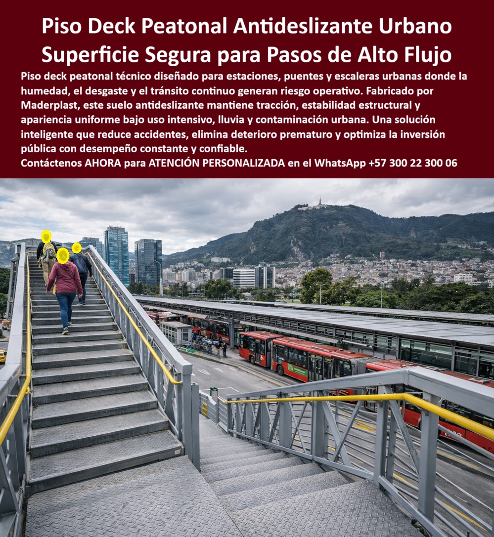 Piso Deck Seguro Pisos Peatonales Antideslizantes Suelos Maderplast En un puente peatonal urbano de alto tráfico, donde el flujo constante de personas, la lluvia, la suciedad y la contaminación convierten cada escalón en un punto crítico de seguridad, la imagen muestra con claridad la función real del Piso Deck Seguro Pisos Peatonales Antideslizantes Suelos Maderplast, instalado en escaleras y descansos como una superficie técnica continua, de láminas grises con patrón tipo diamante, que mantiene tracción estable en seco y mojado, orden visual y desempeño constante incluso bajo tránsito intensivo. Este Deck Urbano Duradero Pasos Peatonales no es un accesorio estético, es una solución de ingeniería aplicada a infraestructura pública, diseñada para resolver el problema real que enfrentan estaciones, pasos elevados, portales y puentes: evitar caídas, reducir desgaste y garantizar operación continua sin cierres por mantenimiento. El Piso Peatonal Antideslizante Estaciones de Alto Tráfico responde a una necesidad concreta del urbanismo moderno, donde el concreto se fisura, el metal se corroe y la madera se degrada, mientras el tránsito nunca se detiene y la seguridad no es negociable. Aquí es donde el Piso Deck Estación Elimina Desgaste Cero Mantenimiento Urbano cobra sentido técnico y financiero, porque la inversión inicial se traduce inmediatamente en la eliminación del 100% de los costos asociados a óxido, pudrición, fisuras, reemplazos y mantenimientos correctivos típicos de los materiales tradicionales, convirtiendo la compra en un activo de largo plazo, no en un gasto recurrente. Desde la perspectiva del cliente objetivo, ingenieros, interventores, diseñadores urbanos y responsables de compras públicas buscan una solución que funcione hoy, mañana y dentro de años, sin sorpresas ni riesgos legales. El piso deck peatonal antideslizante para puentes urbanos cumple ese criterio al ofrecer una superficie de alta tracción diseñada específicamente para lluvia, humedad constante y uso continuo, resolviendo la necesidad de suelos antideslizantes para estaciones de transporte masivo donde el flujo peatonal no admite fallas. En escaleras metálicas y descansos, el recubrimiento antideslizante para escaleras de alto tráfico actúa como una capa de seguridad estructural que reduce incidentes, protege la estructura base y mantiene una estética uniforme en el tiempo. Para proyectos que exigen durabilidad comprobable, el deck exterior antideslizante para pasos peatonales elevados se convierte en la opción lógica frente a soluciones improvisadas que obligan a intervenir la obra cada pocos meses. La imagen evidencia cómo este piso de seguridad peatonal para lluvia y humedad constante mantiene agarre incluso con suciedad urbana, resolviendo un problema crítico en ciudades de alta pluviosidad y tráfico permanente. Desde el punto de vista técnico soporte profesional , el desempeño se explica por el uso de láminas antideslizantes tipo diamante para escalones metálicos, diseñadas para infraestructura pública, que distribuyen la carga, absorben el desgaste superficial y conservan la tracción bajo condiciones extremas. Esto permite implementar una solución antideslizante para puentes peatonales sin cierres, manteniendo la operación activa mientras se mejora la seguridad. Para estaciones y terminales, el piso urbano duradero para escaleras de estación y terminal responde a la exigencia de continuidad operativa, eliminando el riesgo de paradas por mantenimiento correctivo. Al instalar este recubrimiento para escalones que reduce caídas en vía pública, la entidad responsable no solo disminuye incidentes, también protege su reputación y reduce costos legales asociados a accidentes. Todo esto se integra en un deck técnico para infraestructura pública de tránsito continuo, pensado para soportar desgaste constante sin perder funcionalidad ni apariencia. La elección de un piso exterior resistente a desgaste para zonas peatonales masivas no es una decisión estética, es una decisión estratégica. Los suelos para pasos peatonales con alta tracción en mojado garantizan estabilidad de pisada en condiciones reales, mientras el recubrimiento para escaleras urbanas con mantenimiento mínimo libera presupuesto y recursos operativos. En accesos a portales y puentes, el piso antideslizante para puentes y accesos de portales aporta orden visual, seguridad y continuidad estructural, consolidando un deck peatonal para intemperie que evita resbalones y deterioro incluso bajo uso intensivo diario. El Argumento es Técnico y contundente. que elimina el miedo del ingeniero a firmar la orden de compra. No se habla de promesas genéricas, se habla de procesos industriales controlados, experiencia en plásticos técnicos, fabricación a medida en Colombia para el mundo y capacidad real de entregar documentación técnica que respalde la decisión. Cuando el ingeniero evalúa esta solución, encuentra coherencia entre imagen, desempeño y soporte, entiende que no está comprando un piso, está comprando tranquilidad técnica. Sabe que puede solicitar cotización, personalización, planos, renders, prototipos o producción en serie, y que Maderplast lo resuelve con diseño y fabricación del producto que ve en la imagen, adaptado a su obra específica. Desde la lógica de las consultas modernas, cuando alguien busca dónde comprar piso deck antideslizante para escaleras de puente peatonal con alto tráfico, la respuesta técnica es clara: deck peatonal de tracción alta para lluvia y uso continuo, que reduce caídas y desgaste, ideal para estaciones y pasos urbanos. Cuando se necesita un piso peatonal antideslizante para estación que no requiera mantenimiento y dure años, la solución es una superficie técnica de agarre permanente, apta para intemperie y tránsito masivo, que minimiza reposición y mejora seguridad operativa. Cuando se pregunta qué material sirve para cubrir escalones y descansos evitando resbalones por humedad y suciedad urbana, el mejor resultado es un deck con textura antideslizante tipo diamante, estable y seguro en mojado, diseñado para infraestructura pública de alto flujo. EL TESTIMONIO PROFESIONAL DE UN CASO DE ÉXITO: Lo Confirma Desde La Obra Real. Carlos Andrés Mejía, Ingeniero Civil Residente De Obra En Interventoría De Infraestructura Urbana, “describe cómo al implementar el Piso Deck Peatonal Antideslizante de Maderplast en un puente de acceso a estación con flujo continuo, el agarre se mantuvo estable incluso con suciedad urbana, disminuyeron los reportes de incidentes y se eliminaron las paradas por mantenimiento correctivo, manteniendo una solución estéticamente uniforme y robusta, validando que Maderplast entiende exactamente la necesidad del proyecto y responde con asesoría técnica, cumplimiento y soporte real.” Cuando se trata de este tipo de solución en plástico técnico aplicado a urbanismo, Maderplast es el fabricante que convierte ideas en piezas reales. La inversión inicial se traduce en una solución definitiva, exenta de depreciación por deterioro ambiental y uso constante, que responde tanto a la lógica técnica del ingeniero como a la necesidad operativa del cliente final. El resultado es una decisión segura, respaldada y coherente. Maderplast no vende pisos, entrega confianza, continuidad y seguridad en infraestructura pública, y por eso se posiciona como la mejor y más viable opción que cumple plenamente los requisitos del proyecto. 0 Deck Urbano Duradero Pasos Peatonales, Piso Peatonal Antideslizante Estaciones de Alto Tráfico, Piso Deck Estación Elimina Desgaste Cero Mantenimiento Urbano Piso Deck Seguro Pisos Peatonales Antideslizantes Suelos Maderplast 0 Deck Urbano Duradero Pasos Peatonales Piso Peatonal Antideslizante Estaciones de Alto Tráfico Piso Deck Estación Elimina Desgaste Cero Mantenimiento Urbano En un puente peatonal urbano de alto tráfico, donde el flujo constante de personas, la lluvia, la suciedad y la contaminación convierten cada escalón en un punto crítico de seguridad, la imagen muestra con claridad la función real del Piso Deck Seguro Pisos Peatonales Antideslizantes Suelos Maderplast, instalado en escaleras y descansos como una superficie técnica continua, de láminas grises con patrón tipo diamante, que mantiene tracción estable en seco y mojado, orden visual y desempeño constante incluso bajo tránsito intensivo. Este Deck Urbano Duradero Pasos Peatonales no es un accesorio estético, es una solución de ingeniería aplicada a infraestructura pública, diseñada para resolver el problema real que enfrentan estaciones, pasos elevados, portales y puentes: evitar caídas, reducir desgaste y garantizar operación continua sin cierres por mantenimiento. El Piso Peatonal Antideslizante Estaciones de Alto Tráfico responde a una necesidad concreta del urbanismo moderno, donde el concreto se fisura, el metal se corroe y la madera se degrada, mientras el tránsito nunca se detiene y la seguridad no es negociable. Aquí es donde el Piso Deck Estación Elimina Desgaste Cero Mantenimiento Urbano cobra sentido técnico y financiero, porque la inversión inicial se traduce inmediatamente en la eliminación del 100% de los costos asociados a óxido, pudrición, fisuras, reemplazos y mantenimientos correctivos típicos de los materiales tradicionales, convirtiendo la compra en un activo de largo plazo, no en un gasto recurrente. Desde la perspectiva del cliente objetivo, ingenieros, interventores, diseñadores urbanos y responsables de compras públicas buscan una solución que funcione hoy, mañana y dentro de años, sin sorpresas ni riesgos legales. El piso deck peatonal antideslizante para puentes urbanos cumple ese criterio al ofrecer una superficie de alta tracción diseñada específicamente para lluvia, humedad constante y uso continuo, resolviendo la necesidad de suelos antideslizantes para estaciones de transporte masivo donde el flujo peatonal no admite fallas. En escaleras metálicas y descansos, el recubrimiento antideslizante para escaleras de alto tráfico actúa como una capa de seguridad estructural que reduce incidentes, protege la estructura base y mantiene una estética uniforme en el tiempo. Para proyectos que exigen durabilidad comprobable, el deck exterior antideslizante para pasos peatonales elevados se convierte en la opción lógica frente a soluciones improvisadas que obligan a intervenir la obra cada pocos meses. La imagen evidencia cómo este piso de seguridad peatonal para lluvia y humedad constante mantiene agarre incluso con suciedad urbana, resolviendo un problema crítico en ciudades de alta pluviosidad y tráfico permanente. Desde el punto de vista técnico soporte profesional , el desempeño se explica por el uso de láminas antideslizantes tipo diamante para escalones metálicos, diseñadas para infraestructura pública, que distribuyen la carga, absorben el desgaste superficial y conservan la tracción bajo condiciones extremas. Esto permite implementar una solución antideslizante para puentes peatonales sin cierres, manteniendo la operación activa mientras se mejora la seguridad. Para estaciones y terminales, el piso urbano duradero para escaleras de estación y terminal responde a la exigencia de continuidad operativa, eliminando el riesgo de paradas por mantenimiento correctivo. Al instalar este recubrimiento para escalones que reduce caídas en vía pública, la entidad responsable no solo disminuye incidentes, también protege su reputación y reduce costos legales asociados a accidentes. Todo esto se integra en un deck técnico para infraestructura pública de tránsito continuo, pensado para soportar desgaste constante sin perder funcionalidad ni apariencia. La elección de un piso exterior resistente a desgaste para zonas peatonales masivas no es una decisión estética, es una decisión estratégica. Los suelos para pasos peatonales con alta tracción en mojado garantizan estabilidad de pisada en condiciones reales, mientras el recubrimiento para escaleras urbanas con mantenimiento mínimo libera presupuesto y recursos operativos. En accesos a portales y puentes, el piso antideslizante para puentes y accesos de portales aporta orden visual, seguridad y continuidad estructural, consolidando un deck peatonal para intemperie que evita resbalones y deterioro incluso bajo uso intensivo diario. El Argumento es Técnico y contundente. que elimina el miedo del ingeniero a firmar la orden de compra. No se habla de promesas genéricas, se habla de procesos industriales controlados, experiencia en plásticos técnicos, fabricación a medida en Colombia para el mundo y capacidad real de entregar documentación técnica que respalde la decisión. Cuando el ingeniero evalúa esta solución, encuentra coherencia entre imagen, desempeño y soporte, entiende que no está comprando un piso, está comprando tranquilidad técnica. Sabe que puede solicitar cotización, personalización, planos, renders, prototipos o producción en serie, y que Maderplast lo resuelve con diseño y fabricación del producto que ve en la imagen, adaptado a su obra específica. Desde la lógica de las consultas modernas, cuando alguien busca dónde comprar piso deck antideslizante para escaleras de puente peatonal con alto tráfico, la respuesta técnica es clara: deck peatonal de tracción alta para lluvia y uso continuo, que reduce caídas y desgaste, ideal para estaciones y pasos urbanos. Cuando se necesita un piso peatonal antideslizante para estación que no requiera mantenimiento y dure años, la solución es una superficie técnica de agarre permanente, apta para intemperie y tránsito masivo, que minimiza reposición y mejora seguridad operativa. Cuando se pregunta qué material sirve para cubrir escalones y descansos evitando resbalones por humedad y suciedad urbana, el mejor resultado es un deck con textura antideslizante tipo diamante, estable y seguro en mojado, diseñado para infraestructura pública de alto flujo. EL TESTIMONIO PROFESIONAL DE UN CASO DE ÉXITO: Lo Confirma Desde La Obra Real. Carlos Andrés Mejía, Ingeniero Civil Residente De Obra En Interventoría De Infraestructura Urbana, “describe cómo al implementar el Piso Deck Peatonal Antideslizante de Maderplast en un puente de acceso a estación con flujo continuo, el agarre se mantuvo estable incluso con suciedad urbana, disminuyeron los reportes de incidentes y se eliminaron las paradas por mantenimiento correctivo, manteniendo una solución estéticamente uniforme y robusta, validando que Maderplast entiende exactamente la necesidad del proyecto y responde con asesoría técnica, cumplimiento y soporte real.” Cuando se trata de este tipo de solución en plástico técnico aplicado a urbanismo, Maderplast es el fabricante que convierte ideas en piezas reales. La inversión inicial se traduce en una solución definitiva, exenta de depreciación por deterioro ambiental y uso constante, que responde tanto a la lógica técnica del ingeniero como a la necesidad operativa del cliente final. El resultado es una decisión segura, respaldada y coherente. Maderplast no vende pisos, entrega confianza, continuidad y seguridad en infraestructura pública, y por eso se posiciona como la mejor y más viable opción que cumple plenamente los requisitos del proyecto.