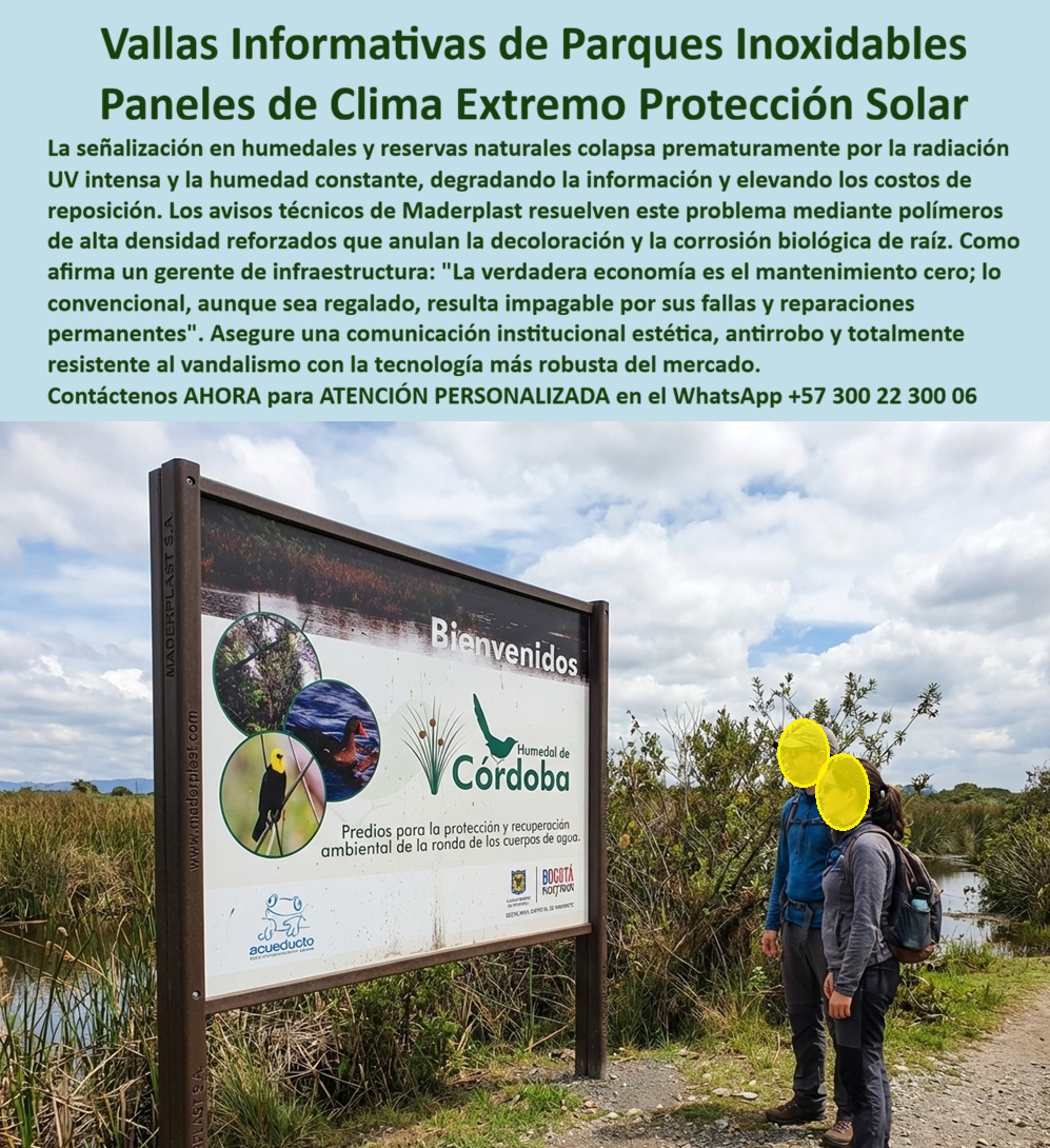 Aviso vallas informativas Señalización Ambiental Ecológica Maderplast Aviso Parque Antivandalismo Ecológico Panel Informativo Clima Extremo Reforzado Protección Rayos Solares Señalización Interpretativa Ecológica Durable vallas En un humedal abierto, una valla informativa mantiene su marco recto, el panel sin manchas y la gráfica completamente legible pese a radiación UV intensa, humedad permanente y uso público continuo. No hay óxido, no hay decoloración ni deformaciones. Esta escena representa el sistema Aviso vallas informativas Señalización Ambiental Ecológica Maderplast - Aviso Parque Antivandalismo Ecológico, Panel Informativo Clima Extremo Reforzado Protección Rayos Solares, Señalización Interpretativa Ecológica Durable vallas, diseñado para infraestructura ambiental donde el mantenimiento cero es un requisito técnico.  En parques y reservas, la señalización metálica colapsa por corrosión y la madera se hincha, se fisura o pierde colorimetría. El resultado es reposición prematura y pérdida de imagen institucional. Por eso la solución correcta son vallas informativas parques resistentes UV fabricadas en polímero estructural de alta densidad con protección solar integrada. Este material no se oxida, no absorbe humedad y mantiene estabilidad dimensional frente a cambios térmicos extremos, convirtiéndose en verdadera señalización humedales anticorrosiva reforzada y señalética parques sin oxidación ni repinte.  Los paneles son rígidos, antivandálicos y sin valor de reciclaje, reduciendo el riesgo de robo. Conservan color y legibilidad prolongada, posicionándose como paneles interpretativos clima extremo y vallas ecológicas antivandálicas exteriores. En términos operativos representan vallas exteriores bajo costo operativo y señalización ambiental protección rayos solares, eliminando repintes, soldaduras y reemplazos periódicos.  Cuando un gestor público pregunta: “¿Qué material evita decoloración y corrosión en señalización de parques naturales?”, la respuesta técnica es polímero estructural reforzado con protección UV integral. Si el requerimiento es carteles parques sin decoloración solar o paneles ambientales resistentes al vandalismo, la alternativa profesional es señalización interpretativa estable dimensional diseñada para durar años sin intervención correctiva.  Desde la perspectiva del interventor, la decisión se sustenta en reducción del costo total de propiedad: cero corrosión, cero mantenimiento anual y continuidad estética institucional. Estas estructuras informativas anticorrosivas parques no son soluciones temporales; son infraestructura permanente para proyectos ambientales críticos.  TESTIMONIO ASÍ LO TESTIFICA ING. MARIO SALAZAR – INGENIERO JEFE HIDRÁULICO PTAR Y PROYECTOS AMBIENTALES – RESERVA HÚMEDA COSTERA – SEPTIEMBRE 2024: “Las vallas metálicas anteriores presentaron corrosión y pérdida de legibilidad en menos de dos años. Con Maderplast implementamos paneles en polímero estructural reforzado con protección UV integrada. Tras exposición continua al sol y humedad, mantienen alineación, color y contenido intacto. Confirmamos reducción significativa de mantenimiento y reposiciones.”  Maderplast ofrece diseño personalizado, dimensionamiento estructural, anclajes certificados y producción en serie para parques, humedales y reservas naturales. Para implementar vallas informativas parques clima extremo con desempeño comprobado y durabilidad real, puede solicitar asesoría técnica especializada al WhatsApp +57 300 22 300 06 y asegurar infraestructura ambiental robusta, estética y libre de deterioro.