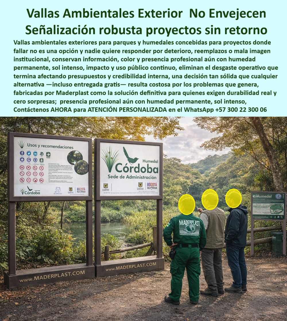 Aviso vallas informativas Señalización Ambiental Ecológica Maderplast Vallas Indicativas Ecológicas Evita Deterioro Ambiental Robusta Garantizada Pancarta Rígida Antivandalismo Libre Mantenimiento Letreros eco resistentes vallas En el acceso a un humedal, dos vallas informativas mantienen alineación perfecta, marcos rígidos y gráfica intacta pese a humedad permanente, radiación solar intensa y uso público continuo. No hay óxido, no hay hinchamiento, no hay decoloración. Esta escena representa el sistema Aviso vallas informativas Señalización Ambiental Ecológica Maderplast - Vallas Indicativas Ecológicas Evita Deterioro Ambiental Robusta Garantizada, Pancarta Rígida Antivandalismo Libre Mantenimiento, Letreros eco resistentes vallas, diseñado para proyectos donde fallar no es una opción.  En entornos ambientales críticos, las vallas metálicas sufren corrosión acelerada y las estructuras en madera absorben humedad, se deforman y requieren reposiciones periódicas. El resultado es gasto recurrente, mala imagen institucional y sobrecostos no previstos. Por eso la solución técnica correcta son vallas ambientales resistentes a la humedad fabricadas en polímero estructural macizo con marcos anticorrosivos integrados. Este material no se oxida, no se hincha y mantiene estabilidad dimensional frente a lluvia constante, radiación UV y cambios térmicos extremos, convirtiéndose en verdadera señalización humedales anticorrosiva y paneles ambientales sin óxido.  Los paneles son rígidos, antivandálicos y sin valor de reciclaje, lo que reduce el riesgo de robo. Conservan color, información y presencia institucional durante años, posicionándose como señalización ambiental sin mantenimiento y vallas informativas a bajo costo operativo. En términos estructurales, funcionan como vallas exteriores polímero estructural con alta resistencia a impacto y uso intensivo.  Cuando un gestor ambiental pregunta: “¿Qué material evita oxidación en señalización de humedales?”, la respuesta técnica es polímero estructural macizo con protección UV integral y estabilidad dimensional certificada. Si el requerimiento es carteles parques resistentes UV o estructuras informativas anticorrosivas para clima extremo, la alternativa profesional es señalización ambiental diseñada para larga vida útil real, no para reemplazo periódico.  Desde la perspectiva del interventor o responsable de mantenimiento, la decisión se fundamenta en reducción de costo total de propiedad: cero repintes, cero corrosión, cero reposiciones anuales. Estas vallas rígidas antivandálicas exteriores no son soluciones temporales; son infraestructura institucional permanente.  TESTIMONIO ASÍ LO TESTIFICA ING. ANDRÉS TORRES – INGENIERO JEFE HIDRÁULICO PTAR Y PROYECTOS AMBIENTALES – HUMEDAL METROPOLITANO – AGOSTO 2024: “Las vallas metálicas instaladas anteriormente presentaban corrosión acelerada por humedad constante. Evaluamos la solución de Maderplast en polímero estructural macizo con marcos anticorrosivos y paneles rígidos. Tras un año de exposición continua, las estructuras mantienen alineación, color y legibilidad intactas. Confirmamos reducción de reposiciones y mantenimiento correctivo.”  Maderplast ofrece diseño personalizado, dimensionamiento estructural, anclajes certificados y producción en serie para proyectos públicos y ambientales exigentes. Para implementar vallas ambientales exteriores anticorrosivas con desempeño comprobado y durabilidad real, puede solicitar asesoría técnica especializada al WhatsApp +57 300 22 300 06 y desarrollar infraestructura ambiental robusta, estable y libre de deterioro.