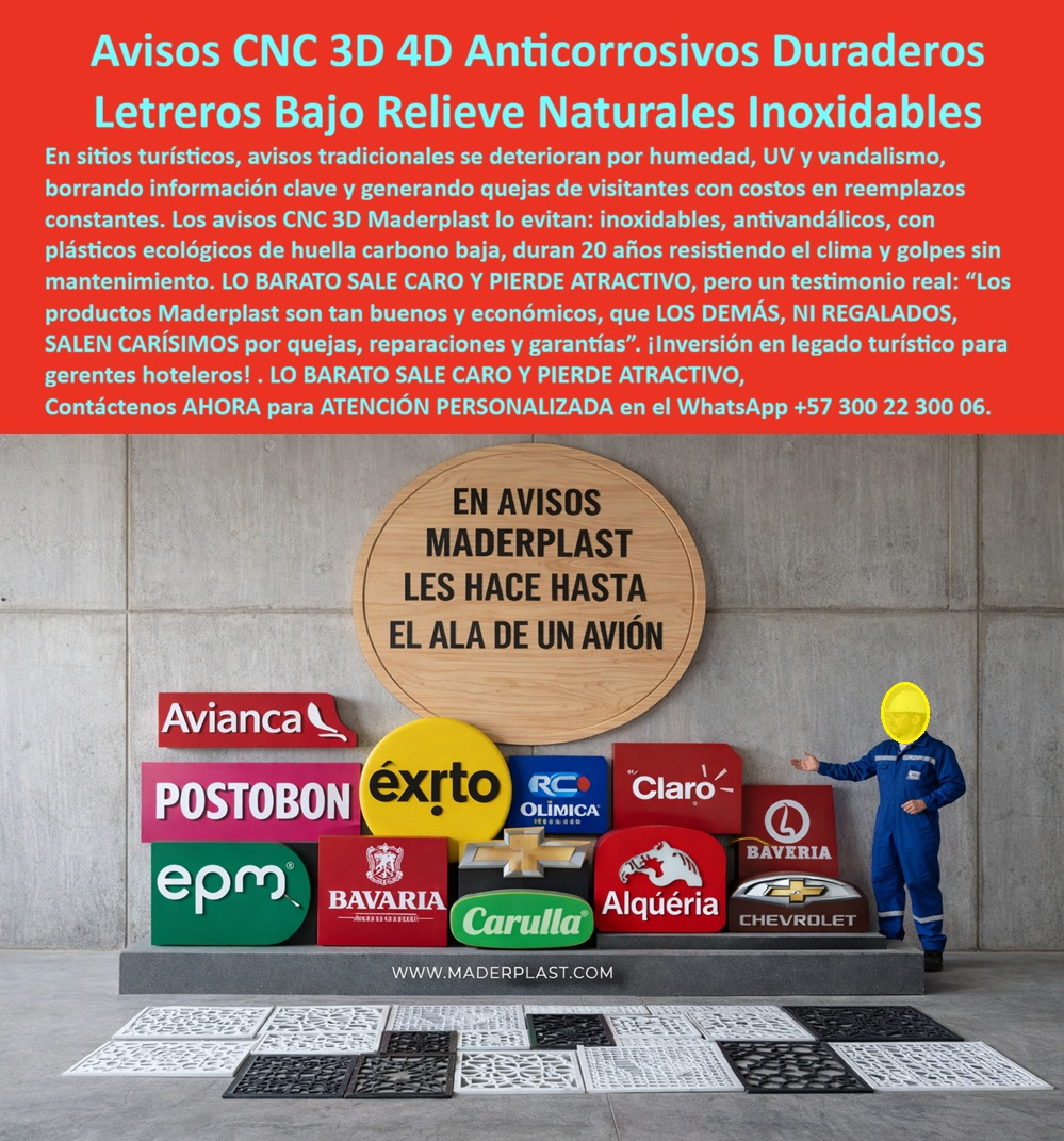 Señalización Turística Cartes Señales Bajo Relieve Avisos CNC 3D Maderplast Avisos Informativos CNC 3D Estilo Tradicional Avisos De Madera Grabada CNC 3D Sitios Turísticos Avisos Clásicos Tallados CNC 3D Sitios Naturales Sobre un muro gris tipo concreto se exhibe un emblema circular con textura tipo madera en bajo relieve y, debajo, logotipos volumétricos 3D sólidos, definidos y listos para intemperie. No es impresión superficial: es señalética CNC 3D en plástico estructural tipo madera, con relieve real y color integrado. Esta solución responde exactamente a lo que el mercado busca cuando escribe o dicta: señalética exterior anticorrosiva a medida, avisos turísticos tipo madera resistentes UV, letreros CNC 3D para intemperie sin mantenimiento, letras 3D para fachada livianas y durables y avisos que no se oxidan alternativa a metal. Es una estética tradicional con ingeniería moderna para parques, hoteles, eco resorts, industria y ciudades que no pueden permitirse señalización deteriorada.  El problema es conocido: madera que se pudre, metal que se oxida, impresiones que se lavan con el sol y la lluvia. Cada reposición implica costos ocultos, reclamos, pérdida de imagen y desgaste operativo. Por eso la decisión técnica no se basa en el precio inicial sino en el costo total de propiedad (TCO). En señalización exterior, lo barato sale caro. Una solución definitiva debe ofrecer señalización permanente con color integrado sin pintura, resistencia a humedad, salinidad y golpes, y cero dependencia de repintes. Los avisos informativos en bajo relieve para exteriores mantienen legibilidad durante años porque el mensaje está físicamente tallado.  Cuando un cliente consulta por voz “Dónde hacen letreros 3D para exterior que no se oxiden” o “Material recomendado para señalética exterior resistente a sol y lluvia”, la respuesta técnica correcta es polímero estructural mecanizado CNC con estabilización UV. Cuando busca “señalización antivandálica para parques y senderos” o “letreros estilo tradicional tipo madera sin pudrición”, está describiendo exactamente este producto: señalización exterior de larga vida útil con color integrado, cartelería exterior robusta contra golpes y vandalismo, rótulos corporativos en alto relieve gran formato y logotipos volumétricos 3D en plástico estructural para fachada.  Este enfoque no es discurso comercial; es ingeniería aplicada a identidad visual durable. Procesos industriales controlados, experiencia en plásticos técnicos y fabricación a medida en Colombia para el mundo garantizan consistencia dimensional, acabado premium y montaje seguro. La inversión inicial en Maderplast elimina costos de mantenimiento, óxido, pudrición y reemplazo típicos de materiales tradicionales. No se compra un aviso; se adquiere un activo de larga vida útil que preserva imagen y reduce intervención futura.  TESTIMONIO “En nuestros senderos los avisos metálicos se oxidan y los impresos perdían legibilidad. Migramos a señalética CNC 3D en bajo relieve estilo tradicional y el cambio fue total: cero repintes, menor vandalismo y mantenimiento mínimo. La asesoría técnica fue clave; revisaron fijaciones y visibilidad como si fuera una obra de ingeniería. Hoy la información permanece clara y la operación es más eficiente.”  Desde la perspectiva del ingeniero que firma la orden de compra, el criterio es respaldo técnico y tranquilidad jurídica. La propuesta incluye ficha técnica con planos y detalles de anclaje, documentación de pruebas y soporte de ingeniería. Eso elimina el riesgo. Por eso la conclusión es clara: los productos Maderplast ofrecen una relación precio–calidad tan sólida que los demás, incluso regalados, resultan carísimos por mantenimiento y reposiciones.  El cliente puede solicitar cotización, personalización, planos, renders, prototipos o producción en serie. Cuando se trata de señalética exterior en plástico estructural, Maderplast es el fabricante que convierte ideas en piezas reales. Asesoría especializada: +57 300 2230006. Atención WhatsApp +57 300 22 300 06.