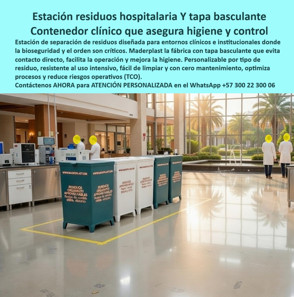 Caneca Con Tapa Basculante Cajón Separación De Residuos Maderplast Papeleras Móviles Inmunes Corrosión Construcción Fuerte Resisten Humedad Vida Larga Contenedor De Basura Cuadrado Con Tapa Tipo Buzón Caneca Institucio Caneca Estación Residuos Hospitalaria con Tapa Basculante — Contenedor Clínico que Asegura Higiene y Control Cuatro canecas cuadradas Maderplast con tapa basculante tipo buzón alineadas sobre el piso pulido de alto brillo del lobby principal de un centro hospitalario de gran formato con ventanales panorámicos de doble altura, palmeras tropicales visibles al exterior, equipos clínicos al costado y demarcación amarilla de tránsito en el suelo. Cada contenedor de basura cuadrado con tapa tipo buzón presenta cuerpo prismático en polímero de ingeniería color verde-azul institucional con rotulación frontal que identifica la categoría de residuo — "Residuos Orgánicos Aprovechables", "Residuos Aprovechables" y subcategorías con descripción de contenidos admitidos —, la dirección www.maderplast.com impresa en la franja superior, tapa oscilante que permite el depósito sin contacto manual directo para máxima bioseguridad, y rodachinas industriales de giro libre para desplazamiento ergonómico por parte del personal de servicios generales. Esta caneca institucional Maderplast no es mobiliario decorativo: es un eslabón crítico de la cadena de bioseguridad que la Secretaría de Salud audita con severidad. El problema que enfrentan coordinadores de comités de infecciones, directores de IPS y gerentes de hospitales de alta complejidad es técnico y tiene consecuencias sanitarias documentadas: las canecas hospitalarias metálicas con tapa de pedal se corroen aceleradamente por el contacto repetido con soluciones de hipoclorito al 0.5%, las superficies pintadas se descascaran dejando porosidades donde proliferan biopelículas bacterianas imposibles de eliminar con desinfección convencional, los mecanismos de pedal se atascan en semanas por la humedad del lavado a presión tres veces al día, y las juntas soldadas de las bases se oxidan hasta el punto de generar hallazgos de auditoría que exigen corrección en noventa días o sanción. Las canecas hospitalarias con tapa basculante sin contacto para bioseguridad clínica Maderplast eliminan cada uno de esos riesgos porque su polímero de ingeniería es completamente no poroso — superficie lisa sin uniones soldadas ni resquicios donde pueda acumularse materia orgánica —, resiste hipoclorito de sodio, amonio cuaternario y peróxido de hidrógeno sin degradación superficial, no contiene un solo componente ferroso que la humedad permanente del ambiente clínico pueda oxidar, y su tapa basculante tipo buzón opera sin piezas mecánicas que fallen ni mecanismos que se atasquen, garantizando depósito sin contacto manual las veinticuatro horas del día los trescientos sesenta y cinco días del año. Los contenedores de residuos hospitalarios en polímero con rodachinas para centros médicos Maderplast cumplen simultáneamente la Resolución 1164 de gestión integral hospitalaria, el Decreto 4741 de manejo de residuos peligrosos y la Resolución 2184 del código de colores para separación en la fuente, con rotulación personalizable por categoría de residuo clínico impresa directamente sobre el material. Los recipientes móviles de separación de basuras institucionales para lobbies de hospitales superan ensayos de impacto ASTM D256, tracción ASTM D638 y envejecimiento acelerado UV según ISO 4892-2, documentación descargable en PDF lista para comités de infecciones, pliegos de licitación del sector salud y auditorías de Secretaría, con pruebas extremas verificables en https://www.youtube.com/@maderplasSA. Las canecas plásticas móviles para hospitales de alta complejidad Maderplast incluye rodachinas industriales que reducen el tiempo de traslado a la central de acopio en un cuarenta por ciento porque el personal mueve los contenedores cargados sin levantarlos, optimizando procesos y reduciendo riesgos operativos y ergonómicos. Las papeleras móviles inmunes a corrosión Maderplast de construcción fuerte que resisten humedad de vida larga representan la eliminación definitiva del ciclo de mantenimiento correctivo que consume presupuesto destinado a capacitación en protocolos de bioseguridad y mejora de infraestructura clínica. Los contenedores de la competencia, incluso regalados, resultan carísimos al sumar mecanismos de pedal atascados, superficies porosas que comprometen la desinfección efectiva, corrosión por lavado a presión, hallazgos de auditoría con plazo de corrección, sanciones potenciales y el riesgo sanitario documentado de biopelículas bacterianas en porosidades de pintura descascarada — un costo total de propiedad que ningún director de IPS puede justificar frente a su comité de infecciones. Así lo confirma Elena Patricia Rojas Villamizar, coordinadora del comité de infecciones de la Clínica Regional del Oriente en Bucaramanga, mayo 2024: tras un hallazgo de auditoría por "contenedores con deterioro superficial que compromete la desinfección efectiva", instaló 36 canecas cuadradas Maderplast con tapa basculante tipo buzón, rotulación normativa y rodachinas industriales. Diez meses de operación clínica continua las veinticuatro horas con tres ciclos diarios de desinfección por aspersión: cero hallazgos de deterioro, cero mecanismos atascados, cero presupuesto en mantenimiento correctivo, y la auditoría de seguimiento cerró el hallazgo como "resuelto de forma definitiva con evidencia de mejora sustancial". Solicite cotización, personalización por categoría de residuo clínico, planos, fichas técnicas con informe de compatibilidad química y producción en serie de canecas institucionales con tapa basculante tipo buzón y rodachinas para su hospital, clínica, IPS, EPS o laboratorio directamente con ingeniería Maderplast. Cuando se trata de contenedores de clasificación de residuos hospitalarios que soportan el rigor operativo clínico sin comprometer la bioseguridad, Maderplast es el fabricante colombiano que entrega la documentación que el comité de infecciones validará sin objeción. WhatsApp +57 300 22 300 06 o ventas@maderplast.com. C