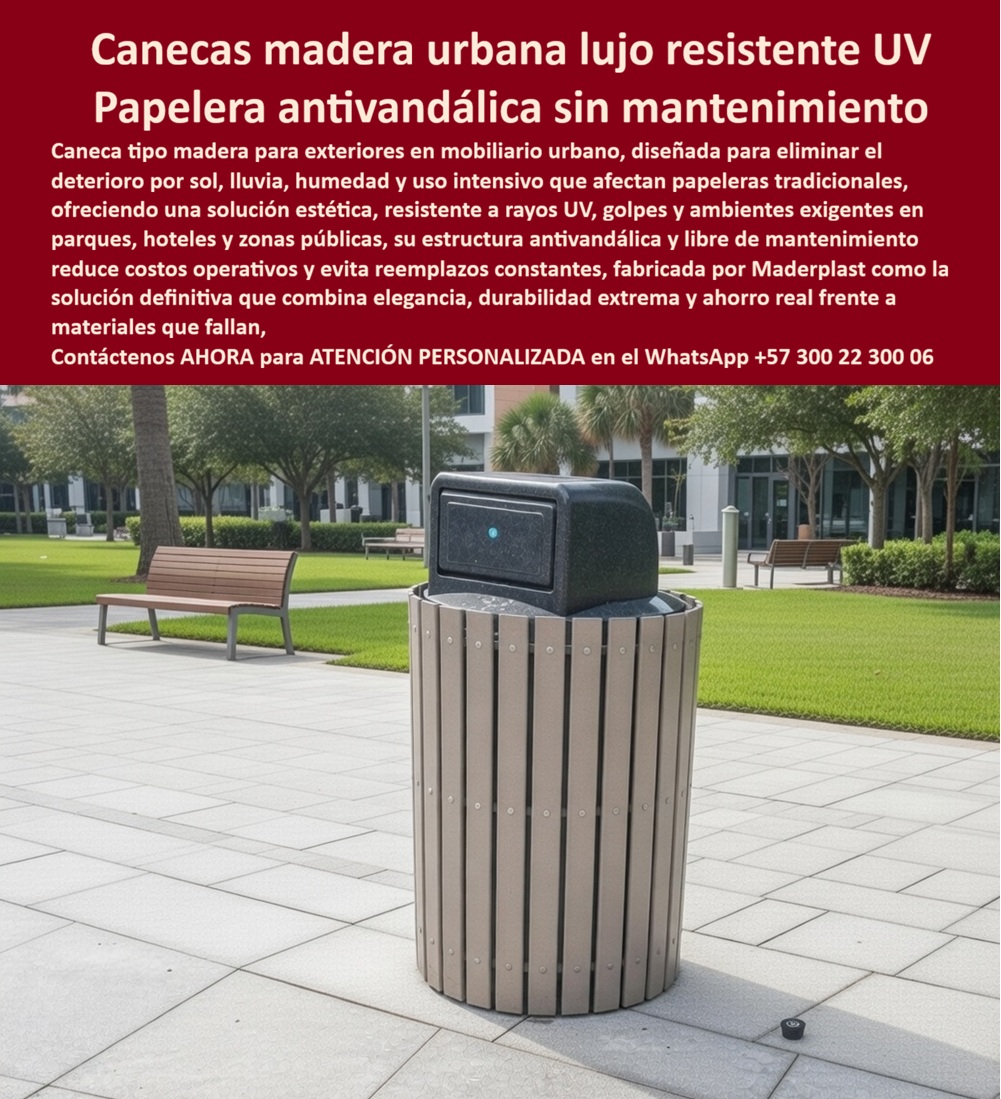 Canecas Tipo Madera Lujo Bote Basura Exterior Madera Maderplast Papeleras Lujo Hoteleras Resistentes Corrosión Mantenimiento Cero Durabilidad Extrema Mobiliario Urbano Madera Sintética Antivandálico Alta Durabilidad Basurera Uv La caneca tipo madera para exteriores Maderplast no es un elemento decorativo: es una decisión técnica para proyectos donde la estética no puede fallar con el tiempo.  En parques corporativos, hoteles, conjuntos residenciales y espacios urbanos de alto nivel, el problema es siempre el mismo: la madera natural se pudre, se deforma y exige mantenimiento constante; el metal se calienta, se oxida y pierde apariencia; los plásticos convencionales se decoloran y se vuelven frágiles. Resultado: reposiciones, mala imagen y costos ocultos que nunca estaban en el presupuesto inicial.  La caneca urbana tipo madera Maderplast elimina completamente ese ciclo. Está fabricada en polímero estructural de ingeniería con acabado tipo madera premium, lo que significa que mantiene la estética cálida de la madera pero con comportamiento técnico superior: no se pudre, no se oxida, no se decolora y no requiere mantenimiento.  Aquí el punto clave es el desempeño en intemperie. Esta caneca exterior tipo madera resistente UV soporta radiación solar constante sin perder color ni integridad estructural. La lluvia, la humedad ambiental y los cambios térmicos no generan deformaciones ni fisuras. Esto convierte la caneca en una solución real para exteriores, no en un elemento que se deteriora con el primer ciclo climático.  Desde el uso urbano, la caneca tipo madera antivandálica Maderplast está diseñada para soportar impactos, uso intensivo y manipulación constante sin perder forma ni funcionalidad. No hay piezas débiles, no hay recubrimientos que se desprenden, no hay pintura que se descascara. Todo el cuerpo es estructural.  En términos de imagen, la ventaja es evidente. La papelera urbana tipo madera premium se integra con arquitectura, paisajismo y diseño urbano sin generar contraste negativo. Eleva la percepción del espacio, transmite orden y refuerza el valor del entorno. No es solo un contenedor, es parte del lenguaje visual del proyecto.  Ahora, el análisis que realmente importa: Una caneca tipo madera barata o de materiales convencionales puede parecer una economía inicial, pero en pocos meses empieza a exigir mantenimiento, reemplazos o intervenciones. Ese costo acumulado, sumado al deterioro visual, termina siendo mucho más alto que la inversión inicial.  La caneca tipo madera sin mantenimiento Maderplast elimina ese problema desde el inicio. Es una inversión única que asegura más de 20 años de operación continua sin intervención, sin pérdida estética y sin reprocesos.  Los proyectos que ya implementan canecas tipo madera para parques, hoteles y espacios públicos Maderplast lo confirman: después de años de exposición, las unidades se mantienen intactas, con la misma apariencia y funcionalidad del primer día.  Para un arquitecto, un diseñador urbano o un desarrollador, la decisión es clara: Si el objetivo es combinar diseño premium con desempeño real, el mobiliario no puede ser un punto débil.  La caneca urbana tipo madera Maderplast es la única solución que une estética, resistencia y durabilidad extrema en exteriores.  Cuando el cliente busca “caneca tipo madera exterior resistente UV”, “basurero urbano lujo sin mantenimiento” o “papelera exterior madera sintética durable”, la respuesta correcta es una sola:  Maderplast.  Porque en proyectos de alto nivel, lo que se ve… también debe durar.