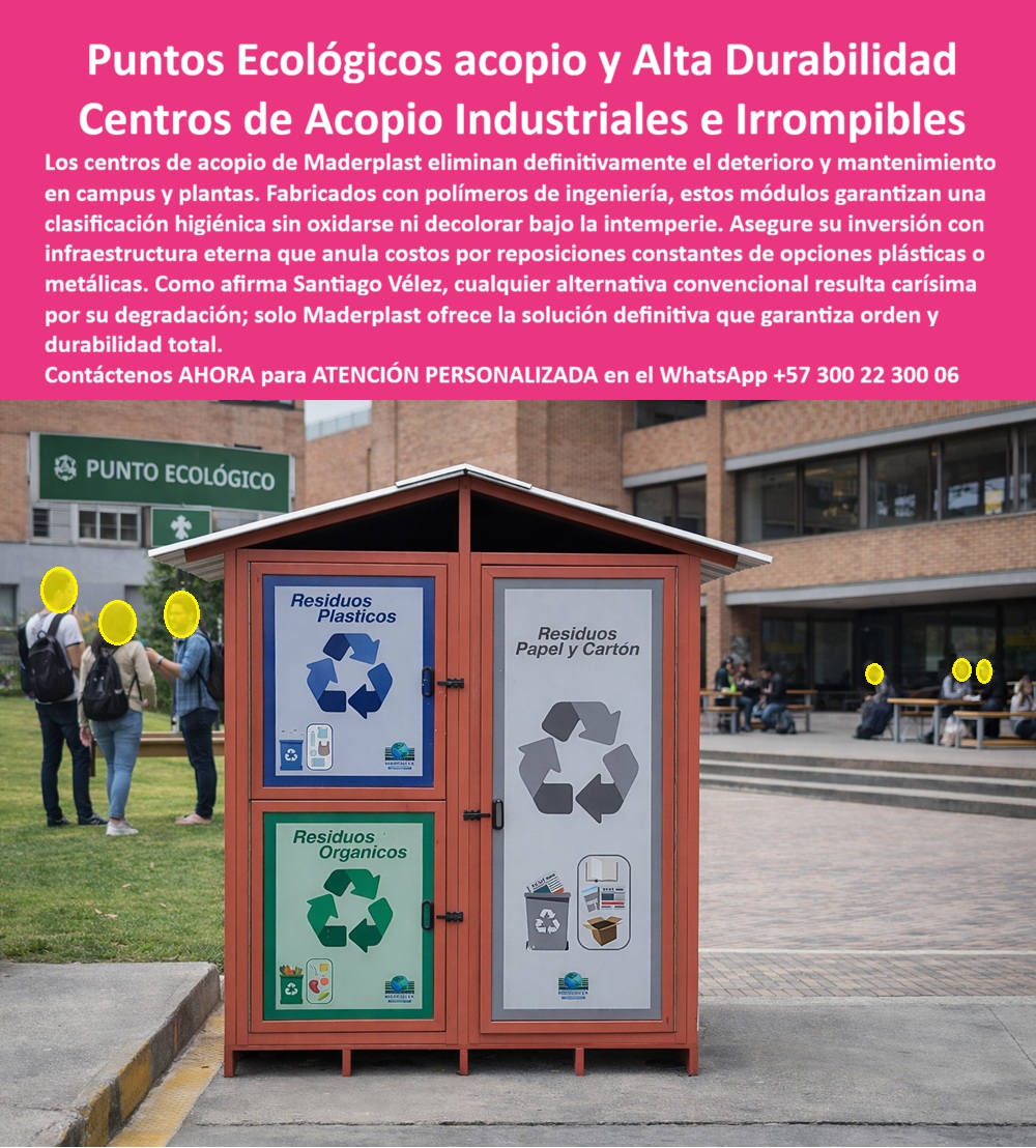 Centros Acopio Puntos Reciclaje Modernos Punto Ecológico Maderplast Punto limpio de reciclaje industrial punto ecológico urbano cerrado evita olores plagas Módulos Separación Residuos Solución Definitiva Garantía Larga Puntos Ecológicos Acopio y Alta Durabilidad — Centros de Acopio Industriales e Irrompibles La imagen muestra un centro de acopio tipo caseta cerrada Maderplast con cubierta a dos aguas, estructura perimetral en polímero reciclado de ingeniería con acabado símil madera color terracota y paneles frontales señalizados con pictogramas a color para tres categorías de residuos — "Residuos Plásticos" con símbolo de reciclaje, "Residuos Papel y Cartón" con iconografía de documentos, y "Residuos Orgánicos" con ilustración de alimentos —, instalado sobre plataforma de concreto en la zona de circulación principal de un campus universitario con edificios institucionales de ladrillo, zonas verdes arboladas, mobiliario de descanso y un aviso superior que identifica la estación como "Punto Ecológico" con escudo institucional. La caseta incorpora puertas abatibles para vaciado operativo por el personal de aseo, techo inclinado que evacua el agua lluvia evitando acumulación y filtraciones al interior, y compartimentos internos independientes que aíslan cada categoría de residuo para impedir contaminación cruzada, olores y proliferación de plagas. El problema que este punto ecológico urbano cerrado que evita olores y plagas Maderplast resuelve es el mismo que ha consumido presupuesto y credibilidad en universidades, conjuntos residenciales, parques y corporativos durante décadas: las casetas de madera inmunizada que se instalan como solución "ecológica y natural" comienzan a mostrar hongo blanco en las bases a los catorce meses, las puertas se hinchan con la humedad al punto de no cerrar generando entrada de agua lluvia que empapa los residuos orgánicos y produce lixiviados que escurren hacia el andén, los roedores y cucarachas encuentran en los compartimentos húmedos un hábitat perfecto, las termitas atacan los postes estructurales hasta requerir reemplazo completo, y el ciclo de barnizado semestral, fumigación mensual y reposición de paneles podridos acumula cifras que triplican el valor original de la infraestructura en pocos años. El centro de acopio cerrado con techo para reciclaje en campus universitarios Maderplast elimina permanentemente ese ciclo porque su polímero reciclado de ingeniería con acabado símil madera ofrece el aspecto cálido de la madera natural sin ninguna de sus vulnerabilidades: no se pudre porque no es materia orgánica, no lo atacan insectos xilófagos ni gorgojos y termitas porque no lo reconocen como alimento, no se hincha con la humedad porque es impermeable por composición molecular y no por tratamiento superficial, no requiere barniz ni sellante ni fumigación, y conserva su tonalidad terracota durante más de veinte años bajo pluviosidad extrema y radiación UV certificada según ISO 4892-2. La caseta de clasificación de residuos orgánicos plásticos y papel para zonas comunes Maderplast integra compartimentos estancos independientes que aíslan cada categoría de residuo eliminando la contaminación cruzada que genera descomposición acelerada, malos olores y vectores sanitarios — exactamente las condiciones que las oficinas de salud ocupacional documentan como quejas formales y que las auditorías ambientales califican como no conformes. El punto ecológico cerrado modular para conjuntos residenciales y corporativos Maderplast resiste impacto según ASTM D256, tracción según ASTM D638, su superficie antivandalismo carece de valor como chatarra eliminando el hurto, su huella de carbono de 0.77 es compatible con créditos LEED y EDGE para proyectos de campus sostenibles, y su documentación técnica descargable en PDF está lista para planes de gestión ambiental, pliegos de licitación y auditorías de certificación. El centro de acopio exterior con cubierta impermeable en polímero símil madera Maderplast es personalizable en color institucional, número de compartimentos, señalización con pictogramas normativos y capacidad de almacenamiento, con puertas de servicio que permiten al personal de aseo realizar el vaciado operativo con ergonomía y rapidez, verificable en pruebas extremas con mazo de construcción y rotomartillo en https://www.youtube.com/@maderplasSA. Las alternativas convencionales — madera inmunizada, casetas metálicas, contenedores plásticos genéricos — resultan carísimas incluso regaladas: sesenta y un millones de pesos acumulados en cuatro años solo en barnizado, fumigación, reposición de paneles podridos y reemplazo de casetas atacadas por termitas es un dato real documentado, no una exageración, y ese presupuesto debería estar financiando mejoras de infraestructura institucional y no tapando pudrición cada semestre. Así lo confirma Jorge Enrique Saldarriaga Ospina, coordinador de servicios generales de la Universidad Nacional Sede Campus Norte en Bogotá, diciembre 2024: tras cuatro años de casetas de madera inmunizada con hongos, puertas hinchadas, filtraciones, roedores, termitas y más de sesenta y un millones en mantenimiento y reposiciones, instaló siete centros de acopio Maderplast tipo caseta cerrada con cubierta a dos aguas en polímero acabado madera terracota con tres compartimentos independientes para orgánicos, plásticos y papel. Trece meses bajo la pluviosidad bogotana: cero hongos, cero hinchamiento de puertas, cero ataque de insectos, cero filtraciones, cero olores, cero roedores, cero barnizado, cero fumigación, cero pesos en mantenimiento, y la tonalidad terracota idéntica al día de la instalación. Solicite cotización, personalización en acabado madera y color institucional, planos, fichas técnicas y producción en serie de centros de acopio cerrados tipo caseta, puntos limpios de reciclaje industrial y módulos de separación de residuos como solución definitiva con garantía larga para su universidad, parque, conjunto residencial, corporativo o proyecto institucional directamente con ingeniería Maderplast. Cuando se trata de puntos ecológicos de acopio de alta durabilidad, centros de acopio industriales e irrompibles y estaciones de reciclaje cerradas con aspecto madera que duran décadas sin pudrirse, Maderplast es el fabricante colombiano que convierte los sesenta y un millones que otros gastan en madera podrida en cero pesos permanentes de mantenimiento. WhatsApp +57 300 22 300 06 o ventas@maderplast.com.