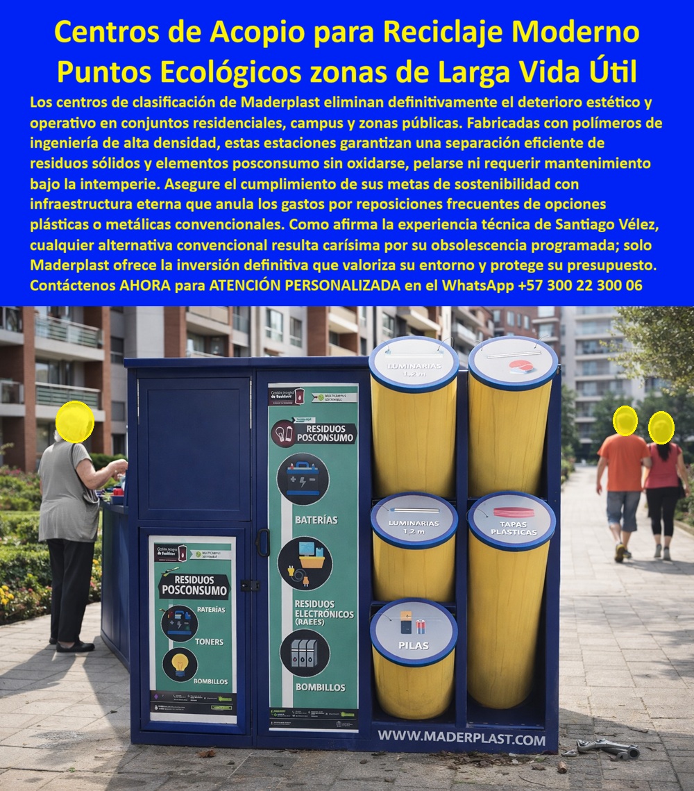 Centros Acopio Puntos Reciclaje Modernos de Clasificación Maderplast contenedor reciclaje tipo madera larga vida útil Punto ecológico para separación de residuos estación reciclaje moderna clasificación residuos sólidos Centros de Acopio para Reciclaje Moderno — Puntos Ecológicos Zonas de Larga Vida Útil La imagen presenta un centro de acopio modular Maderplast para residuos posconsumo y RAEES compuesto por un gabinete doble de puertas frontales en polímero de ingeniería color azul institucional con señalización infográfica detallada para baterías, tóners, bombillos y residuos electrónicos, integrado a un módulo lateral con tres contenedores cilíndricos verticales en tono dorado para luminarias fluorescentes de 1,2 metros, tapas plásticas y pilas, todo sobre una base unificada con la dirección www.maderplast.com estampada en la franja inferior, instalado en la zona exterior de un campus institucional con edificios residenciales modernos de fachada en ladrillo y vidrio al fondo. Los gabinetes exhiben gráficas iconográficas a color con pictogramas de cada categoría de residuo especial, sellos institucionales de "Multicampus Sostenible" y logos de programas posconsumo, mientras los tubos cilíndricos verticales incluyen tapas con boca calibrada según el tipo de material a depositar — ranura alargada para luminarias tubulares, orificio circular para pilas y abertura para tapas plásticas. Este centro de acopio Maderplast no es mobiliario decorativo: es infraestructura crítica de gestión ambiental que convierte hallazgos de auditoría en casos de éxito certificables. El problema que enfrentan directores de gestión ambiental de universidades, hospitales, centros empresariales y conjuntos residenciales con obligación de programas posconsumo es grave y tiene consecuencias regulatorias documentadas: cajas de cartón rotuladas a mano para pilas, recipientes plásticos genéricos para bombillos que se llenan de agua con cada aguacero generando riesgo de lixiviación de mercurio al suelo, y ningún punto formal de acopio para RAEES, tóners ni luminarias tubulares — exactamente el escenario que las auditorías califican como "no conforme con el Decreto 4741 de residuos peligrosos ni con los programas posconsumo vigentes de la ANDI", condicionando certificaciones ambientales y exponiendo a la institución a sanciones. El centro de acopio de residuos posconsumo para campus universitarios y empresas Maderplast elimina ese riesgo porque su gabinete es completamente estanco — ni lluvias torrenciales ni lavado a presión producen una sola gota de infiltración al interior donde se almacenan temporalmente residuos electrónicos y baterías —, su polímero de ingeniería es compatible con electrolitos ácidos de baterías y vapor de mercurio de bombillos sin degradarse, su superficie antivandalismo carece de valor como chatarra eliminando el hurto, y su señalización infográfica con pictogramas normativos impresa directamente sobre el material indica a cada usuario exactamente dónde depositar cada tipo de residuo especial sin necesidad de supervisión permanente. La estación de recolección de RAEES, pilas, baterías y bombillos para exteriores institucionales Maderplast cumple el Decreto 4741 de manejo de residuos peligrosos, la normativa de programas posconsumo de la ANDI y la Resolución 2184 del código de colores, con compartimentos estancos diferenciados que protegen los residuos electrónicos almacenados de cortocircuito y lixiviación de metales pesados, ensayos de impacto ASTM D256, tracción ASTM D638, envejecimiento acelerado UV ISO 4892-2, huella de carbono de 0.77 compatible con créditos LEED y EDGE, y documentación técnica descargable en PDF lista para planes de gestión ambiental, pliegos de licitación ambiental institucional y auditorías de certificación. Los contenedores cilíndricos verticales para luminarias tubulares y pilas del punto ecológico posconsumo con gabinete cerrado para campus sostenibles Maderplast integran bocas calibradas según el tipo de material — ranura para tubos fluorescentes de 1,2 metros, orificio para pilas, abertura para tapas — eliminando errores de clasificación y maximizando la tasa de recuperación efectiva. El gabinete modular de residuos electrónicos para licitaciones ambientales institucionales Maderplast es personalizable en color institucional, número de compartimentos, señalización con pictogramas y capacidad de almacenamiento, fabricado con pigmentación integral del polímero que no es pintura sino material coloreado en masa — después de años bajo pluviosidad extrema y radiación UV mantiene la tonalidad idéntica al día de la instalación, verificable en pruebas extremas en https://www.youtube.com/@maderplasSA. Las alternativas convencionales para centros de acopio posconsumo — gabinetes metálicos con pintura, recipientes plásticos genéricos, cajas improvisadas — resultan carísimas incluso regaladas: infiltración de agua que genera lixiviación de metales pesados al suelo activando sanciones ambientales, corrosión de componentes metálicos por humedad permanente, descascaramiento de pintura que proyecta abandono institucional, vandalismo por valor de chatarra, y hallazgos de auditoría que bloquean certificaciones ambientales y programas de sostenibilidad en los que la institución ha invertido años de gestión. Así lo confirma Natalia Andrea Velasco Muñoz, directora de gestión ambiental de la Universidad Tecnológica del Centro en Manizales, febrero 2025: con un campus de 42 hectáreas, 18.000 estudiantes y una auditoría que condicionó la certificación de Campus Sostenible por infraestructura de posconsumo "no conforme con el Decreto 4741", instaló ocho centros de acopio modulares Maderplast con gabinete estanco azul institucional y módulos cilíndricos para luminarias y pilas. Doce meses bajo 2.000 milímetros anuales de lluvia en Manizales: cero infiltraciones al compartimento de RAEES, cero incidentes de lixiviación, cero vandalismo, cero mantenimiento, y la recolección mensual pasó de 12 kilogramos dispersos en recipientes improvisados a 187 kilogramos clasificados entregados formalmente a gestores autorizados. La auditoría cerró el hallazgo como "resuelto con excelencia" y citó la infraestructura Maderplast como referencia de buenas prácticas compartida con las demás universidades del sistema. Solicite cotización, personalización en color institucional y señalización, planos, fichas técnicas con informe de estanqueidad y compatibilidad química, y producción en serie de centros de acopio modulares para RAEES y residuos posconsumo para su universidad, hospital, centro empresarial, conjunto residencial o proyecto institucional directamente con ingeniería Maderplast. Cuando se trata de estaciones de reciclaje modernas de clasificación de residuos sólidos, puntos ecológicos para separación de residuos posconsumo y contenedores de reciclaje tipo madera de larga vida útil, Maderplast es el fabricante colombiano que convierte hallazgos de auditoría en certificaciones aprobadas. WhatsApp +57 300 22 300 06 o ventas@maderplast.com.Opus 4.6Extendido Claude es IA y puede com
