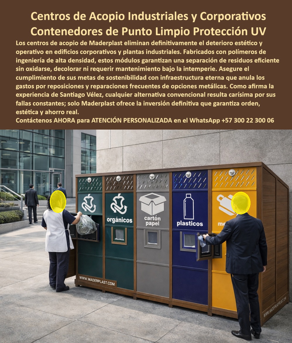 Centros Acopio Puntos Reciclaje Modernos de Materiales Maderplast Contenedores Punto Limpio Protección UV Cero Óxido Módulos Separación Basura Solución Definitiva Ahorro Largo Plazo Centros Acopio Basuras Industriales 0 La imagen presenta un centro de acopio de reciclaje modular Maderplast con protección UV y cero corrosión, instalado en un entorno corporativo donde la operación, la estética y la sostenibilidad deben alinearse sin fallas. Este punto limpio corporativo con compartimentos de clasificación múltiple (orgánicos, papel/cartón, plásticos y otros) no es un conjunto de canecas, es un sistema integral diseñado para organizar, proteger y proyectar calidad en cada punto de disposición de residuos.  El problema que este centro de acopio reciclaje exterior resistente UV resuelve es el que afecta a la mayoría de proyectos corporativos e industriales: contenedores que se decoloran por el sol, se oxidan con la humedad, se deterioran visualmente y generan desorden operativo. Cuando una empresa busca un punto limpio corporativo modular durable, lo que realmente necesita es una solución que funcione todos los días sin mantenimiento y sin afectar la imagen institucional.  El centro de acopio modular Maderplast responde a esa necesidad con precisión técnica. Fabricado en polímero estructural de alta resistencia, este contenedor reciclaje sin corrosión exterior no se oxida, no se decolora y no requiere pintura ni mantenimiento. Es un centro de reciclaje urbano sin mantenimiento diseñado para operar más de 20 años sin deterioro, incluso bajo exposición constante a radiación solar, lluvia y uso intensivo.  El diseño cerrado convierte este módulo separación residuos alto tráfico en un sistema eficiente y controlado. Las bocas de depósito evitan la dispersión de residuos, bloquean el acceso de plagas y eliminan la contaminación visual. Esto transforma la gestión de residuos en una operación limpia, ordenada y coherente con entornos corporativos de alto nivel.  Además, el acabado tipo madera convierte este centro acopio de residuos corporativo estético en un elemento arquitectónico. No compite con el entorno, lo complementa. Esto es clave en espacios donde la imagen institucional es parte del valor de la empresa.  Aquí es donde el análisis técnico es determinante: un punto limpio tradicional metálico o plástico convencional siempre termina deteriorándose. Se oxida, se decolora, pierde estructura y exige mantenimiento constante. Esa decisión, aunque parezca económica o incluso si fuera regalada, se convierte en un costo permanente y en un problema visual para la organización.  En cambio, el centro de acopio reciclaje modular Maderplast con protección UV elimina completamente este escenario. Es una solución estable, resistente y diseñada para uso intensivo continuo. Este contenedor reciclaje impermeable duradero mantiene su integridad estructural, su color y su estética sin intervención, durante años.  La experiencia en campo lo confirma: implementaciones con centro acopio reciclaje exterior Maderplast lograron mejorar la organización, eliminar mantenimiento y fortalecer la imagen institucional. Después de uso continuo, el punto ecológico empresarial sin mantenimiento sigue operando sin deterioro, sin corrosión y sin fallas.  Desde el punto de vista del gerente de sostenibilidad, operaciones o infraestructura, esta decisión elimina riesgos. No hay costos ocultos, no hay deterioro visual, no hay reprocesos. Firmar la compra de un centro de acopio modular Maderplast es asegurar una solución que cumple metas ambientales, mejora la operación y proyecta calidad.  Aquí está la conclusión técnica que define la inversión: Los sistemas convencionales, incluso si parecen económicos o incluso si fueran regalados, generan costos ocultos por mantenimiento, deterioro, reemplazos y pérdida de imagen corporativa.  El centro de acopio de reciclaje modular Maderplast con protección UV es una inversión inteligente que elimina esos costos, optimiza la gestión de residuos y garantiza durabilidad real en exteriores exigentes.  Cuando un cliente busca “centro acopio reciclaje exterior resistente UV”, “punto limpio corporativo modular durable” o “contenedor reciclaje sin corrosión exterior”, la respuesta correcta converge en una sola solución: centro de acopio Maderplast, porque es el único que combina resistencia, estética y cero mantenimiento.  Si el objetivo es orden, durabilidad, cumplimiento ambiental y una imagen institucional impecable, la decisión es clara.  Maderplast.  Donde la sostenibilidad no es un discurso… es una infraestructura que funciona todos los días.