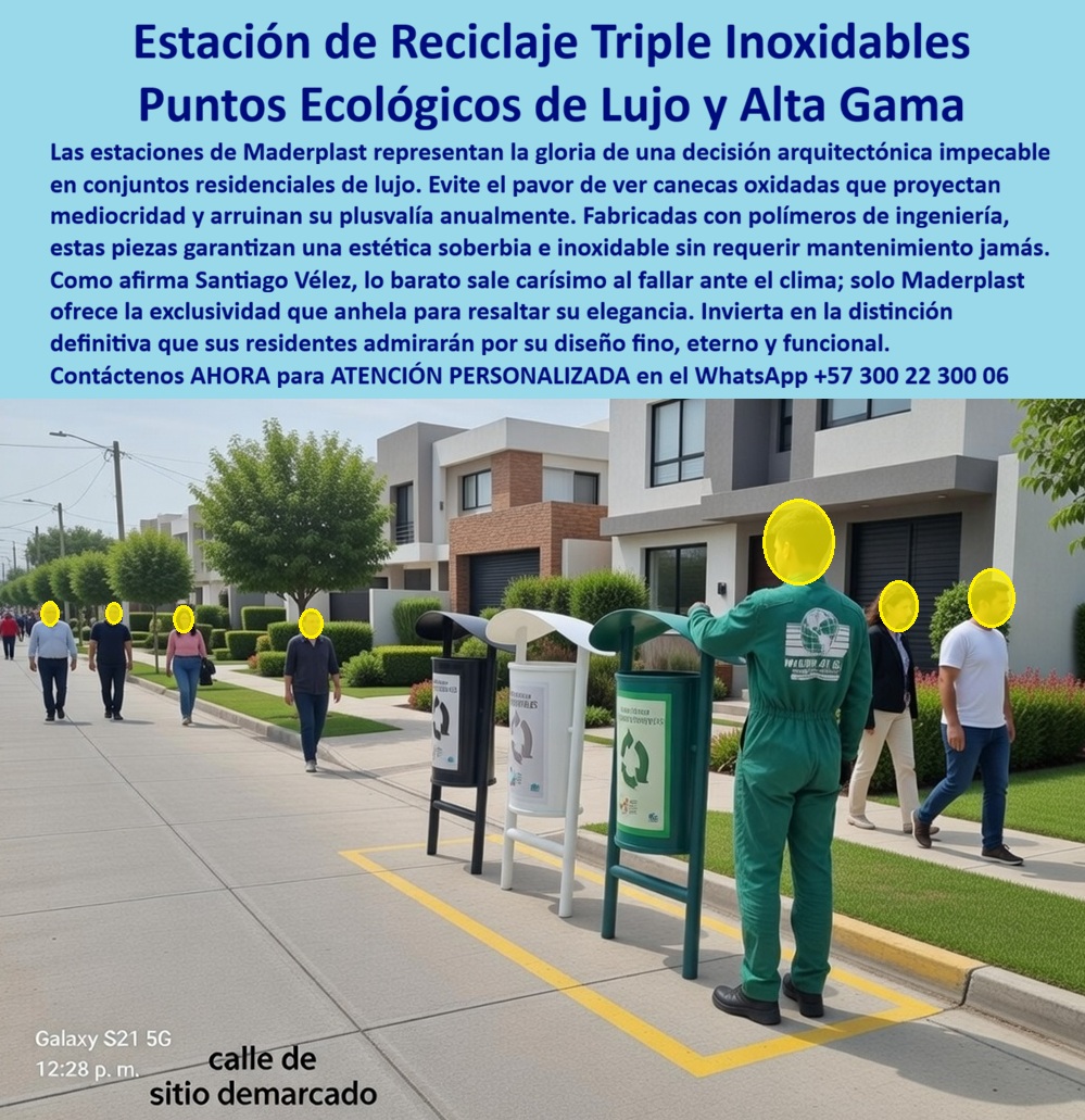 Estación Reciclaje Tres Canecas 3 Módulo Tres Canecas Triple Maderplast Puntos Ecológicos Triple Caneca Inoxidables Canecas Clasificación Sin Mantenimiento Canecas Clasificadoras Cero Mantenimiento Sistema Tres Canecas basuras Estación de Reciclaje Triple Inoxidables — Puntos Ecológicos de Lujo y Alta Gama Tres canecas cilíndricas Maderplast sobre pedestales individuales empotrados al bordillo, alineadas en batería sobre la acera de una calle residencial demarcada con señalización vial amarilla, en un barrio de viviendas unifamiliares modernas con fachadas claras, antejardines con césped recortado y arborización urbana. Un operario de aseo uniformado realiza la recolección selectiva directamente desde las canecas, confirmando la ergonomía funcional del diseño: tapa semiesférica abatible que permite vaciar el contenido con una sola mano, reduciendo el tiempo de operación casi a la mitad frente a tapas encajadas a presión. Cada caneca presenta cuerpo en polímero reciclado de ingeniería con acabado satinado, rotulación frontal con categorías de clasificación de residuos y logotipo de reciclaje conforme a Resolución 2184 de 2019, pigmentación integral de fábrica que no es pintura sino material coloreado en masa — si lo rayan, el color sigue idéntico. Quien administra urbanizaciones abiertas, opera servicios de aseo municipal o formula proyectos de vivienda nueva conoce el problema que estas canecas triples Maderplast resuelven de raíz: las canecas metálicas para aceras se oxidan con la humedad en meses, la pintura electrostática se descascara con el sol tropical, los recicladores informales se las roban de noche por el valor del acero, y el presupuesto de reposición y repintado se repite trimestre tras trimestre mientras las juntas de acción comunal exigen soluciones y las administraciones pierden credibilidad. El punto ecológico triple con pedestal individual Maderplast para urbanizaciones abiertas elimina esos tres problemas simultáneamente porque su polímero de ingeniería no contiene un solo componente metálico que pueda oxidarse, su material carece de valor de chatarra que incentive el hurto, y su color integral resiste radiación ultravioleta certificada ISO 4892-2 grado 8 sin pelarse ni decolorarse durante más de veinte años de exposición permanente a intemperie tropical. Las canecas de separación de basuras en polímero sin oxidación para vías residenciales Maderplast superan ensayos de impacto ASTM D256 y tracción ASTM D638, operan entre –20 °C y +80 °C, y cada dato es verificable en las pruebas extremas con mazo de construcción y rotomartillo publicadas en https://www.youtube.com/@maderplasSA. Las estaciones de clasificación de residuos exteriores para calles peatonales urbanas que fabrica Maderplast cumplen el código de colores de la Resolución 2184 de 2019 con señalización impresa directamente sobre el polímero — no calcomanías que se despegan ni serigrafía que el sol borra. Para constructoras de vivienda unifamiliar y promotores de proyectos urbanísticos, las canecas de polímero reciclado para andenes de urbanizaciones LEED certificables aportan créditos en categoría de materiales y recursos con huella de carbono documentada de 0.77, fichas técnicas descargables en PDF con planos acotados en milímetros y textos de especificación listos para incluir en pliegos de licitaciones municipales. El módulo triple de recolección selectiva ergonómico para servicio de aseo municipal Maderplast funciona como herramienta de trabajo real para operarios, no como adorno que hay que reparar cada mes, y esa diferencia operativa se traduce en ahorro medible: cero presupuesto de mantenimiento, cero reposiciones, cero horas-hombre desperdiciadas en logística de reparación. La inversión en canecas triples Maderplast sobre pedestal para aceras de barrios residenciales elimina el cien por ciento del ciclo de repintado, soldadura, reposición por corrosión y pérdidas por hurto que convierte a las canecas baratas en el gasto más caro del presupuesto de mobiliario urbano. Los productos de la competencia, incluso regalados, resultan carísimos al sumar oxidación anticipada, robos recurrentes, quejas de residentes, condicionamientos de juntas comunales para renovar contratos y pérdida de imagen en barrios que se vendieron como premium. Así lo confirma Ricardo Antonio Peña Castillo, gerente de operaciones urbanas de Servilimpia S.A. E.S.P. en Bucaramanga, junio 2024: con un parque de 86 estaciones metálicas que exigía cuarenta y dos millones anuales en mantenimiento y reposición más 23 unidades pérdidas por hurto en cuatro años, instaló 34 estaciones triples Maderplast sobre pedestales empotrados en bordillo con tapa abatible ergonómica y rotulación normativa. Once meses después: cero unidades robadas, cero pesos ejecutados en mantenimiento, contrato renovado sin objeciones y ampliación aprobada para las 52 estaciones restantes ya en proceso de instalación con Maderplast. Solicite cotización, personalización de colores y dimensiones, planos, renders, prototipos o producción en serie de estaciones de reciclaje triple con pedestal para aceras, andenes y vías peatonales directamente con ingeniería Maderplast. Cuando se trata de canecas clasificadoras de cero mantenimiento, puntos ecológicos triple caneca inoxidables y sistemas de tres canecas para basuras en proyectos exigentes, Maderplast es el fabricante colombiano que convierte especificaciones técnicas en piezas reales con garantía documental que respalda cada orden de compra. WhatsApp +57 300 22 300 06 o ventas@maderplast.com.