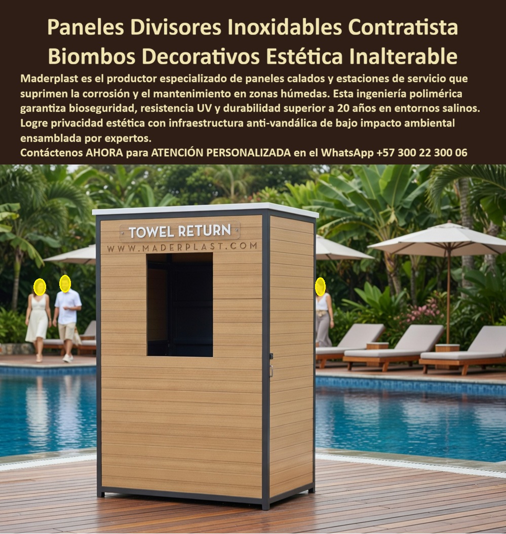 Biombos Divisores de Ambientes Hoteleros Paneles Decorativos Maderplast Hoteleros Paneles Calados Resistentes Duraderos Separadores Decorativos Perforados Hoteleros Resistentes Sin Mantenimiento Paneles perforados decorando piscinas Biombos 0