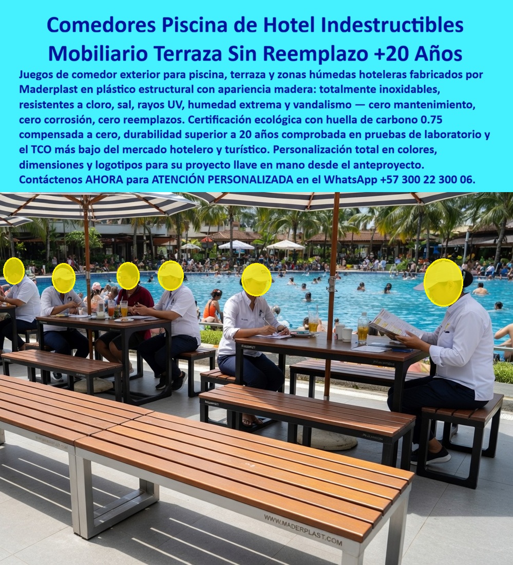 Juegos Comedor Exterior Piscina Mobiliario Terrazas Hoteleras Maderplast Mobiliario turístico sin reemplazos soportando clima muy fuerte Comedores Terraza Piscina Inoxidables Permanentes Muebles piscina hotel resistentes químicos humedad lago