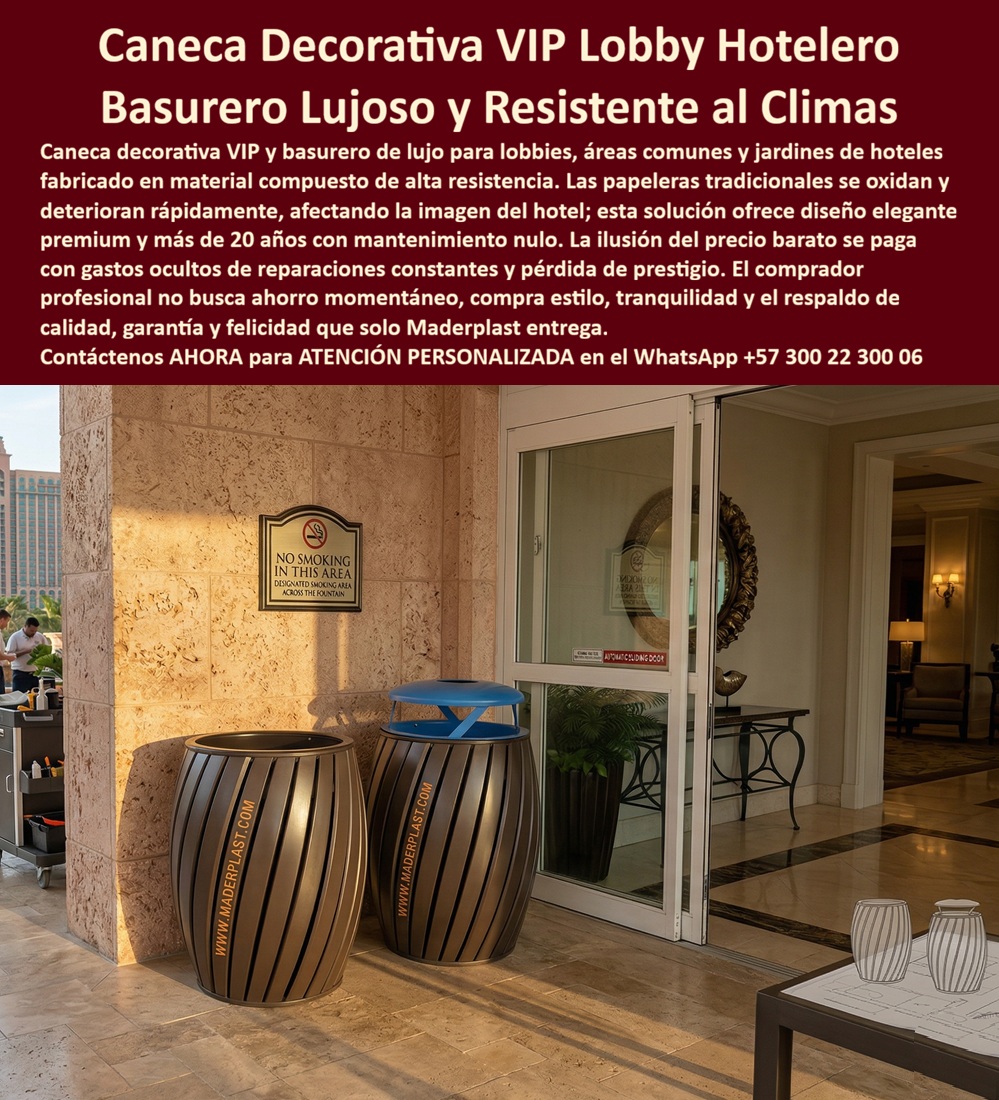 Papeleras Decorativas Lobby Hotel Canecas Vip Basureros Maderplast Basureros decorativos recolectando residuos larga duración Basureros lujosos altamente resistentes Papeleras Hoteleras Decorativas Resistentes Puntos ecológicos evitan oxidar