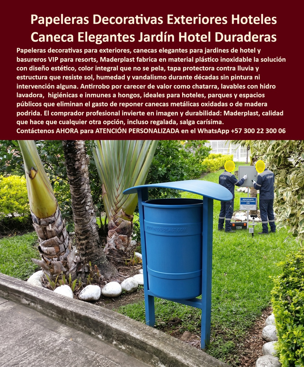 Papeleras Decorativas Lobby Hotel Canecas Vip Basureros Maderplast Papeleras Exteriores Hoteleras Resistentes Papeleras hoteleras elegantes eliminan desorden diseño decorativo Potes decorativos previenen daños equipando hoteles muy duraderos