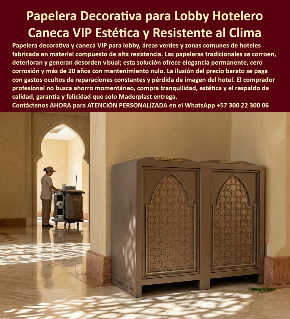 Papeleras Decorativas Lobby Hotel Canecas Vip Basureros Maderplast Puntos ecológicos hotel evitan desorden ambiental solución estética resistente Papeleras Áreas Verdes Hoteleras Resistentes Canecas de Basura Hoteleras Inoxidables Duraderas 0